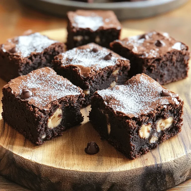 To make fudgy brownies, you need the following ingredients: - 1 cup (230g) unsalted butter - 2 cups (400g) granulated sugar - 4 large eggs - 1 teaspoon vanilla extract - 1 cup (125g) all-purpose flour - 1 cup (90g) unsweetened cocoa powder - 1/2 teaspoon salt - 1/2 teaspoon baking powder - 1 cup (150g) chocolate chips (semi-sweet or dark) - 1/2 cup (75g) chopped walnuts or pecans (optional) The butter is key for rich flavor and soft texture. It helps the brownies stay moist. Granulated sugar adds sweetness and helps create that shiny top. Eggs give structure and keep the brownies fudgy. Vanilla extract adds depth to the flavor. Cocoa powder is a must for chocolate richness. The flour adds structure, but we use less of it for a fudgier result. Salt balances the sweetness and boosts flavor. Baking powder lifts the brownies slightly. Chocolate chips are great for added melty bites. You can add walnuts or pecans for crunch and flavor. These ingredients come together to create a perfect fudgy brownie. You can swap butter with coconut oil for a dairy-free option. Brown sugar can replace granulated sugar for more moisture. If you need an egg-free version, use unsweetened applesauce or flaxseed meal mixed with water. For gluten-free brownies, use a gluten-free all-purpose flour mix. You can use cacao powder instead of cocoa powder if you want a lighter chocolate flavor. These substitutions will change the texture and taste, but your brownies will still be delicious. 1. First, preheat your oven to 350°F (175°C). This step ensures even baking. 2. Grease a 9x13 inch (23x33 cm) baking pan. Line it with parchment paper. Leave some paper hanging over the sides. This helps you lift the brownies out later. 3. Next, melt 1 cup (230g) of unsalted butter in a medium saucepan over low heat. 4. Once melted, take it off the heat. Stir in 2 cups (400g) of granulated sugar until it mixes well. 5. Let the mixture cool a bit. Then, add 4 large eggs one at a time. Whisk them in well. 6. Add 1 teaspoon of vanilla extract for flavor. Mix until smooth. 7. In another bowl, whisk together 1 cup (125g) of all-purpose flour, 1 cup (90g) of unsweetened cocoa powder, 1/2 teaspoon of salt, and 1/2 teaspoon of baking powder. 8. Slowly add the dry mix to the wet mix. Stir gently to combine. Avoid overmixing to keep the brownies fudgy. 9. Fold in 1 cup (150g) of chocolate chips. If you like nuts, add 1/2 cup (75g) of chopped walnuts or pecans here. 10. Pour the brownie batter into the pan. Spread it out evenly. 11. Bake for 25-30 minutes. Check with a toothpick. It should come out with a few moist crumbs but not wet batter. Overbaking can make them dry. 12. After baking, let brownies cool in the pan for about 15 minutes. 13. Lift them out using the parchment paper. Transfer to a wire rack to cool completely. 14. Once cooled, cut them into squares. Serve them plain or with a dusting of powdered sugar. Add a scoop of vanilla ice cream for a treat. By following these steps closely, you will create fudgy brownies that are rich and decadent. Enjoy the process and the delicious results! To get fudgy brownies, focus on the right balance of ingredients. Use more butter and sugar than flour. This tip keeps your brownies moist and rich. Avoid overmixing the batter; mix just until combined. This keeps the texture soft. Bake at 350°F (175°C) for 25 to 30 minutes. A toothpick should come out with a few moist crumbs. This shows your brownies are perfectly fudgy. Many people overbake their brownies. This makes them dry instead of fudgy. Always check with a toothpick a few minutes before the time is up. Another mistake is using cold eggs. Cold eggs can affect how well they mix. Let them sit at room temperature for a bit. Lastly, don’t skip the cooling step. Letting them cool helps set the texture before cutting. Using high-quality ingredients makes a big difference. Choose real unsalted butter for a rich taste. Use pure vanilla extract, not imitation, for better flavor. For cocoa powder, select a good brand for depth in taste. Semi-sweet or dark chocolate chips add a lovely richness. If you like nuts, choose fresh walnuts or pecans. This adds a crunchy texture that pairs well with the fudginess. {{image_2}} You can add a crunchy twist to your fudgy brownies. Nuts like walnuts or pecans work great. They add texture and flavor. Just chop them into small pieces. Fold in about half a cup into the batter. You can also try chocolate chunks or even dried fruit for a unique taste. While fudgy brownies are rich on their own, frosting can take them to the next level. A simple chocolate ganache is a popular choice. Just heat heavy cream and pour it over chocolate chips. Stir until smooth, then spread it on top of the cooled brownies. Cream cheese frosting also adds a nice tang. You can even sprinkle some sea salt on top for a sweet and salty mix. Adding flavors can make your brownies special. For mint, add a teaspoon of mint extract to the batter. This gives a fresh twist. If you love coffee, use espresso powder. Just one teaspoon can deepen the chocolate flavor. You can also try orange zest for a citrus kick. Experiment with these flavors to find your favorite combo! To keep your fudgy brownies tasty, store them in an airtight container. This helps keep them moist and fresh. You can line the container with parchment paper to avoid sticking. Always let the brownies cool completely before sealing. If you live in a warm place, keep them in the fridge. This stops them from melting or getting too soft. Freezing brownies is easy and a great way to save them. First, let the brownies cool down fully. Then, cut them into squares. Wrap each square tightly in plastic wrap. Place them in a freezer bag or container. Label with the date. To reheat, take out a square and let it sit at room temperature for about 30 minutes. Then, warm it in the microwave for 10-15 seconds or until soft. When stored properly, fudgy brownies last about 3 days at room temperature. If you keep them in the fridge, they can last up to a week. In the freezer, they stay good for about 3 months. Just remember, the fresher they are, the better they taste! A fudgy brownie has a dense and moist texture. This comes from using more fat and less flour. In our recipe, the butter and eggs create this rich feel. The chocolate chips add extra gooeyness. Mixing gently also helps keep that fudgy texture. Yes, you can make fudgy brownies without eggs. You can use applesauce or mashed bananas as substitutes. Use 1/4 cup of either for each egg you replace. This keeps the brownies moist and adds natural sweetness. You can also use flaxseed meal mixed with water for a similar effect. To check if your brownies are done, use a toothpick. Insert it into the center of the brownies. If it comes out with a few moist crumbs, they are ready. If it comes out clean, they may be overbaked. Remember, they will continue to cook while cooling. Fudgy brownies are simple to make and delicious. We covered key ingredients, steps, and tips for baking. You learned how to avoid mistakes and enhance flavors. Using good ingredients is vital for the best taste. Remember, experimenting with mix-ins, frostings, and flavors can make your brownies special. Store them right to keep them fresh. Keep practicing to master fudginess, and soon you’ll impress everyone with your brownies. Enjoy baking, and share your tasty results!