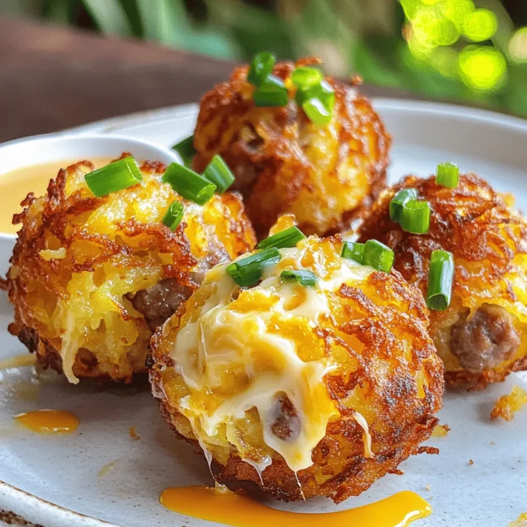 To make crispy hashbrown sausage bites, you need the following ingredients: - 2 large russet potatoes, peeled and grated - 1 cup cooked breakfast sausage, crumbled - 1/2 cup cheddar cheese, shredded - 1/4 cup green onions, finely chopped - 1 large egg - 3 tablespoons all-purpose flour - 1 teaspoon garlic powder - 1/2 teaspoon paprika - Salt and pepper to taste - Oil for frying If you want to change things up, you can try these substitutions: - Use sweet potatoes instead of russet potatoes for a sweeter flavor. - Swap out breakfast sausage for turkey or chicken sausage for a leaner option. - Instead of cheddar cheese, use mozzarella or pepper jack for different tastes. - Green onions can be replaced with chives or shallots for a milder flavor. To make these bites, gather these tools: - A large mixing bowl for combining ingredients. - A small bowl for whisking the egg mixture. - A skillet for frying the bites. - A grater for the potatoes. - A spatula for flipping the bites. - Paper towels for draining excess oil. With these ingredients and tools, you will be ready to make delicious crispy hashbrown sausage bites! First, peel and grate the russet potatoes. Grating them makes them crispy. Soak the grated potatoes in cold water for 10 minutes. This step removes excess starch. Drain the potatoes well after soaking. Use a clean kitchen towel to pat them dry. This helps them crisp up when cooking. In a large bowl, combine the grated potatoes with the crumbled sausage. Next, add the shredded cheddar cheese and chopped green onions. In a separate small bowl, whisk the egg, flour, garlic powder, paprika, salt, and pepper. Pour this mixture over the potato mixture. Stir well until everything is evenly coated. You want to ensure every bite is tasty. Heat oil in a large skillet over medium heat. You need enough oil to cover the bottom. Take small portions of the mixture, about 2 tablespoons each. Flatten these slightly to form patties. Carefully place them in the hot oil. Be sure not to overcrowd the pan. Fry the patties for about 3-4 minutes on each side. Look for a golden brown and crispy texture. Adjust the heat as needed to prevent burning. Once done, transfer the bites to a paper towel-lined plate. This will drain excess oil. Serve them warm with your favorite dipping sauce or enjoy them plain. To get that perfect crisp, start by soaking your grated potatoes. Soak them in cold water for 10 minutes. This step removes excess starch. After soaking, drain and dry the potatoes well. Use a clean towel to pat them dry. The less moisture, the better they fry! When frying, use enough oil to cover the bottom of the skillet. This helps them cook evenly and get crispy. These crispy hashbrown sausage bites shine on their own. However, a good dip can make them even better! Try serving them with ketchup, ranch, or spicy mustard. You can also make a simple dip with sour cream and chives. Pair these bites with a fresh salad or fruit for a complete meal. They work great as party snacks or appetizers too! Avoid overcrowding the pan when cooking. If you add too many bites, they won’t crisp up. Cook in batches if needed. Another mistake is not drying the potatoes well. Wet potatoes lead to soggy bites. Lastly, don’t skip the seasoning. Salt and pepper are essential for flavor. {{image_2}} If you want a meatless option, swap the sausage for a veggie mix. You can use cooked mushrooms or diced bell peppers. Both add great flavor. You can also use black beans for protein. This keeps the bites hearty and satisfying without meat. Cheese can really change the taste of these bites. Instead of cheddar, try mozzarella for a gooey melt. You can also use pepper jack for a spicy kick. Feta cheese gives a nice tangy flavor, too. Experiment with what you like best! You can add local flavors to these bites. For a Southwest twist, add corn and jalapeños. For a Mediterranean flair, toss in some olives and oregano. You can even try a barbecue version with BBQ sauce and smoked sausage. The options are endless! To keep your crispy hashbrown sausage bites fresh, let them cool completely. Place them in an airtight container. You can store them in the fridge for up to three days. Make sure they are not stacked too high. This prevents them from getting soggy. To reheat, use an oven or an air fryer. Preheat the oven to 350°F. Place the bites on a baking sheet and warm them for about 10 minutes. This helps them regain their crispness. If using an air fryer, cook at 350°F for about 5 minutes. Avoid using the microwave, as it makes them soft. You can freeze these bites for later. After cooling, lay them flat on a baking sheet and freeze until solid. Then, transfer them to a freezer bag. They can last up to three months in the freezer. When ready to eat, cook from frozen in the oven or air fryer. This makes for a quick and tasty snack! The best potatoes for hashbrowns are russet potatoes. Their high starch content helps make the hashbrowns crispy. You want to peel and grate them before soaking. Soaking removes excess starch and makes them crispier. Yes, you can bake these hashbrown sausage bites. To do this, preheat your oven to 400°F (200°C). Place the patties on a baking sheet lined with parchment paper. Brush them lightly with oil. Bake for about 25-30 minutes. Turn them halfway through for even crispiness. To prevent the bites from falling apart, make sure to squeeze out excess water from the grated potatoes. Use a clean kitchen towel for this. Adding an egg and some flour helps bind the mixture. Don't overcrowd the pan while frying. Cook in batches for best results. You learned about the key ingredients and tools for making hashbrown sausage bites. We explored step-by-step instructions to prepare, mix, and cook these delicious snacks. I shared tips for the best texture and tasty serving ideas. You also discovered fun variations and how to store leftovers. In conclusion, making hashbrown sausage bites is easy and fun. With these tips, you can impress friends and family every time. Enjoy the cooking process!