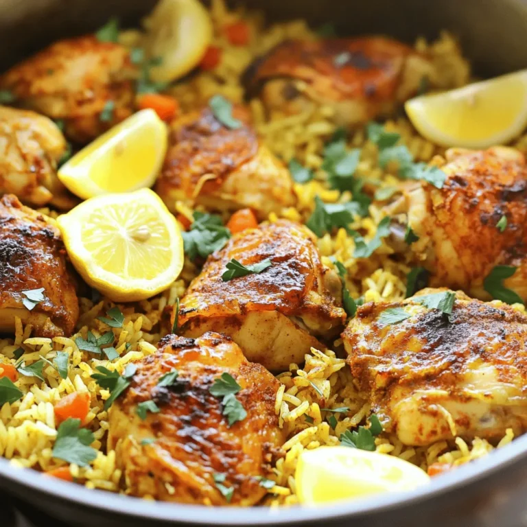 - Chicken thighs (1.5 lbs, boneless and skinless) - Basmati rice (2 cups, rinsed) - Onion and garlic (1 large onion, 4 cloves garlic) - Ground cumin (1 tablespoon) - Paprika (1 tablespoon) - Ground turmeric (1 teaspoon) - Ground cinnamon (1 teaspoon) - Cayenne pepper (½ teaspoon) - Chicken broth (3 cups) - Olive oil (2 tablespoons) - Garnishes (fresh parsley and lemon wedges) To make my savory One-Pot Shawarma Chicken and Rice, I start with the main ingredients. First, I choose 1.5 pounds of chicken thighs. I prefer them boneless and skinless for easy cooking. Next, I take 2 cups of basmati rice. Rinsing the rice helps remove excess starch and keeps it fluffy. I also add one large onion and four cloves of garlic. Chopping these finely brings out their flavors. Next come the spices and seasonings. I measure one tablespoon of ground cumin and one tablespoon of paprika. These spices give the dish its warm, rich taste. I also add one teaspoon of ground turmeric for color and health benefits. Then, I sprinkle in one teaspoon of ground cinnamon. This spice adds a sweet note. For some heat, I add half a teaspoon of cayenne pepper. You can adjust this spice to your liking. For the additional ingredients, I use three cups of chicken broth. This broth adds depth and moisture to the dish. I also need two tablespoons of olive oil for cooking. Finally, I prepare garnishes. Fresh parsley adds a nice touch, while lemon wedges give a zesty finish. 1. Start by heating two tablespoons of olive oil in a large pot over medium heat. 2. Next, add one large onion, finely chopped, and four minced garlic cloves. Sauté them for about 3-4 minutes. You want them soft and fragrant. 3. Now, stir in 1.5 pounds of boneless, skinless chicken thighs cut into bite-sized pieces. Add one tablespoon of ground cumin, one tablespoon of paprika, one teaspoon of ground turmeric, one teaspoon of ground cinnamon, and ½ teaspoon of cayenne pepper. 4. Season with salt and pepper. Cook for 5-7 minutes until the chicken is browned on all sides. 1. Once the chicken is brown, stir in 2 cups of rinsed basmati rice until well combined. 2. Carefully pour in 3 cups of chicken broth. Bring it to a boil. 1. After it boils, reduce the heat to low. Cover the pot and let it simmer for 20-25 minutes. The rice should absorb all the liquid and become tender. 2. After cooking, remove the pot from heat. Let it sit, covered, for 5 minutes before serving. Fluff the rice with a fork, adjust seasoning if needed, and serve your delicious Shawarma Chicken and Rice! To get the best flavor from your One-Pot Shawarma Chicken and Rice, adjust the spiciness with cayenne pepper. If you like it hotter, add more. If you prefer milder, use less. You can also change the salt and pepper to fit your taste. Experiment with cumin, paprika, and turmeric until it feels just right for you. I recommend using a Dutch oven for cooking. It helps the heat spread evenly, giving you a perfect meal. After cooking, fluff the rice with a fork for the best texture. This step makes the rice light and separates the grains, so it doesn't clump together. For a rustic look, serve the dish directly from the pot. It looks inviting and keeps the food warm. If you prefer, plate it individually. Add lemon wedges on the side for a pop of color and a burst of fresh flavor. Squeezing lemon juice over the dish enhances the taste and makes it look appealing. {{image_2}} You can change the protein in this dish. Try using chicken breast instead of thighs. Chicken breast is leaner and cooks faster. It will still taste great with the spices. For a vegetarian option, use chickpeas. Chickpeas add protein and fiber. They soak up the shawarma flavors well. If you want to switch the rice, consider quinoa or jasmine rice. Quinoa is a healthy choice, full of protein. Jasmine rice has a lovely aroma and texture. For a low-carb option, use cauliflower rice. It cooks quickly and absorbs flavors nicely. This swap keeps the dish light and fresh. To make the dish even better, add some veggies. Bell peppers or peas work well. They add color and nutrition. You can also top your dish with yogurt or tahini. Both options add creaminess and a tangy taste. These little changes can make a big difference in flavor. You can store leftover Shawarma Chicken and Rice in the fridge for up to three days. To keep it fresh, place it in an airtight container. This helps lock in flavors and moisture. Make sure to let it cool down before sealing to prevent condensation. For longer storage, you can freeze this dish for up to three months. Let it cool completely before transferring it to a freezer-safe container. Be sure to label it with the date. When you are ready to eat, thaw it overnight in the fridge. For the best texture, reheat it on the stove with a splash of chicken broth. This keeps the rice from drying out. Batch cooking is a great way to save time. You can double the recipe and store extra portions for later. Use meal prep containers for easy storage and portion control. This way, you can grab a meal and heat it quickly during your busy week. Yes, you can use other rice types. Jasmine rice works well. You can also use brown rice for a healthier option. If you choose brown rice, you will need more broth and a longer cooking time. Adjust the liquid to 3.5 cups and cook for about 30-35 minutes. Yes, you can make this dish gluten-free. Use gluten-free chicken broth. Most spices are gluten-free, but check labels just in case. Avoid any pre-made spice mixes that may contain gluten. To add heat, try using more cayenne pepper. Start with one teaspoon and adjust to taste. You can also add chopped jalapeños or red pepper flakes. For a different flavor, consider using harissa paste in the cooking process. This blog post highlighted a flavorful chicken and rice dish. We discussed key ingredients like chicken thighs, basmati rice, and essential spices. You learned step-by-step cooking instructions to ensure great results. I offered tips for enhancing flavor, various ingredient swaps, and storage advice. Incorporating these elements will help you create a delicious meal tailored to your taste. Enjoy experimenting with flavors and don’t hesitate to make it your own!