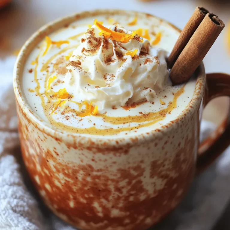 - 2 cups milk (whole milk or your choice) - 1 cup heavy cream - 1 cup pumpkin puree (canned or homemade) - 1 cup white chocolate chips - 1 teaspoon vanilla extract - 1 teaspoon pumpkin pie spice - 1/4 teaspoon ground cinnamon - 1/4 cup maple syrup (adjust for sweetness) - Pinch of salt - Whipped cream for topping - Ground cinnamon or nutmeg for garnish Gather these ingredients to make the best Pumpkin White Hot Chocolate. You can choose any type of milk you like. Whole milk gives a rich flavor, while non-dairy options work too. I love adding heavy cream. It makes the drink creamy and smooth. Next, pumpkin puree is key. You can use canned or homemade. The flavor is all in the puree! White chocolate chips melt perfectly and add sweetness. Don't forget vanilla extract! It adds a warm, inviting flavor. Pumpkin pie spice is a must for that fall taste. A little bit of ground cinnamon gives extra warmth. Maple syrup sweetens the mix, but feel free to adjust it. Always add a pinch of salt. It helps balance the flavors. Finally, whipped cream on top will make it look pretty. A sprinkle of cinnamon or nutmeg is the finishing touch. Now that you have your list, you’re ready to create a cozy drink that warms the soul! In a slow cooker, you will start by mixing the key ingredients. Add 2 cups of milk and 1 cup of heavy cream. Then, include 1 cup of pumpkin puree and 1 cup of white chocolate chips. Next, pour in 1 teaspoon of vanilla extract and 1 teaspoon of pumpkin pie spice. Finally, add a pinch of salt and 1/4 teaspoon of ground cinnamon. Stir everything until the white chocolate chips start to melt and the mix is smooth. After combining the ingredients, set your slow cooker to 'low' heat. Cover it and let the mix cook for about 2 hours. Stir occasionally to help everything heat evenly and to stop it from sticking. This way, you get a creamy texture that everyone will love. Once the mix is hot and the chocolate is fully melted, it’s time to serve. Before ladling, taste it and adjust the sweetness by adding more maple syrup if you like. Use a ladle to pour the hot chocolate into mugs. Top each mug with whipped cream and sprinkle some ground cinnamon or nutmeg on top. This adds a lovely touch and makes it look beautiful. To make your pumpkin white hot chocolate just right, adjust the maple syrup. You can add more or less based on how sweet you want it. A little taste test goes a long way. Stir the pot regularly. This helps keep the chocolate from sticking to the bottom. It also makes sure all the flavors mix well. Make your drinks look fun by using cinnamon sticks as stirring straws. They add a nice touch and a bit of extra flavor. You can also add orange zest on top of your whipped cream. It gives a bright color and a fresh taste. These small details make your drink extra special! {{image_2}} If you want a dairy-free treat, it's easy to switch things up. Use almond or oat milk instead of regular milk. Both options create a creamy base without dairy. You can also choose dairy-free white chocolate chips. They melt well and keep the sweet taste intact. To add more warmth and spice, try a dash of nutmeg or cloves. These spices boost the flavor and make it cozier. You can also experiment with flavored syrups. Maple or caramel syrup can add a sweet twist. Just drizzle in a little and taste as you go. After enjoying your Pumpkin White Hot Chocolate, store any leftovers in an airtight container. The fridge is the best spot. I suggest you consume it within 3-5 days for the best flavor. If you wait too long, the taste may change. When you want to enjoy it again, you can heat it in the slow cooker or on the stove. If you use the stove, keep the heat low. Stir gently to mix everything before serving. This way, you will keep the yummy taste and creamy texture. Yes, you can use fresh pumpkin. To make your own pumpkin puree, start with a small pumpkin. Cut it in half, scoop out the seeds, and roast the halves in the oven until soft. This usually takes about 45 minutes at 350°F. Once it's cool, scoop the flesh into a blender and blend until smooth. This fresh puree will add a lovely taste to your Pumpkin White Hot Chocolate. Making this recipe vegan is simple. Use almond milk, oat milk, or coconut milk in place of regular milk and cream. For the white chocolate, choose dairy-free white chocolate chips. This way, you can enjoy the same creamy and rich flavor without dairy. Pair your hot chocolate with fun snacks. Cinnamon rolls or pumpkin muffins make great choices. You can also serve it with cookies, like ginger snaps or snickerdoodles. If you want something lighter, try it with apple slices. Each pairing adds a tasty touch to your warm drink. You now have a tasty drink recipe that warms the heart. We covered the key ingredients, clear steps, and creative tips to make your drink even better. Remember, adjusting the sweetness lets you make it just right for you. Feel free to try different flavors or toppings. Enjoy this cozy drink with friends or family. It’s perfect for fall or anytime you need a warm hug in a mug.