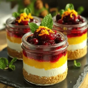 - 1 cup graham cracker crumbs - 4 tablespoons unsalted butter, melted - 16 oz cream cheese, softened - ½ cup granulated sugar - 1 teaspoon vanilla extract - 2 cups heavy cream - 1 cup fresh cranberries, halved - ½ cup orange juice - Zest of 1 orange - ¼ cup powdered sugar - Fresh mint leaves for garnish I love this list of ingredients. Each one plays a role in the joy of this dessert. The graham cracker crumbs form a sweet base. They give a nice crunch. The unsalted butter helps bind the crust together. Cream cheese is the star. It's rich and smooth, providing the cheesecake's creamy texture. Granulated sugar adds sweetness. The vanilla extract brings warmth to the flavor. Heavy cream is key. It makes the filling light and fluffy. Fresh cranberries add a burst of tartness. I love using halved cranberries. They look beautiful and taste great. Orange juice and zest brightens the dessert. They add a citrus punch that balances the sweetness. Powdered sugar is perfect for the topping, bringing it all together. Finally, fresh mint leaves are for garnish. They add a pop of green and freshness. Each ingredient matters, making this dessert a true delight. - In a medium bowl, mix 1 cup of graham cracker crumbs with 4 tablespoons of melted unsalted butter. Stir until combined. - Spoon about 2 tablespoons of this mixture into each jar. Press down gently to form a crust layer. - In a large mixing bowl, beat 16 oz of softened cream cheese, ½ cup of granulated sugar, and 1 teaspoon of vanilla extract. Mix until smooth and creamy. - In another bowl, whip 2 cups of heavy cream until soft peaks form. This adds lightness to the filling. - Carefully fold the whipped cream into the cream cheese mix. This step makes the filling fluffy. - In a small saucepan, combine 1 cup of halved fresh cranberries and ½ cup of orange juice. Add half of the zest from 1 orange. - Cook over medium heat for about 5-7 minutes, until the cranberries break down and release their juices. Let the mixture cool before using. - Start layering by adding a layer of the cheesecake filling over the crust in each jar. Fill them halfway. - Next, add a layer of the cranberry-orange mixture. Repeat the cheesecake layer until the jars are full. - Finish with a dollop of the cranberry mixture on top and a sprinkle of the remaining orange zest. This adds a nice touch. - Place the filled jars in the fridge. Chill for at least 4 hours, or overnight if you can wait. This helps the flavors meld together, making each bite even better. To get a smooth cheesecake filling, start with softened cream cheese. Beat it well with sugar and vanilla until creamy. This helps avoid lumps. If you notice any lumps, keep mixing until smooth. To prevent cracks, do not overmix the filling. Overmixing adds air that can cause cracks while baking. Want to boost flavor? You can add a bit of lemon juice or almond extract. These flavors mix well with orange and cranberry. To adjust sweetness, taste the filling before you layer it. If it’s too sweet, add a small pinch of salt. This balances flavors and can cut through the sweetness. Garnishing your jars really makes a difference. I love using fresh mint leaves. They add color and a nice touch of flavor. When serving, place the jars on a pretty plate. This elevates the look. You can even add a few whole cranberries or orange slices on the side for extra flair. {{image_2}} You can change the fruit for fun. Berries like strawberries or blueberries add color. Tropical fruits, such as mango or pineapple, give a sweet twist. Combine different fruits for unique flavors. A mix of cranberries and raspberries can add a tart kick. Try different cookies for the crust. Chocolate cookies give a rich taste. Vanilla wafers bring a light flavor. For gluten-free options, use gluten-free graham crackers or almond flour. These changes keep the dessert tasty for everyone. To make this dessert vegan, swap cream cheese for cashew cream or coconut yogurt. Use coconut cream instead of heavy cream. Maple syrup can replace sugar for a natural sweetener. Adjust the mixing method to blend well without dairy. These swaps keep the yummy taste while meeting dietary needs. To keep your cranberry orange cheesecake jars fresh, store them in the fridge. Use an airtight container or cover the jars tightly. They should stay good for up to five days in the refrigerator. If you want to keep them longer, freezing is an option. Just make sure to use freezer-safe jars. To freeze, leave some space at the top of each jar. This space allows for expansion as the filling freezes. These cheesecake jars stay fresh for about five days in the fridge. If frozen, they can last up to three months. Always check for signs of spoilage. If you notice any off smells, discoloration, or mold, it's best to throw them away. Keeping your jars sealed tight helps prevent spoilage and keeps flavors intact. Yes, you can make these jars ahead of time. I often prepare them a day before serving. This helps the flavors blend for a tasty treat. These jars last about 3 to 5 days in the fridge. Just keep them covered to stay fresh. You can enjoy them throughout the week for a sweet snack. If you need a substitute, use mascarpone cheese or a dairy-free cream cheese. Both will give you a smooth texture and great taste. Just make sure they are softened before mixing. Yes, you can prepare the crust ahead of time. Just store it in an airtight container. When you're ready, layer it in the jars for easy assembly. To avoid separation, mix the whipped cream gently into the cream cheese. This keeps the mix light and fluffy. Also, chill the jars well before serving for best results. This blog post covered the key steps to make delicious cranberry-orange cheesecake jars. We discussed ingredient details, preparation methods, and storage tips. You can create a great dessert with smooth filling and fun layers. Remember, be creative with toppings and crusts. Explore different fruits or make vegan options. Storing your jars properly will keep them fresh longer. Enjoy your cheesecake jars and share them with friends!