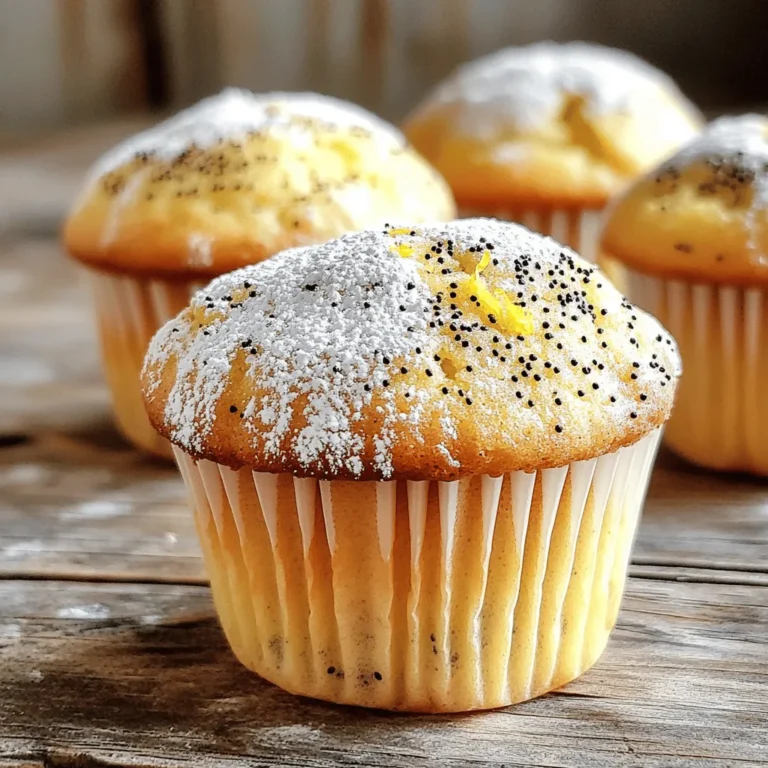 To make bakery-style lemon poppy seed muffins, you will need fresh and flavorful ingredients. Here’s what to gather: - 2 cups all-purpose flour - 1 cup granulated sugar - 1 tablespoon baking powder - 1/2 teaspoon baking soda - 1/2 teaspoon salt - 1/4 cup poppy seeds - 1/2 cup unsalted butter, melted - 1 cup buttermilk - 2 large eggs - Zest of 2 lemons - 1/4 cup freshly squeezed lemon juice - 1 teaspoon vanilla extract - Optional: Powdered sugar for dusting Each ingredient plays a key role in building flavor and texture. The all-purpose flour provides structure, while granulated sugar adds sweetness. Baking powder and baking soda help the muffins rise, making them light and fluffy. Poppy seeds add a nice crunch and a unique taste. The melted butter brings richness, and buttermilk keeps the muffins moist. Eggs bind the mixture together. The lemon zest and juice bring a bright flavor that pairs perfectly with the poppy seeds. Lastly, vanilla extract enhances the overall taste. If you want a sweet finish, you can dust the muffins with powdered sugar before serving. This adds a charming touch and makes your muffins look even more delightful. - Preheat the oven to 350°F (175°C). - Prepare the muffin tin by using paper liners or non-stick spray. Start by heating your oven. It needs to be hot for the muffins to rise well. While it warms, get your muffin tin ready. You can use liners or spray it with non-stick spray. Both work great. - Combine flour, sugar, baking powder, baking soda, salt, and poppy seeds. Next, grab a large bowl. Add two cups of all-purpose flour. Then, mix in one cup of granulated sugar. Add one tablespoon of baking powder, half a teaspoon of baking soda, and half a teaspoon of salt. Finally, sprinkle in a quarter cup of poppy seeds. Whisk everything together until it looks fluffy and mixed well. - Mix melted butter, buttermilk, eggs, lemon zest, lemon juice, and vanilla extract. Now, take another bowl for the wet ingredients. Pour in half a cup of melted butter. Then, add one cup of buttermilk. Crack in two large eggs. Grate the zest from two lemons and squeeze in a quarter cup of lemon juice. Add one teaspoon of vanilla extract. Whisk until it’s smooth. - Fold wet ingredients into dry ingredients without overmixing. Pour the wet mixture into the bowl with the dry ingredients. Use a spatula to fold them together. Be gentle. You want to mix until just combined. A few lumps are fine. Overmixing can make the muffins tough. - Portion batter into muffin cups. Take a spoon or an ice cream scoop and fill each muffin cup about two-thirds full. This gives them room to rise without spilling over. - Bake muffins for 18-22 minutes and cool on a wire rack. Now, place your muffin tin in the oven. Set a timer for 18 to 22 minutes. Check with a toothpick. It should come out clean when the muffins are done. Once baked, let them cool in the tin for five minutes. Then, move them to a wire rack to cool completely. To get soft and fluffy muffins, do not overmix the batter. When you combine the wet and dry ingredients, stir until just combined. It's okay to have a few lumps. Overmixing makes the muffins tough. Also, use room temperature ingredients. This helps the batter mix well and rise nicely. Want more zing? Add extra lemon zest or juice. This makes the flavor pop! You can also choose high-quality vanilla extract. A good extract adds depth and richness to your muffins. For a lovely finish, dust the muffins with powdered sugar. It makes them look fancy and adds a sweet touch. You can also try adding a simple glaze for extra sweetness. A lemon glaze made from icing sugar and lemon juice works great! {{image_2}} For a gluten-free version, you can use a gluten-free flour blend. Look for a blend that includes xanthan gum. This helps mimic the elasticity of wheat flour. You can also try almond flour or coconut flour, but these may change the texture. Always check the packaging for best results. You can make your muffins even more fun by adding fruits. Try folding in fresh blueberries or raspberries into the batter. They add a burst of flavor and color. Another twist is to substitute almond extract for vanilla. This will give a nutty flavor that pairs well with lemon. If you want to change the sweetness, consider using honey or maple syrup. These natural sweeteners add a unique flavor. You may need to adjust the liquid in your recipe when using these alternatives. Start by reducing the buttermilk slightly to keep the right texture. Store your bakery-style lemon poppy seed muffins at room temperature. Place them in an airtight container. This keeps them soft and fresh. If you live in a hot climate, consider refrigeration. Cold air can dry out muffins, so wrap them tightly in plastic wrap before placing them in the fridge. To freeze muffins, first let them cool completely. Then, wrap each muffin in plastic wrap. Place wrapped muffins in a freezer-safe bag. Squeeze out as much air as possible. They can last up to three months in the freezer. When you want one, just take it out and let it thaw at room temperature. To reheat your muffins, preheat your oven to 350°F (175°C). Place muffins on a baking sheet. Heat them for about 10 minutes. You can also use the microwave. Microwave each muffin for about 15-20 seconds. Enjoy them warm to bring back that fresh-baked taste! To keep your muffins moist, use buttermilk. It adds moisture and flavor. Also, do not overbake them. Baking them just until a toothpick comes out clean helps. Let them cool in the pan for a few minutes. This helps keep some moisture in. Yes, you can make these muffins ahead of time. Bake them and let them cool completely. Store them in an airtight container. They will stay fresh for about three days at room temperature. You can also freeze them for up to three months. Just wrap them well in plastic wrap. If your muffins are too dense, check your mixing method. Overmixing can lead to dense muffins. Make sure to fold the wet and dry ingredients gently. Also, check your baking powder. If it is old, it may not work well. Fresh baking powder helps create light, fluffy muffins. Yes, you can make these muffins without poppy seeds. Just leave them out of the recipe. You can add other flavors instead, like blueberries or nuts. This allows you to enjoy the lemon flavor without the poppy seeds. These muffins last about three days at room temperature. Keep them in an airtight container. This helps prevent them from drying out. Enjoy them fresh for the best flavor and texture. In this post, we explored how to make lemon poppy seed muffins from scratch. You learned about the ingredients, clear steps, and useful tips for great results. Remember, not overmixing your batter is key for the perfect texture. You can also add your favorite flavors or sweeteners for a fun twist. With proper storage, these muffins can last longer and stay fresh. Enjoy baking, and treat yourself to these delicious muffins!