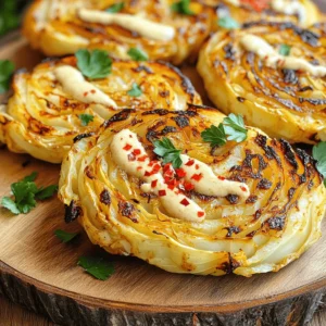 - 1 medium green cabbage, cut into 1-inch thick steaks (about 4-5 steaks) - 3 tablespoons olive oil - 1 teaspoon garlic powder - 1 teaspoon smoked paprika - Salt and pepper to taste - 2 tablespoons tahini - 1 tablespoon lemon juice - 1 teaspoon maple syrup - 1-2 teaspoons water (to thin the tahini drizzle) To make roasted cabbage steaks, you need a few simple ingredients. Cabbage is the star. Use a medium green cabbage. Cut it into thick steaks, about one inch each. This helps them stay juicy while roasting. Olive oil gives the cabbage a nice crispy edge. Garlic powder and smoked paprika add great flavor. Use salt and pepper to taste, adjusting as you like. For the tahini drizzle, mix tahini, lemon juice, and maple syrup. This creamy sauce adds a yummy touch! - Red pepper flakes (optional, for garnish) - Fresh parsley, chopped (for garnish) Want to make your dish pop? Add red pepper flakes for a hint of heat. Fresh parsley brings color and freshness. These garnishes make your cabbage steaks look and taste even better! Cabbage is a superfood! It is low in calories but high in nutrients. Cabbage is rich in vitamin C, which helps your immune system. It also has fiber, which is good for digestion. Plus, it has antioxidants that fight free radicals in the body. Roasting cabbage brings out its natural sweetness. This method keeps the nutrients and creates a tasty dish. Cabbage steaks are not only healthy but also a fun way to enjoy vegetables! Start by preheating your oven to 425°F (220°C). This high heat helps the cabbage get crispy. Next, take your medium green cabbage and slice it into 1-inch thick steaks. Aim for about 4-5 steaks. Be careful to keep them intact. This helps with cooking and serving later. Now it’s time to season your cabbage steaks. Place the steaks on a large baking sheet. Brush both sides with 3 tablespoons of olive oil. Sprinkle on 1 teaspoon of garlic powder and 1 teaspoon of smoked paprika. Add salt and pepper to taste. This mix adds a nice kick and depth of flavor. Slide the baking sheet into the oven. Roast the cabbage steaks for 20-25 minutes. Flip them halfway through for even cooking. You want the edges to be crispy and the center tender. When done, they should have a lovely golden-brown color. This roasting method ensures the best texture. When making roasted cabbage steaks, a few errors can ruin your dish. - Cutting the Cabbage Too Thin: If the steaks are too thin, they may burn. Aim for 1-inch thick slices. - Not Preheating the Oven: Always heat the oven to 425°F (220°C) before roasting. This step ensures crisp edges and tender centers. - Skipping Seasoning: Do not skip seasoning the steaks. Olive oil, garlic powder, and smoked paprika add depth. - Overcrowding the Baking Sheet: Give each steak space. Overcrowding leads to steaming instead of roasting. Roasted cabbage steaks pair well with many sides and toppings. Here are some ideas: - Serve with quinoa or brown rice for a hearty meal. - Add a dollop of Greek yogurt or sour cream for creaminess. - Top with feta cheese for a salty bite. - Pair with grilled meats or fish for a balanced plate. Feel free to get creative with your cabbage steaks. Here are some ways to customize: - Change the Seasonings: Use chili powder for heat, or add herbs like thyme for freshness. - Try Different Drizzles: Swap tahini with peanut sauce or a balsamic glaze. - Add Crunch: Sprinkle on toasted nuts or seeds for texture. - Mix in Vegetables: Roast other veggies alongside the cabbage for variety. {{image_2}} You can change the flavors of your roasted cabbage steaks easily. Try using different spices or herbs. Here are some ideas: - Italian Style: Use oregano and basil for a fresh taste. - Asian Twist: Add soy sauce and sesame oil for a savory kick. - Cajun Spice: Mix in cayenne pepper and thyme for heat and depth. These options let you enjoy the same dish with a new twist. Both the air fryer and oven cook cabbage steaks well, but they offer different results. - Oven: Roasting in the oven gives you crisp edges and a tender center. It’s great for larger batches. - Air Fryer: Air frying cooks faster, usually in about 15-20 minutes. It also gives a nice crunch without much oil. Try both methods to see which one you prefer! Roasted cabbage steaks make a great side or main dish. Here are some ideas to pair them with: - Grains: Serve with quinoa or rice for a hearty meal. - Proteins: Pair with grilled chicken, fish, or tofu for added protein. - Salads: Top with fresh greens for a vibrant salad. These pairings enhance the flavors and create a balanced plate. After enjoying your roasted cabbage steaks, store leftovers properly. Let them cool first. Place the steaks in an airtight container. Keep in the fridge for up to 3 days. Make sure they are covered well to avoid drying out. Label the container with the date. This way, you know how long they have been stored. To reheat, use the oven for best results. Preheat the oven to 350°F (175°C). Place the steaks on a baking sheet. Add a drizzle of olive oil to keep them moist. Heat for about 10-15 minutes. You can also use a microwave if short on time. Just place the steaks on a microwave-safe plate. Heat in 30-second bursts. This method may not keep them crispy, though. You can freeze cabbage steaks, but it's best to do this before cooking. Slice and season the cabbage as you normally would. Place the uncooked steaks in a single layer on a baking sheet. Freeze until solid, then transfer to a freezer bag. Remove as much air as possible. They will last for up to 3 months. When ready to use, bake them from frozen. Just add a few extra minutes to the cooking time. You can tell when cabbage steaks are done by looking for a few signs. The edges should be crispy and browned. The center should feel tender when you poke it with a fork. If you flip them halfway through cooking, this helps them crisp up evenly. Yes, you can use other types of cabbage. Savoy cabbage works well. Napa cabbage is another good choice. Each type brings a unique taste and texture to your dish. If you don't have tahini, you can use almond or peanut butter. Sunflower seed butter is a great nut-free option. Adjust the other ingredients to balance the flavor and texture. Yes, this recipe is great for meal prep. You can roast the cabbage steaks in advance. Store them in the fridge and reheat them when needed. This saves time and keeps meals healthy. To achieve crispy cabbage steaks, use a good amount of olive oil. Make sure to season them well and roast at a high temperature. Flipping them halfway through helps them cook evenly. Roasted cabbage steaks are easy to make and full of flavor. You learned about key ingredients, preparation, and roasting tips. I shared ways to customize and fix common mistakes. Storing leftovers is simple, too. Remember, experimenting with seasonings and cooking methods can lead to new favorites. Enjoy this healthy dish in many ways, and let your taste buds explore! Cook with confidence and savor every bite.