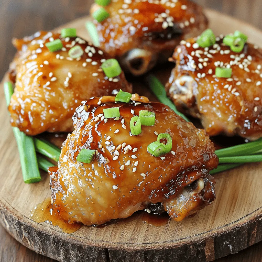 - 4 chicken thighs, skin-on and bone-in - 1/4 cup soy sauce - 2 tablespoons honey - 4 cloves garlic, minced - 1 tablespoon grated fresh ginger - 1 tablespoon sesame oil - 1 teaspoon black pepper - 1 teaspoon red pepper flakes (optional for heat) - 2 green onions, sliced for garnish - Sesame seeds for garnish For this recipe, it's important to use the right amounts. The chicken thighs provide a hearty base. The soy sauce adds saltiness and umami. Honey gives a sweet touch that balances the salt. Garlic and ginger offer bold flavors. Using sesame oil adds a nutty taste, which is key to this dish. Black pepper gives warmth, and red pepper flakes can spice it up if you like heat. - Chicken Thighs: I prefer bone-in thighs for juiciness. The skin helps keep moisture in. - Soy Sauce: Choose a good quality soy sauce. It enhances the overall taste. - Honey: Use pure honey for the best flavor. It helps caramelize the chicken. - Garlic and Ginger: Fresh garlic and ginger add depth. They make the dish aromatic and vibrant. - Sesame Oil: This adds a rich, nutty flavor. A little goes a long way. - Red Pepper Flakes: Optional but fun! They bring a kick if you enjoy spice. These ingredients work together to create a dish that is both savory and sweet, making each bite a flavorful delight. To start, grab a large mixing bowl. Add 1/4 cup of soy sauce, 2 tablespoons of honey, and 4 cloves of minced garlic. Next, add 1 tablespoon of grated fresh ginger and 1 tablespoon of sesame oil. Sprinkle in 1 teaspoon of black pepper and, if you like heat, add 1 teaspoon of red pepper flakes. Whisk everything together until it blends well. The mix should smell amazing! Now, take 4 chicken thighs and place them in the marinade. Use your hands or a spoon to coat each piece well. Cover the bowl with plastic wrap or a lid. Let the chicken sit in the fridge for at least 30 minutes. If you have time, marinate for up to 2 hours. This step helps the flavors soak in deep. Preheat your air fryer to 380°F (193°C) for about 5 minutes. Once ready, take the chicken thighs out of the marinade. Let the excess marinade drip off. Place the thighs in the air fryer basket, skin-side up. Cook them for 20 to 25 minutes. Flip them halfway through for even cooking. Check that they reach an internal temperature of 165°F (74°C). When done, let the chicken rest for a few minutes. Garnish with sliced green onions and sesame seeds before serving. Enjoy your flavorful delight! To get crispy skin, start with dry chicken thighs. Pat them with paper towels before marinating. The marinade adds flavor but can make the skin wet. After marinating, let excess marinade drip off. This way, the air fryer can do its magic. Cook them skin-side up in the air fryer. This helps render the fat and crisp up the skin nicely. Marinate your chicken thighs for at least 30 minutes. This gives the flavors time to sink in. If you have more time, aim for 2 hours. Longer marinating makes the chicken even more tasty. Just don’t go over 2 hours, or the soy sauce can make the meat too salty. To check if your chicken is done, use a meat thermometer. You want the internal temp to reach 165°F (74°C). This means it’s safe to eat. If you don’t have a thermometer, cut into the chicken. The juices should run clear, not pink. Always let the chicken rest for a few minutes after cooking. This helps keep it juicy and tender. {{image_2}} You can change the taste of soy garlic chicken thighs by adding new flavors. Try using orange juice instead of honey for a citrus twist. You can also add a splash of rice vinegar for some tang. If you like heat, mix in more red pepper flakes or add some sriracha. For a sweeter touch, try maple syrup instead of honey. Each change gives a new taste while keeping the base recipe. While chicken thighs are great, other cuts can work too. You can use chicken breasts for a leaner option. Just remember, breasts may cook faster. Adjust the cooking time down to about 15-20 minutes. Drumsticks are another fun choice. They stay juicy and have a nice skin when air-fried. Just keep an eye on the internal temperature to ensure they are safe to eat. Air frying gives a crispy outside, but you can cook these thighs in other ways too. Baking in the oven works well if you don’t have an air fryer. Set your oven to 400°F (204°C) and bake for about 30-35 minutes. You can also grill the chicken for a smoky flavor. Just marinate as usual and cook on medium heat for about 6-8 minutes per side. Each method brings its own unique flair to this tasty dish. After cooking, let the chicken cool. Place it in an airtight container. Store in the fridge for up to 4 days. Make sure it is sealed well to keep the flavors fresh. You can freeze leftovers for later use. Wrap each chicken thigh in plastic wrap. Then, put them in a freezer-safe bag. They will keep well for up to 3 months. When ready to eat, thaw them in the fridge overnight. To reheat, use your air fryer for the best results. Preheat it to 375°F (190°C). Heat the chicken for about 5 to 10 minutes. This helps keep the skin crispy. You can also use a microwave, but it may not be as crispy. I recommend air frying chicken thighs for 20 to 25 minutes. You should set the air fryer to 380°F (193°C). Flip the thighs halfway through cooking for even crispiness. Always check the internal temperature. It should reach 165°F (74°C) for safe eating. Yes, you can use boneless chicken thighs. They will cook faster than bone-in thighs. Adjust the cooking time to about 15 to 20 minutes. Keep an eye on them to avoid overcooking. The tender meat will soak up the soy garlic flavors well. Many sides go well with soy garlic chicken. Here are some great options: - Steamed rice - Fried rice - Roasted vegetables - Asian slaw - Garlic mashed potatoes These sides will complement the rich flavors of the chicken and make your meal more filling. This article covered how to make tasty soy garlic chicken in an air fryer. We reviewed key ingredients, the best way to marinate chicken, and cooking steps. I offered tips on achieving crispy skin and ensuring perfect doneness. You can explore different flavors and cooking methods, plus storage tips. Now you have a simple guide to make delicious chicken meals. Enjoy your cooking adventure and share your results!