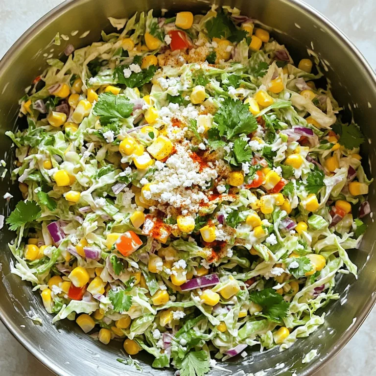To make this tasty coleslaw, you need simple yet fresh ingredients. Here’s what you’ll need: - 4 cups green cabbage, shredded - 2 cups cooked corn kernels (fresh or canned) - 1 cup red bell pepper, diced - 1/2 cup red onion, finely chopped - 1/2 cup cotija cheese, crumbled (or feta as a substitute) - 1/4 cup fresh cilantro, chopped - 1/2 cup mayonnaise - 2 tablespoons lime juice - 1 teaspoon chili powder - 1 teaspoon garlic powder - Salt and pepper to taste These ingredients give the coleslaw its crunchy texture and bright flavor. The cabbage and corn shine together, while the peppers add color and sweetness. The cotija cheese adds a creamy touch. You can take this coleslaw to the next level by adding a few optional ingredients. Here are some ideas: - Jalapeños for heat - Avocado for creaminess - Black beans for protein - Corn chips for crunch - Extra lime juice for zest Feel free to get creative! These add-ins can enhance flavors and textures. This coleslaw is not only delicious but also offers nutrition. Here’s a quick overview: - Calories: About 200 per serving - Protein: 5 grams - Fiber: 3 grams - Fat: 10 grams - Carbs: 25 grams The fresh veggies provide vitamins, and the cheese adds calcium. You can enjoy this dish as a side or a light meal. Start by shredding the green cabbage. You need about 4 cups. Use a sharp knife or a box grater for this task. Next, grab 2 cups of cooked corn kernels. You can use fresh corn or canned corn. Then, dice one cup of red bell pepper. This will add a nice crunch and color. Finally, finely chop half a cup of red onion. This will give your coleslaw a great flavor. In a separate bowl, combine half a cup of mayonnaise and 2 tablespoons of lime juice. Whisk them together until smooth. Next, add 1 teaspoon of chili powder and 1 teaspoon of garlic powder. Don’t forget to add salt and pepper to taste. Mix it all well until the dressing is creamy and flavorful. Now, combine the vegetable mixture with the dressing. Pour the dressing over the cabbage, corn, bell pepper, and onion. Toss everything gently. You want each piece to be coated well. After that, add half a cup of crumbled cotija cheese and a quarter cup of chopped cilantro. Mix gently again to incorporate these last ingredients. Let the coleslaw chill in the fridge for 15 to 20 minutes. This lets all the flavors blend together. Serve it cold for a tasty side dish! You can easily make this coleslaw your own. Try adding diced jalapeños for heat. Grated carrots add color and sweetness. You can swap the cotija cheese for feta or even goat cheese. If you like crunch, toss in some chopped nuts. Each tweak brings a new taste! Start by washing all your veggies. This step is key for freshness. Shred the cabbage thinly for the best texture. Dice the red bell pepper small for even bites. If using fresh corn, grill it first for a smoky flavor. Prepping ahead makes assembly quick and easy. Serve the coleslaw cold for the best taste. It pairs well with grilled meats like chicken or steak. Use it as a topping for tacos or burritos. For a fiesta feel, add lime wedges on the side. This coleslaw brings color and joy to any meal! {{image_2}} To add some heat to your coleslaw, try the spicy version. You can use more chili powder or add diced jalapeños. This gives a nice kick. It works well with the creamy dressing. You can also mix in some hot sauce if you like. Adjust the spice to fit your taste. This variation is great for those who enjoy bold flavors. For a vegan twist, swap out the mayonnaise for a plant-based option. You can use vegan mayo or a blend of cashews and lemon juice. It keeps the creamy texture while being dairy-free. For cheese, try using nutritional yeast. This adds a cheesy flavor without using dairy. You can also pack in more veggies, like shredded carrots or radishes. If you want more protein, add grilled chicken. Cook the chicken and slice it thinly. Toss it in with the coleslaw before serving. This makes it a complete meal. The chicken pairs well with the flavors of the coleslaw. It also adds a nice texture. You can use any protein you like, such as shrimp or tofu, too. To keep your Mexican street corn coleslaw fresh, place it in an airtight container. Make sure the lid seals tightly. This helps prevent air from getting in and keeps the flavors strong. Store it in the fridge for up to three days. For best taste, eat it within this time. If you know you won't finish it, consider other options. You can freeze coleslaw, but with some notes. The texture may change after thawing. To freeze, place coleslaw in a freezer-safe bag or container. Remove as much air as possible. Label the bag with the date. It can last for about two months in the freezer. When ready to eat, thaw in the fridge overnight. Once thawed, mix it well before serving. Coleslaw tastes best when fresh. In the fridge, it stays good for about three days. After this, the cabbage may become soggy, and flavors fade. Always check for any off smells or changes in color. If you see these signs, it’s best to discard it. For frozen coleslaw, use it within two months for optimal flavor. Yes, you can use frozen corn. It is convenient and saves time. Just thaw it first. Drain any extra water before mixing it with the other ingredients. Frozen corn gives a nice sweet taste, just like fresh corn. Cotija cheese is a crumbly, salty cheese from Mexico. It adds a great flavor to the coleslaw. If you can't find cotija, you can use feta cheese as a substitute. Feta will give a similar salty taste but has a creamier texture. The coleslaw lasts about 3 to 5 days in the fridge. Store it in an airtight container to keep it fresh. The flavors will blend and get even better over time. Just give it a good stir before serving again. This blog post covered how to make Mexican street corn coleslaw, including ingredients, tips, and storage methods. We explored the main ingredients and optional add-ins for more flavor. I shared step-by-step instructions for easy prep and assembly. With variations like spicy or vegan options, you can enjoy this dish your way. Remember to store leftovers properly for the best taste. Enjoy making and sharing this tasty coleslaw!