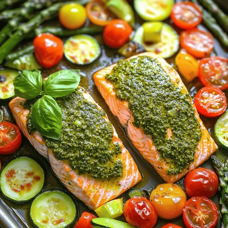 - 2 salmon fillets (about 6 oz each) - 1/4 cup basil pesto - 1 medium zucchini, sliced into rounds - 1 bell pepper (any color), diced - 1 cup cherry tomatoes, halved - 1 cup asparagus, trimmed and cut into 2-inch pieces - 2 tablespoons olive oil - 1 teaspoon garlic powder - 1 teaspoon lemon zest - Salt and pepper, to taste - Fresh basil leaves for garnish (optional) This dish features fresh salmon and colorful veggies. The salmon fillets offer rich flavor and healthy fats. Basil pesto adds a bright, herby touch that elevates the meal. Assorted vegetables not only make it appealing but also pack in nutrients. For seasoning, we use olive oil to help the veggies roast nicely. Garlic powder gives a subtle punch without being too strong. Lemon zest adds a fresh twist that brightens the overall taste. Salt and pepper balance the flavors perfectly. Finally, fresh basil leaves can garnish the dish. They add a pop of color and a hint of freshness. This simple addition turns a great meal into something special. Enjoy crafting this delightful dish! 1. Preheat the oven: Start by setting your oven to 425°F (220°C). This high heat helps to roast the vegetables well. 2. Prepare the vegetables: Take a large sheet pan and add your sliced zucchini, diced bell pepper, halved cherry tomatoes, and cut asparagus. Drizzle the veggies with 2 tablespoons of olive oil. Then, sprinkle 1 teaspoon of garlic powder, salt, and pepper on top. Toss everything together until coated. 1. Seasoning the salmon fillets: While the veggies roast, get your salmon ready. Pat the two fillets dry with a paper towel. Season them with salt, pepper, and 1 teaspoon of lemon zest for a fresh touch. 2. Adding pesto to the salmon: After seasoning, spread 1/4 cup of basil pesto generously over the top of each salmon fillet. This will give the fish a delicious flavor. 1. First phase of roasting vegetables: Place the sheet pan with the vegetables in the oven. Roast them for about 15 minutes. This will make them tender and flavorful. 2. Final baking step with salmon: After 15 minutes, take out the pan. Push the roasted veggies to one side. Lay the salmon fillets on the other side. Return the pan to the oven and bake for another 12-15 minutes. You will know it's done when the salmon flakes easily with a fork. To ensure perfect salmon texture, always start with fresh salmon fillets. Pat them dry before seasoning to help the spices stick. Preheat your oven to 425°F (220°C) to create a nice, hot cooking environment. Cook the salmon until it flakes easily with a fork. This usually takes about 12-15 minutes after the veggies are done. For zucchini and asparagus doneness, cut them into even pieces. Thin slices of zucchini cook faster, while thicker asparagus pieces need extra time. Roast the veggies for about 15 minutes before adding the salmon. This gives them a head start, ensuring they are tender and flavorful. For a rustic presentation style, serve the salmon and roasted vegetables straight from the sheet pan. This style looks great and keeps cleanup easy! You can also plate each portion individually for a fancier touch. Garnish with fresh basil leaves for color and added flavor. Pair this dish with light sides like quinoa or a simple green salad. A crisp white wine or sparkling water makes a refreshing drink choice to complement the meal. For best practices with leftovers, let the dish cool down before storing. Place the salmon and veggies in airtight containers. This will keep them fresh for up to three days in the fridge. When reheating, use the oven to keep the salmon and veggies crispy. Heat at 350°F (175°C) for about 10 minutes. You can also use a microwave, but this may make the salmon less crispy. Enjoy your tasty leftovers! {{image_2}} You can easily swap ingredients to change up this dish. If you don’t have salmon, try chicken or tofu. Both options work well with pesto. For pesto, you can switch to sun-dried tomato or arugula. Each flavor adds its own twist. Feel free to mix in seasonal veggies. Carrots and broccoli are great choices. They add color and taste. If fresh veggies aren’t available, frozen vegetables work too. Just make sure to thaw them before cooking. Adding herbs can make your dish even better. Try thyme or rosemary for a fresh taste. If you like heat, sprinkle in some red chili flakes. They will add a nice kick to your meal. You can keep leftover sheet-pan pesto salmon in the fridge for up to 3 days. Store it in an airtight container. This helps keep the salmon moist and the veggies fresh. If you have a glass container, it works great for this dish. To freeze the salmon and vegetables, place them in a freezer-safe bag. Remove as much air as you can. This keeps the food from getting freezer burn. You can freeze them for up to 3 months. When you’re ready to eat, thaw the dish in the fridge overnight. Reheat it in the oven at 350°F (175°C) until warm. This way, you keep the taste and texture. Preparing meals in advance saves time on busy days. Cook a batch of this dish and portion it into containers. This way, you have lunch ready for the week. You can grab and go! Just add some fresh greens or a side of rice for variety. Salmon should be cooked to an internal temperature of 145°F (63°C). This ensures it is safe to eat and keeps it moist. You can check the temperature using a food thermometer. Insert it into the thickest part of the fillet. The fish should feel firm and flake easily with a fork. Yes, you can substitute salmon with other fish. Good options include trout, tilapia, or cod. Each fish will bring a different flavor and texture. Just adjust the cooking time as needed. Thinner fish cooks faster, while thicker fish may need more time. Look for a few signs to know if the salmon is done. The fish should be opaque and easily flake apart with a fork. You can also check the color; it should change from bright pink to a pale peach. If you use a thermometer, aim for 145°F (63°C). Sheet-pan cooking is very healthy. It uses less oil and allows for even cooking. You can include a variety of colorful vegetables. This method keeps nutrients in the food. Plus, it cuts down on cleanup time, making it easier to eat well. Yes, you can prepare this dish ahead of time. You can chop the vegetables and season the salmon a few hours before cooking. Store them in the fridge until you are ready to bake. For reheating, warm it in the oven at 350°F (175°C) for about 10 minutes. This article covered how to make delicious sheet-pan pesto salmon. You learned the required ingredients and the step-by-step process to cook it perfectly. We also shared tips for serving, storing, and variations. Remember, this dish is easy to customize based on your taste. So, have fun with different veggies and flavors. Cooking can be simple and enjoyable. Happy cooking!