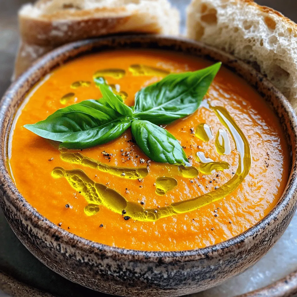- 4 large carrots, peeled and chopped - 4 ripe tomatoes, roughly chopped - 1 medium onion, diced - 3 cloves garlic, minced - 1 teaspoon fresh ginger, grated - 1 teaspoon ground cumin - 1 teaspoon smoked paprika - 1 tablespoon olive oil - Salt and pepper to taste - Fresh basil leaves For this carrot tomato soup, I focus on fresh, simple ingredients. Each one adds a unique flavor. Carrots bring sweetness and a nice texture. Tomatoes add acidity and brightness. Onions and garlic give depth. Ginger adds warmth and a bit of spice. The spices are important too. Ground cumin provides earthiness. Smoked paprika adds a hint of smokiness. I use olive oil for richness. Salt and pepper enhance all the flavors. For garnish, I love fresh basil. It adds a bright green touch and fresh flavor. You can skip this if you don’t have it, but it makes the soup look pretty. These ingredients not only combine well but also offer great nutrition. Carrots are rich in vitamins. Tomatoes provide antioxidants. Together, they create a soup that is both tasty and good for you. - Start by peeling and chopping 4 large carrots. - Roughly chop 4 ripe tomatoes. - Dice 1 medium onion. - Mince 3 cloves of garlic. - Grate 1 teaspoon of fresh ginger. - Measure 4 cups of vegetable broth. - Gather 1 teaspoon of ground cumin, 1 teaspoon of smoked paprika, and salt and pepper to taste. - Have 1 tablespoon of olive oil ready. - Set aside fresh basil leaves for garnish. - In a large pot, heat the olive oil on medium heat. - Add the diced onion and sauté it for about 5 minutes until it softens. - Stir in the minced garlic and grated ginger. Cook for 1 more minute until fragrant. - Next, add the chopped carrots and tomatoes to the pot. - Sprinkle in the ground cumin and smoked paprika. Stir everything well to mix. - Pour in the vegetable broth and bring it to a boil. - Once boiling, lower the heat and let it simmer for 25-30 minutes. The carrots should be tender. - Remove the pot from heat. Use an immersion blender to puree the soup until smooth. - If you prefer, transfer it in batches to a blender for the same result. - Return the soup to the pot. Season with salt and pepper to taste. Heat through if needed. - Serve the soup hot. - Garnish each bowl with fresh basil leaves for a pop of color. - This soup pairs well with crusty bread or a light salad for a complete meal. To make your soup even tastier, try adding spices. Ground coriander or red pepper flakes can add warmth and depth. You can also add cream or coconut milk for a rich finish. This will give your soup a smooth, creamy texture. When it comes to blending, you have options. An immersion blender is easy and quick. You can blend the soup right in the pot. A stand blender works too, but it requires more cleanup. Just blend in batches to avoid spills. If you want a thicker soup, add more carrots. Cooking them longer also helps. For a thinner soup, add more broth or water. Adjust until you find the right thickness for your taste. {{image_2}} For vegan versions of carrot tomato soup, you can make a few easy swaps. First, substitute vegetable broth with a rich mushroom broth for depth. This change adds an earthy flavor that pairs well with carrots and tomatoes. Next, consider adding plant-based proteins. You can use lentils or chickpeas, which boost nutrition and make the soup heartier. If you need a gluten-free soup, focus on your ingredients. Avoid any broth that contains gluten. Always check labels on store-bought items. For a twist, you can add quinoa instead of any grains. It is gluten-free and adds a nice texture. You can enhance the flavor of your carrot tomato soup with herbs. Try adding thyme or oregano for a fresh taste. These herbs work well with the sweetness of carrots and the acidity of tomatoes. If you want to switch things up, replace the tomatoes with other vegetables. Zucchini or bell peppers can add a unique flavor while keeping the soup vibrant and delicious. To store leftovers, let the soup cool first. Once cooled, pour it into an airtight container. This helps keep the soup fresh. You can store it in the fridge for about 3 to 5 days. Make sure to check for spoilage before eating. Freezing is a great option for longer storage. I recommend using freezer-safe containers or bags. Leave some space at the top of the container as the soup will expand. You can freeze the soup for up to 3 months. When you are ready to eat it, thaw it in the fridge overnight or use cold water for quicker thawing. You have a couple of options for reheating. For stovetop, pour the soup into a pot and heat over medium heat. Stir often until it’s hot. If you use a microwave, pour the soup into a microwave-safe bowl. Heat in 1-minute intervals, stirring in between to ensure even heating. Both methods work well, so choose what fits your time best. To add heat, consider these options: - Add a pinch of cayenne pepper. - Stir in some red pepper flakes. - Use a spicy tomato variety. - Toss in chopped jalapeños or serranos. These spices boost flavor and heat. Start with small amounts, then taste as you go. You can always add more spice, but it’s hard to fix if it’s too hot. Yes, you can use canned tomatoes. Here are some pros and cons: Pros: - Canned tomatoes save time. - They are often more affordable. - They have a long shelf life. Cons: - Canned tomatoes may taste less fresh. - They can be higher in sodium. - Texture can differ from fresh tomatoes. If you choose canned tomatoes, look for no-salt-added options to control flavor. This soup packs a healthy punch. Here are key vitamins and minerals: - Vitamin A: From carrots, great for vision and skin. - Vitamin C: Found in tomatoes, boosts the immune system. - Potassium: Helps regulate blood pressure. - Fiber: Aids in digestion and keeps you full. With these nutrients, carrot tomato soup is not only tasty but also a smart choice for good health. This article covered how to make a delicious carrot tomato soup. We discussed key ingredients like carrots, onions, and spices. I provided step-by-step cooking instructions and tips to enhance flavor. You can even make vegan and gluten-free options. To enjoy this soup, feel free to adjust the seasonings or try new flavors. Remember how to store leftovers for later meals or freeze for future enjoyment. Your soup-making journey starts now, so get cooking and savor every bite!