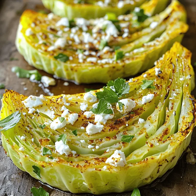 To make baked cabbage steaks, you need: - 1 large head of green cabbage - 3 tablespoons olive oil - 1 teaspoon garlic powder - 1 teaspoon smoked paprika - 1/2 teaspoon ground cumin - 1/2 teaspoon black pepper - 1 teaspoon sea salt - 1 tablespoon balsamic vinegar These main ingredients create a robust flavor that makes cabbage steaks shine. The olive oil helps the spices stick and adds richness. Cabbage is the star here, and its natural sweetness shines when baked. You can add fun toppings to your cabbage steaks for more flavor: - Crumbled feta cheese - Chopped fresh parsley - Red pepper flakes These toppings add texture and taste. Feta brings creaminess, parsley adds freshness, and red pepper flakes give a spicy kick. Feel free to mix and match! The seasonings truly elevate the dish. Here are my favorites: - Garlic powder - Smoked paprika - Ground cumin - Black pepper - Sea salt These seasonings combine to create a warm, smoky flavor. They complement the natural taste of cabbage perfectly. Adjust the spices to suit your taste; it’s all about what you enjoy! Start by preheating your oven to 400°F (200°C). Next, grab a large head of green cabbage. Remove the outer leaves, as they can be tough. Slice the cabbage into 1-inch thick steaks. You should get around 4-6 good-sized steaks. Place these steaks on a baking sheet lined with parchment paper. This helps with cleanup later. In a small bowl, combine your olive oil, garlic powder, smoked paprika, ground cumin, black pepper, and sea salt. This mix will give your cabbage a great flavor. Stir it well until everything blends together. The oil helps the spices stick to the cabbage while baking. Now, it’s time to bake! Brush the olive oil mixture generously over both sides of each cabbage steak. This ensures every bite is tasty. Next, drizzle balsamic vinegar over the steaks. This adds a nice touch of sweetness. Place the baking sheet in your preheated oven and bake for 25-30 minutes. Remember to flip the steaks halfway through. You want them tender and slightly caramelized. If you like, sprinkle on toppings like feta cheese or fresh parsley right before serving. Enjoy your delicious baked cabbage steaks! To get your cabbage steaks nice and tender, slice them about 1 inch thick. Thinner slices may burn, while thicker ones take longer to cook. Bake them at 400°F (200°C) for 25-30 minutes. Flip them halfway through to help them cook evenly. You want a nice caramelized look, which adds flavor and texture. To really boost the flavor, use a marinade. Mix olive oil, garlic powder, smoked paprika, ground cumin, black pepper, and sea salt in a bowl. Brush this mix on both sides of your cabbage steaks. Let them sit for a few minutes so the flavors soak in. You can also add balsamic vinegar for a tangy kick. Use a parchment-lined baking sheet to prevent sticking. It also makes cleanup easier. Spread the cabbage steaks out in a single layer. Avoid crowding them, as this can lead to steaming instead of roasting. Keep an eye on the steaks near the end. You want them tender and slightly browned, not burnt. {{image_2}} Baked cabbage steaks are great for everyone. They are already vegan. You can enjoy them with just the basic recipe. For more flavor, try adding nutritional yeast. It gives a cheesy taste without dairy. You can also drizzle tahini on top. It adds creaminess and a nutty taste. Want to spice things up? You can add cayenne pepper or chili powder for heat. If you prefer herbs, try thyme or rosemary. These herbs bring freshness to the dish. You can also mix in curry powder for an exotic twist. Just adjust the seasonings to your taste. Baking cabbage steaks is great, but you can grill them too. Grilling gives them a smoky flavor. Simply follow the same steps, but place the steaks on a hot grill. Cook for about 5-7 minutes on each side. You can also pan-sear them. Heat a skillet with olive oil, then cook the steaks for 4-5 minutes on each side. This method adds a nice crispiness. After enjoying your baked cabbage steaks, let them cool. Place any leftovers in an airtight container. Store them in the fridge for up to 3 days. This keeps the flavor fresh and tasty. To reheat, use your oven for the best results. Preheat it to 350°F (175°C). Place the cabbage steaks on a baking sheet. Heat for about 10-15 minutes until warm. You can also use a microwave. Just cover the steaks with a damp paper towel. Heat for 1-2 minutes. You can freeze cabbage steaks if you want to save some for later. First, cool them completely. Wrap each steak in plastic wrap. Then, place them in a freezer bag. They will keep well for up to 2 months. When ready to eat, thaw in the fridge overnight and reheat as mentioned. Yes, you can prepare baked cabbage steaks ahead of time. After slicing the cabbage, store the steaks in the fridge. Keep them in an airtight container. You can season them up to a day in advance. Just brush the oil and spices on. When ready, bake them as directed. This saves time during busy days. Baked cabbage steaks are great as a side dish. You can pair them with grilled meats like chicken or fish. They also match well with roasted veggies. If you want a vegetarian meal, serve them with quinoa or rice. Adding a fresh salad on the side adds a nice crunch. Toppings like feta or parsley enhance the flavors. Yes, baked cabbage steaks are very healthy. Cabbage is low in calories and high in fiber. It also has many vitamins, like C and K. The olive oil adds healthy fats, while spices boost taste without extra calories. If you use less salt or skip cheese toppings, they stay light and nutritious. Enjoy them guilt-free! Baked cabbage steaks are easy and fun to make. We explored the main ingredients, optional toppings, and seasonings. I provided step-by-step instructions to prepare, mix, and bake them. Helpful tips showed you how to make them tender and tasty. We also discussed vegan options, flavor infusions, and cooking methods. Remember to store leftovers properly to keep them fresh. You can enjoy these steaks any day. I hope you feel inspired to try this delicious dish in your kitchen. Happy cooking!