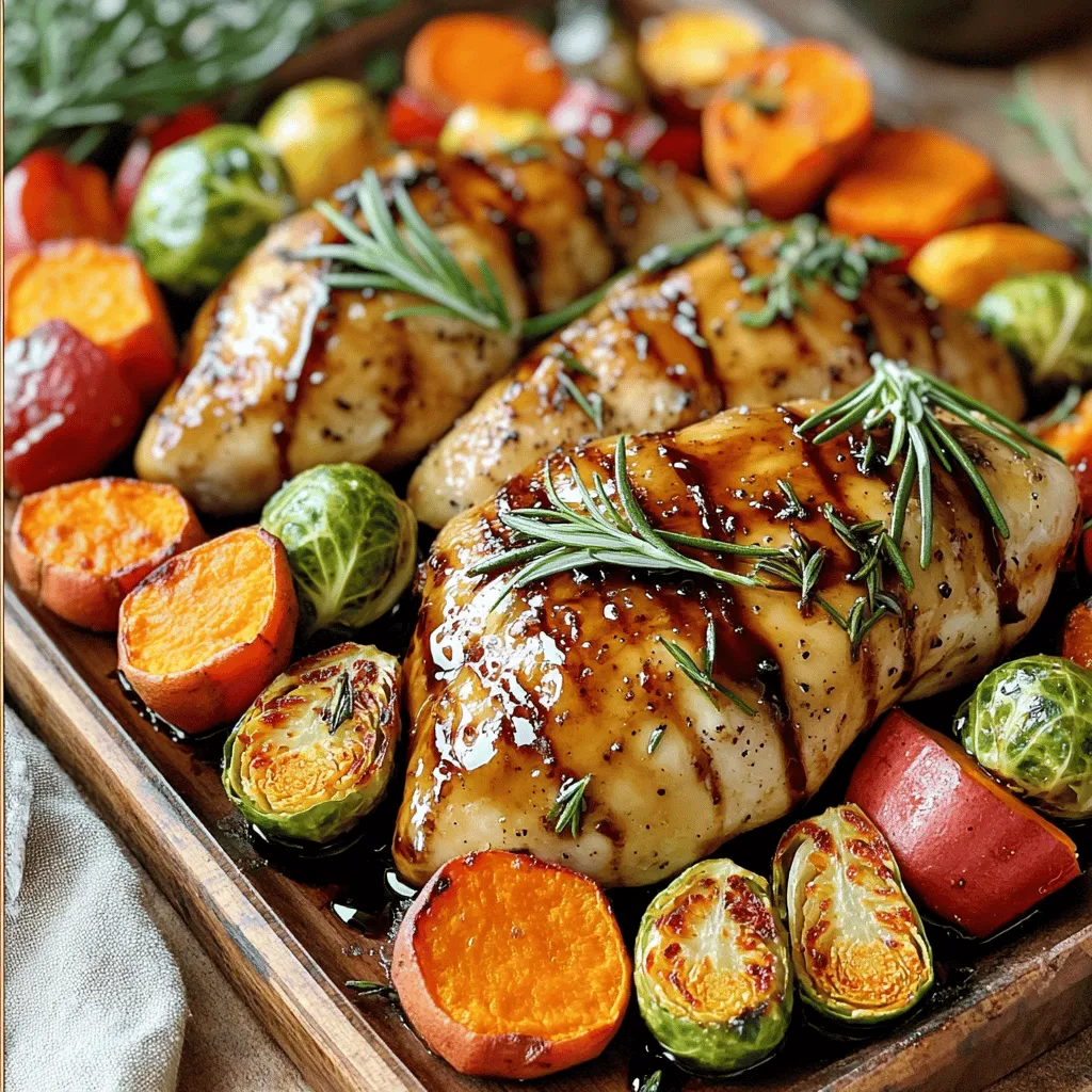For this dish, gather these key items: - 4 boneless, skinless chicken breasts - 1/4 cup balsamic vinegar - 2 tablespoons honey - 3 tablespoons olive oil - 1 teaspoon Dijon mustard - 1 teaspoon garlic powder - Salt and pepper to taste The marinade brings flavor to the chicken. You will need: - 1/4 cup balsamic vinegar - 2 tablespoons honey - 3 tablespoons olive oil - 1 teaspoon Dijon mustard - 1 teaspoon garlic powder - Salt and pepper to taste Choose vibrant autumn vegetables for color and taste. Here’s what to use: - 1 large sweet potato, peeled and cubed - 2 carrots, sliced - 1 red bell pepper, chopped - 1 zucchini, sliced - 1 cup Brussels sprouts, halved - Fresh rosemary sprigs for garnish Using these ingredients, you create a tasty and healthy meal. The sweet potato adds a soft texture, while the Brussels sprouts give a nice crunch. The chicken soaks up the rich balsamic flavor, making each bite delightful. Remember, fresh ingredients make a big difference! Start by preheating your oven to 400°F (200°C). This step is key for even cooking. While the oven heats, line a large sheet pan with parchment paper. This makes cleanup quick and easy. In a small bowl, whisk together the balsamic vinegar, honey, olive oil, Dijon mustard, garlic powder, salt, and pepper. This mixture adds great flavor. Place the chicken breasts in a zip-top bag or shallow dish. Pour the marinade over the chicken, making sure it’s well coated. Let it marinate for at least 30 minutes. If you have more time, let it sit in the fridge for up to 2 hours. While the chicken marinates, it’s time to prep the veggies. In a large bowl, toss the cubed sweet potato, sliced carrots, chopped red bell pepper, sliced zucchini, and halved Brussels sprouts. Drizzle with olive oil and season with salt and pepper. Make sure every piece is evenly coated for the best flavor. Once the chicken has marinated, remove it from the bag or dish. Discard the marinade. Place the chicken breasts on one side of the sheet pan. Next, arrange the prepared veggies on the other side. This layout helps everything cook evenly. Now, it’s time to roast! Place the sheet pan in your preheated oven. Roast for 25 to 30 minutes. The chicken should reach an internal temperature of 165°F (74°C). The veggies will become tender and caramelized, adding a lovely sweetness. After roasting, carefully remove the sheet pan from the oven. Let the chicken rest for a few minutes. This helps keep it juicy. Slice the chicken and garnish with fresh rosemary sprigs. Serve it alongside the vibrant autumn veggies. To make the chicken flavorful, marinating is key. I mix balsamic vinegar, honey, olive oil, Dijon mustard, garlic powder, salt, and pepper. The sweet and tangy blend gives the chicken a delicious taste. For best results, marinate for at least 30 minutes. If you have time, let it sit for two hours. This allows the chicken to soak up the flavors. Roasting veggies can bring out their natural sweetness. Start by cutting the sweet potato, carrots, red bell pepper, zucchini, and Brussels sprouts into even pieces. This ensures they cook at the same rate. Toss them with olive oil, salt, and pepper. Spread them on the sheet pan in a single layer. This helps them roast evenly and get that lovely caramelized look. Presentation is important. After cooking, let the chicken rest for a few minutes. This keeps it juicy. Slice the chicken and arrange it on a colorful platter. Place the roasted veggies around it for a vibrant look. Drizzle any leftover balsamic glaze from the pan over the dish. This adds a nice touch and enhances the flavor. {{image_2}} You can mix up the veggies in this dish. Try adding butternut squash or parsnips for a twist. If you have leftover veggies in your fridge, toss them in. Broccoli, cauliflower, or even asparagus work great too. Just cut them into similar sizes for even cooking. While chicken is a star here, you can swap in turkey or pork. For a lighter option, use boneless skinless fish like salmon or cod. Just adjust cooking time to avoid overcooking. Each protein brings its own flavor, so feel free to experiment. Want to amp up the flavor? Add fresh herbs like thyme or oregano. You can also toss in a pinch of red pepper flakes for some heat. A sprinkle of smoked paprika adds depth too. Adjust the marinade by adding orange juice for a citrusy kick. These tweaks can make your dish unique and exciting! To keep your Balsamic Chicken with Autumn Veggies fresh, place leftovers in an airtight container. Make sure they cool down first. You can store it in the fridge for up to three days. This helps maintain the flavors and texture. When ready to eat, reheat the chicken and veggies in the oven. Set the oven to 350°F (175°C). Place the dish in for about 15-20 minutes. This method keeps the chicken juicy and the veggies tender. You can also use a microwave. Heat in short bursts of 1-2 minutes. Stir in between for even heating. If you want to save some for later, freezing is a great option. First, let everything cool down completely. Then, place the chicken and veggies in a freezer-safe bag or container. Remove as much air as possible. Label it with the date. You can freeze it for up to three months. When ready to eat, thaw in the fridge overnight before reheating. You can serve Balsamic Chicken with many sides. Here are some great options: - Rice or quinoa for a hearty grain. - A fresh green salad for crunch. - Garlic bread for extra flavor. - Mashed potatoes for creaminess. These sides balance the tangy chicken and veggies well. The chicken should marinate for at least 30 minutes. For best results, let it soak for up to 2 hours. This helps the flavors soak in deeply. If you are short on time, even a quick 30-minute soak will work. Yes, you can use other types of vinegar. Apple cider vinegar adds a fruity touch. Red wine vinegar gives a rich flavor. Each type will change the taste a bit, but they all work well. This recipe serves 4 and has roughly: - Calories: 320 - Protein: 30g - Carbohydrates: 30g - Fat: 10g This dish gives a nice balance of protein and veggies, making it healthy. Yes, you can prepare this dish in advance. Marinate the chicken and chop the veggies the night before. Store them in the fridge until you’re ready to cook. This saves time and makes weeknight meals easy. This article covers the key steps to making balsamic chicken with roasted veggies. We discussed the main ingredients, marinating techniques, and the best ways to prepare and serve your dish. I hope you feel ready to try this recipe. Don’t forget to play with different veggies and proteins. The more you experiment, the better your meals will be! Enjoy your cooking adventure.