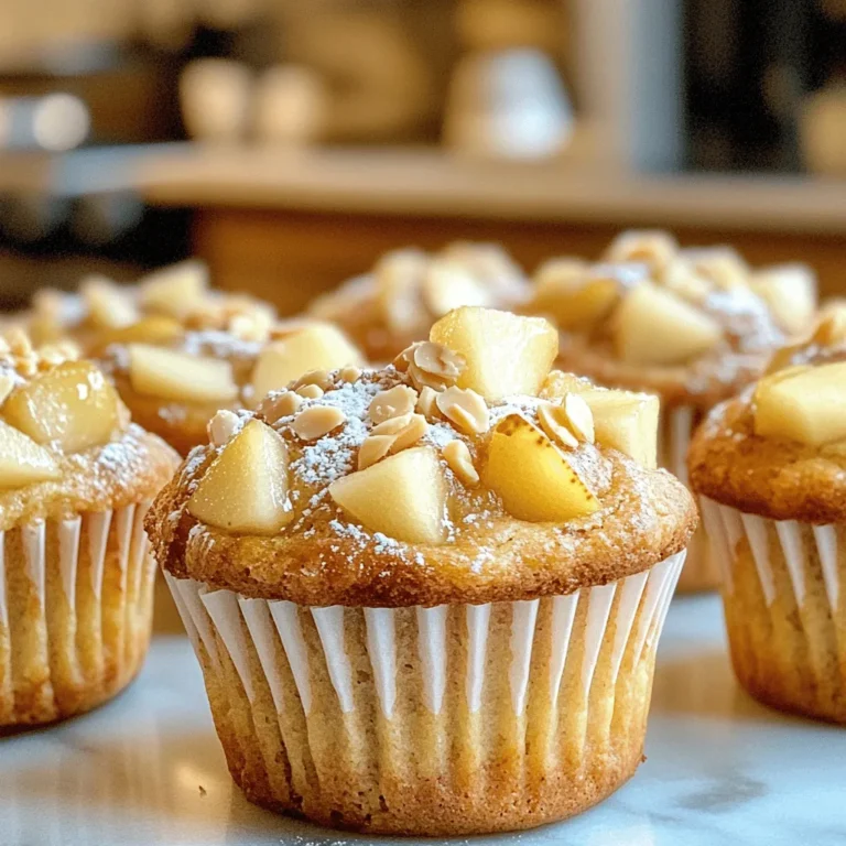 - Produce: - 2 ripe pears, peeled, cored, and diced - Dry Ingredients: - 1 cup almond flour - 1 cup all-purpose flour - ¾ cup granulated sugar - 2 teaspoons baking powder - ½ teaspoon baking soda - ½ teaspoon salt - ½ teaspoon cinnamon (optional) - Wet Ingredients: - 2 large eggs - ½ cup unsweetened almond milk - ⅓ cup vegetable oil - 1 teaspoon vanilla extract - ½ teaspoon almond extract - Toppings: - ½ cup chopped almonds When I make these muffins, I always start with fresh, ripe pears. They bring the best flavor and sweetness. The almond flour gives the muffins a nice texture and nutty taste. Mixing almond flour with all-purpose flour balances the muffins perfectly. I add sugar to sweeten the batter, while baking powder and baking soda help the muffins rise. Adding a pinch of salt enhances all the flavors. If you love warm spices, throw in some cinnamon for a cozy touch. In the wet mixture, I whisk eggs with almond milk and vegetable oil. This mix keeps the muffins moist. Vanilla and almond extracts add a lovely aroma and depth of flavor. For the topping, I use chopped almonds. They add a crunchy finish to each muffin. You can also skip the nuts if you prefer a nut-free option. Gathering these ingredients makes me excited to bake. Each one adds to the wonderful taste and texture of the Pear Almond Bakery Muffins. Start by preheating your oven to 375°F (190°C). This ensures the muffins bake evenly. Line a muffin tin with paper liners or grease it lightly. This step helps prevent sticking. In a large bowl, mix the almond flour, all-purpose flour, sugar, baking powder, baking soda, salt, and optional cinnamon. Stir well to break up any lumps. This mix creates a solid base for your muffins. In another bowl, whisk together the eggs, almond milk, vegetable oil, vanilla extract, and almond extract. Make sure the mixture is smooth and well combined. This step adds moisture and flavor to your muffins. Pour the wet mix into the dry mix. Stir gently until just combined. It's okay if a few lumps remain. Overmixing can make the muffins tough, so be careful here. Gently fold in the diced pears. Be careful not to break them apart too much. Next, scoop the batter into the prepared muffin tin, filling each cup about ¾ full. This allows space for the muffins to rise. Bake the muffins for about 20-25 minutes. Look for a golden brown top and use a toothpick to check doneness. If it comes out clean, they're ready! Let them cool in the pan for 5 minutes. After that, move them to a wire rack to cool completely. To keep your muffins moist, use ripe pears. Ripe pears add natural sweetness and moisture. Make sure not to bake too long. Overbaking dries out muffins. Keep an eye on the oven, and check them a few minutes early. When dicing pears, aim for small, even pieces. This ensures they cook evenly. Remove the core and skin first. This makes them tender and easy to eat. If the pears are too large, they may not blend well in the batter. Mix the batter until combined, but don’t overdo it. A few lumps are okay. Overmixing makes muffins tough and chewy. Use a spatula to gently fold the wet and dry ingredients together. This method helps keep muffins soft and fluffy. Serve your muffins warm for the best taste. A light dusting of powdered sugar adds elegance. Drizzle honey or maple syrup on top for extra sweetness. Pair them with whipped cream or yogurt for a creamy contrast. These toppings enhance the flavor and make each bite special. {{image_2}} You can make these muffins gluten-free by using different flours. Try using only almond flour or a mix of almond flour and coconut flour. You want to keep the texture nice and light. Just be sure to check the ratios. You may need to add a bit more liquid if you switch to coconut flour. While pears shine in this recipe, other fruits work too. Apples can bring a crispness, while ripe bananas add sweetness and moisture. You can also use berries like blueberries or raspberries for a pop of color and flavor. Just keep the amount similar to the pears to balance the muffin texture. Spices can boost the flavor of your muffins. Consider adding nutmeg or ginger for a warm touch. You can also play with extracts. Swap out almond extract for hazelnut or even orange extract. These changes can give your muffins a unique twist that keeps everyone guessing. Store your Pear Almond Bakery Muffins in an airtight container. This keeps them fresh longer. Place them at room temperature for up to three days. If you want to keep them longer, refrigeration is not ideal. It can make them dry. You can freeze these muffins for later use. First, let them cool completely. Wrap each muffin tightly in plastic wrap. Then, put them in a freezer-safe bag. Label the bag with the date. You can freeze them for up to three months. To refresh your frozen muffins, take them out of the freezer. Unwrap them and place them on a baking sheet. Bake at 350°F (175°C) for about 10 to 15 minutes. This will bring back their warm, fresh taste. Enjoy them warm for the best experience! Yes, you can. If you don't have almond flour, use all-purpose flour instead. You can also try oat flour for a gluten-free option. Keep in mind that the texture may change a bit. Use the same amount as almond flour in the recipe. The best way to check is to use a toothpick. Insert it into the center of a muffin. If it comes out clean, your muffins are ready. You should also look for a golden-brown top. If they look too pale, give them a few more minutes. Absolutely! Chocolate chips can add a sweet twist. You can also use dried fruit or nuts. Just make sure to keep the total mix-ins around a half cup so the batter stays balanced. Fold them in gently to avoid overmixing. These muffins offer several benefits. Almond flour adds protein and healthy fats. Pears provide fiber and vitamins. They are lower in sugar than many store-bought muffins. This makes them a great snack or breakfast option. Plus, they are simple to make! You learned how to make tasty pear muffins with simple steps. We covered the key ingredients, mixing tips, and variations to try. Remember to check your muffins with a toothpick to ensure they’re done. It’s great to customize these muffins to suit your taste. Don't forget to store them properly for lasting freshness. Each bite will bring joy, whether you enjoy them fresh or frozen. So, gather your ingredients and start baking today!