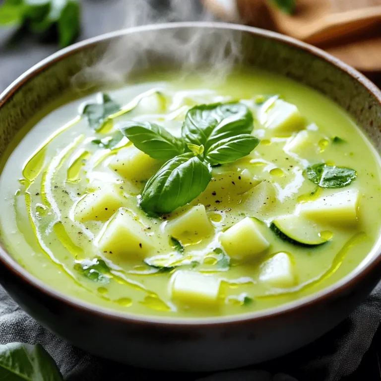 To make a delicious creamy zucchini soup, you'll need the following fresh ingredients: - 4 medium zucchinis, chopped - 1 medium onion, diced - 2 cloves garlic, minced - 1 medium potato, peeled and diced - 4 cups vegetable broth - 1 cup coconut milk - 1 tablespoon olive oil - 1 teaspoon dried thyme - Salt and pepper to taste - Fresh basil for garnish Each ingredient plays a key role in the flavor of the soup. The zucchini gives a light, fresh taste, while the potato adds creaminess and body. The onion and garlic bring warmth and depth. Coconut milk makes the soup rich and smooth, making it feel indulgent without being heavy. Dried thyme adds an earthy note, tying all the flavors together. Remember to season with salt and pepper to enhance everything. Fresh basil makes a lovely garnish, adding a pop of color and fresh aroma. Use these ingredients to create a comforting and nourishing soup that is sure to please. - Start by chopping the zucchinis into small pieces. - Dice the onion and garlic finely. - Peel and dice the potato into cubes. These steps set you up for a smooth cooking process. Chopping the zucchinis into even pieces helps them cook evenly. Dicing the onion and garlic finely allows them to release their flavors faster. The potato adds creaminess and body to the soup. - Heat the olive oil in a large pot over medium heat. - Add the diced onion and sauté until it turns translucent, about 5 minutes. - Stir in the minced garlic and cook for one more minute. - Add the chopped zucchinis and diced potato to the pot. - Sauté for 5 to 7 minutes, stirring often, until they soften. - Pour in the vegetable broth, bringing the mix to a boil. - Once boiling, lower the heat and let it simmer for about 15 minutes. During this phase, the onion and garlic build a flavor base. The zucchini and potato soften, making the soup rich and hearty. - Remove the pot from heat and let the soup cool slightly. - Blend the soup until smooth using an immersion blender. - If you don’t have one, transfer it to a countertop blender in batches. - Return the soup to low heat and stir in the coconut milk. - Add the dried thyme, seasoning with salt and pepper to taste. - Heat it through for another 5 minutes. Blending is key for that creamy texture. The coconut milk adds a hint of sweetness. Garnish with fresh basil to bring a fresh flavor contrast. Enjoy your creamy zucchini soup! To get the right texture, simmering is key. Simmer your soup for at least 15 minutes. This allows the flavors to blend well. Zucchini and potato need time to soften and melt into the soup. I recommend using an immersion blender for a smooth finish. It’s easy and quick. If you use a countertop blender, be careful. Blend in small batches to avoid spills. Let the soup cool slightly before blending to prevent splatter. You can boost the flavor with fresh herbs. Try adding some fresh basil or parsley. A squeeze of lemon juice can also brighten the taste. If you love heat, a pinch of red pepper flakes works well too. Using homemade broth makes a big difference. It adds depth and richness. Store-bought broth can work, but it may lack the same flavor. Always taste and adjust seasoning to your liking. This creamy zucchini soup pairs well with crusty bread. A fresh garden salad adds a nice crunch. You can also try serving it with a sprinkle of cheese on top. Serve the soup hot for the best taste. If you want, you can chill it for a refreshing summer dish. Just make sure to reheat gently to keep the creaminess intact. {{image_2}} If you're looking for dairy-free options, consider using plant-based milk. Almond, oat, or soy milk can work well. These options keep the soup creamy without dairy. If you want to cut sodium, try low-sodium vegetable broth. This small change makes a big difference for heart health. To add depth, try spices like cumin or smoked paprika. A pinch of these spices transforms the flavor. You can also mix in other veggies, like spinach or leeks. They provide extra nutrition and taste. Just add them when you sauté the onion and garlic for the best results. You can serve this soup cold for a refreshing twist. Chill it in the fridge for a cool treat. Another fun idea is a creamy soup bar. Set out toppings like croutons, cheese, or fresh herbs. Guests can customize their bowls. This makes the meal interactive and fun! You can keep your creamy zucchini soup in the fridge for about 3 to 5 days. Make sure to store it in an airtight container. This helps keep the flavors fresh. When you're ready to eat, just take it out and enjoy! To freeze the soup, let it cool first. Pour it into freezer-safe containers, leaving some space at the top. The soup can last up to 3 months in the freezer. When you want to enjoy it again, just take it out and thaw it in the fridge overnight before reheating. When reheating, use low heat on the stove. This helps keep the soup creamy. If it seems thick, add a splash of vegetable broth or coconut milk to loosen it up. Stir well as it heats to keep it smooth and delicious. Yes, you can use fresh herbs. Fresh herbs add bright flavor. They can enhance the taste of your soup. For this recipe, use about three times more fresh herbs. If you use one teaspoon of dried thyme, use three teaspoons of fresh thyme. Fresh herbs also provide a nice color contrast. You can try basil or parsley too. They will make your soup even more delicious. If you want a different taste, try almond milk or cashew cream. Both options are creamy and non-dairy. You can also use oat milk for a neutral flavor. These choices will change the flavor slightly, but they work well. You can adjust the amount based on how creamy you want your soup. Remember to check for any added sugars in these alternatives. You can add red pepper flakes for heat. Start with a pinch and taste as you go. Another option is to add diced jalapeños or serrano peppers. You can also use hot sauce for a different kick. Add these ingredients while cooking for the best flavor. Adjust to your personal spice level. Don't be afraid to experiment! In this post, we explored a delicious zucchini soup recipe. You learned what ingredients to use and how to prepare them. We covered step-by-step cooking instructions and shared tips for enhancing flavor. You now have ideas for variations, storage, and answers to common questions. This soup is not only tasty but also flexible. Feel free to experiment with your favorite flavors. Enjoy creating your own version that delights your taste buds!