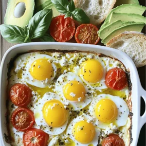 To make baked feta eggs, you need simple, fresh ingredients. Here’s what you will need: - Feta cheese - Large eggs - Cherry tomatoes - Olive oil - Dried oregano - Salt and pepper - Fresh basil - Optional ingredients: avocado, crusty bread Feta cheese gives a creamy texture. Use about 200g, crumbled. Large eggs are key for this dish. You’ll need four eggs for a perfect balance. Cherry tomatoes add sweetness and color. Aim for one cup, halved, to spread joy in every bite. Olive oil is essential for flavor. Use two tablespoons to drizzle over the tomatoes. Dried oregano brings warmth and earthiness. A teaspoon is just right. Don’t forget salt and pepper to taste. Fresh basil adds a lovely finish. You can slice an avocado for extra creaminess if you like. Crusty bread is a great side for dipping. These ingredients come together to create a tasty breakfast that feels special. Enjoy the process of gathering and preparing them! 1. Preheating the oven: Start by preheating your oven to 200°C (400°F). This step is key for even cooking. 2. Arranging cherry tomatoes: Take your baking dish and spread 1 cup of halved cherry tomatoes evenly in it. Make sure they cover the bottom well for great flavor. 3. Drizzling olive oil and seasoning: Next, drizzle 2 tablespoons of olive oil over the tomatoes. Sprinkle with 1 teaspoon of dried oregano, and add salt and pepper to taste. This adds depth to your dish. 4. Crumbling feta cheese: Now, crumble 200g of feta cheese over the tomatoes. Ensure it’s spread out evenly for a rich taste in every bite. 5. Adding eggs to the mixture: Create small wells in the feta and tomato mix. Crack 4 large eggs into each well. Season the eggs lightly with salt and pepper. This is where the magic happens! - Baking time and temperature: Place the dish in your preheated oven. Bake for about 15-20 minutes. You want the egg whites to set but keep the yolks runny. - Monitoring egg consistency: Keep an eye on the eggs while they bake. You want a slight jiggle in the yolks for the perfect texture. - Cool down instructions: Once baked, remove the dish from the oven. Let it cool for a few minutes. This allows the flavors to settle. - Garnishing with basil: Top the dish with fresh basil for a pop of color and flavor. It really brightens up the meal. Serve hot, and enjoy! To get the most from your baked feta eggs, start with oven calibration. Always check your oven's temperature with an oven thermometer. This step ensures even cooking. If your oven runs hot or cold, adjust your time accordingly. Next, focus on the egg consistency. I recommend baking until the whites are set but the yolks are still runny. This creates a delightful mix of textures. Keep an eye on them as they bake. Every oven is different, so watch for the perfect moment. For a tasty meal, pair your baked feta eggs with crusty bread. The bread soaks up the rich flavors. Use it to scoop up the eggs and tomatoes. This adds a fun and satisfying crunch. If you want extra creaminess, add sliced avocado on the side. The smooth texture complements the dish well. Plus, it adds healthy fats and nutrients. Enjoy your meal with a fresh salad or some herbs for a bright finish. {{image_2}} You can swap feta cheese for other cheeses. Goat cheese brings a tangy flavor. Cream cheese gives a richer taste. Mozzarella adds a soft, mild touch. Use what you like best. Adding veggies boosts nutrition and flavor. Spinach adds a nice green touch. Bell peppers bring sweetness and crunch. Mushrooms add earthiness. Feel free to mix and match. Spices and herbs can change the dish’s flavor profile. Try adding paprika for smoky warmth. A pinch of red pepper flakes adds heat. Fresh herbs like parsley or thyme brighten the taste. You can also explore different cooking methods. Instead of baking, you can scramble the eggs with feta. Try making a frittata for a thicker dish. Each method gives a unique twist to the meal. To keep your baked feta eggs fresh, store them in the fridge. Place any leftovers in an airtight container. Make sure they cool down before sealing. This way, they stay tasty for up to three days. If you want to keep them longer, you can freeze them, but remember that eggs can change texture. To freeze, separate the eggs from the tomatoes and feta. Store each in a freezer-safe bag. They can last for one month in the freezer. When you are ready to enjoy your leftovers, reheating is key. The best method is using an oven. Preheat it to 180°C (350°F). Place the dish in the oven for about 10-15 minutes. This warms the eggs nicely without making them rubbery. If you’re in a hurry, you can use a microwave. Heat it for 1-2 minutes, checking every 30 seconds. This keeps your baked feta eggs warm and yummy. Can I make this dish in advance? Yes, you can prepare some parts ahead of time. You can chop the tomatoes and crumble the feta the day before. Store them in the fridge. However, I recommend baking the eggs fresh for the best taste and texture. What can I substitute for feta? If you need a different cheese, try goat cheese or ricotta. Both give a nice flavor. You can also use a softer cheese, like cream cheese, for a different twist. Just keep in mind that it may change the taste. Is this dish vegetarian-friendly? Yes, Baked Feta Eggs is vegetarian-friendly. It contains no meat. It features eggs and cheese, making it a great choice for vegetarian diets. How long does it last in the fridge? This dish stays good for about 2-3 days in the fridge. Make sure to store it in an airtight container. When ready to enjoy, reheat in the oven for the best results. This dish uses simple ingredients like feta, eggs, and cherry tomatoes to create a delicious meal. You learned how to prepare, bake, and serve baked feta eggs with helpful tips. Remember to try variations and substitutions to make it your own. Store leftovers properly to enjoy them later. I hope you feel inspired to make this tasty dish soon!