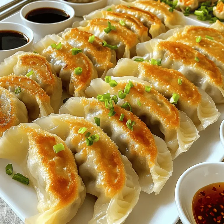 - 1 cup all-purpose flour - 1/3 cup water (plus extra if needed) - ½ teaspoon salt - 1 cup finely chopped cabbage - ½ cup shredded carrots - ½ cup minced mushrooms - 2 green onions, finely chopped - 1 teaspoon grated ginger - 1 tablespoon soy sauce - 1 teaspoon sesame oil - 2 tablespoons vegetable oil (for frying) - Dipping sauces: soy sauce and chili oil To make crispy pan-fried dumplings, you need fresh ingredients. The dough starts with all-purpose flour, water, and salt. This simple mix forms a soft and pliable dough. The filling is where the magic happens! Use chopped cabbage, shredded carrots, and minced mushrooms for flavor and crunch. Green onions and ginger add a fresh kick. Soy sauce and sesame oil bring everything together. These ingredients make each bite burst with taste. For cooking, you need vegetable oil to fry the dumplings. Serve with soy sauce and chili oil for dipping. This balance of flavors is sure to impress! To start, combine 1 cup of all-purpose flour and ½ teaspoon of salt in a bowl. Slowly add 1/3 cup of water while mixing. Keep stirring until you have a shaggy dough. Next, knead the dough on a floured surface for about 5 minutes. You want it to feel smooth. Once ready, cover it with a damp cloth and let it rest for 30 minutes. This resting time helps the dough become more elastic. For the filling, take a separate bowl. Mix together 1 cup of finely chopped cabbage, ½ cup of shredded carrots, ½ cup of minced mushrooms, and 2 finely chopped green onions. Add 1 teaspoon of grated ginger, 1 tablespoon of soy sauce, and 1 teaspoon of sesame oil. Stir until all the ingredients blend well. This mix will give a tasty punch to your dumplings. After the dough rests, divide it into small pieces. Each piece should be about the size of a golf ball. Roll each piece into a thin circle, around 3 inches wide. Keep the rolled wrappers covered with a damp cloth. This prevents them from drying out. Place 1 teaspoon of filling in the center of each wrapper. Fold the dough over to form a half-moon shape. Pinch the edges tightly to seal them. You can make pleats for a nice touch if you like. To cook, heat 2 tablespoons of vegetable oil in a large non-stick skillet over medium heat. Add the dumplings in a single layer, leaving space between them. Cook for about 2-3 minutes until the bottoms turn golden brown. Next, carefully add ¼ cup of water to the skillet. Cover the skillet right away and let it steam for about 5-7 minutes. This step helps cook the dumplings through. Once the water evaporates, remove the lid. Let them cook for an extra minute to crisp up the bottoms. Now, your crispy pan-fried dumplings are ready to serve! To make dumplings crispy, start with the right frying temperature. Heat your oil until it's hot but not smoking. A medium heat works best. You want the bottoms to brown without burning. Next, steam your dumplings for doneness. After frying, add water to the pan. Cover it quickly to trap steam inside. This helps cook the filling while keeping the skin crispy. Steam for about 5-7 minutes, then uncover and fry for one more minute. You can mix up your filling for fun. Try using different vegetables like spinach, bell peppers, or zucchini. Each adds a unique taste and texture. For added protein, consider minced chicken, pork, or tofu. These options can make your dumplings more filling and satisfying. Don’t be afraid to experiment! When serving, arrange the crispy dumplings on a large platter. This makes a great display. Small bowls of soy sauce and chili oil are perfect for dipping. Garnish with chopped green onions for a pop of color. You can even add sesame seeds for extra flair. A beautiful presentation makes your dish stand out! {{image_2}} You can make your dumplings healthier by choosing whole wheat flour. Whole wheat flour adds fiber and nutrients. It also gives a nutty flavor that pairs well with the filling. Another way to lighten up your dish is by reducing the oil for frying. Instead of using two tablespoons, start with one tablespoon. You can also use a non-stick pan. This will help keep the dumplings crispy without using too much oil. To boost flavor, try adding spices or herbs. A pinch of garlic powder or some fresh cilantro can make a big difference. You can also add a dash of chili flakes for some heat. These tweaks can make your dumplings even more exciting. Creative dipping sauce ideas can elevate your meal. Instead of just soy sauce, mix soy sauce with a splash of rice vinegar. You can also blend soy sauce with sesame oil and a hint of honey for a sweet touch. Experimenting with different sauces can lead you to your new favorite dumpling dip. You can make different types of dumplings to suit your taste. Vegetarian dumplings are a great option. Fill them with a mix of vegetables like bell peppers, spinach, or even tofu for protein. If you prefer meat, meat-filled dumplings are delicious too. You can use ground pork, chicken, or beef for the filling. Just make sure to season the meat well with ginger, garlic, and soy sauce for extra flavor. This way, you can enjoy the best of both worlds while savoring your crispy pan-fried dumplings. To store leftover dumplings, place them in an airtight container. This keeps them fresh. You can also line the container with parchment paper to avoid sticking. The recommended shelf life in the fridge is about 3 days. After that, they may lose their crispy texture. You can freeze dumplings before or after cooking. To freeze raw dumplings, spread them on a tray. Make sure they don’t touch. Once frozen, transfer them to a zip-top bag. For cooked dumplings, let them cool first. Then, place them in a container or bag. To thaw, leave them in the fridge overnight. For quick thawing, use the microwave on low. To reheat, pan-fry them straight from frozen for about 5-7 minutes. Add a splash of water and cover to steam. This keeps them crispy and warm inside. To keep dumpling wrappers fresh, cover them with a damp cloth. This will help maintain moisture. You can also place them in a sealed container. Avoid leaving them exposed to air. If you need to stack them, add parchment paper between the layers. This prevents sticking and keeps them soft. Yes, you can make dumplings ahead of time! You can store them in the fridge for up to two days. Keep them in an airtight container to avoid drying out. If you want to freeze them, place them in a single layer on a baking sheet first. Once frozen, transfer them to a freezer bag. They can last for about three months in the freezer. Reheat them by steaming or pan-frying straight from frozen. Crispy pan-fried dumplings pair well with many side dishes. Here are some tasty options: - Steamed vegetables like broccoli or bok choy - A simple salad with a light vinaigrette - Rice or noodles for a filling meal - Soy sauce or chili oil for dipping - Green tea or a light beer for beverages These sides will enhance your dumpling experience and balance flavors on your plate. Dumplings are fun to make and eat. We covered simple ingredients for dough, filling, and cooking. You learned how to prepare and assemble dumplings with easy steps. Tips on achieving crispiness and variations give you room to be creative. You can also store dumplings well, keeping leftovers fresh. Try new flavors and fillings to make them your own. Enjoy this cooking journey, and share your dumpling creations with friends!