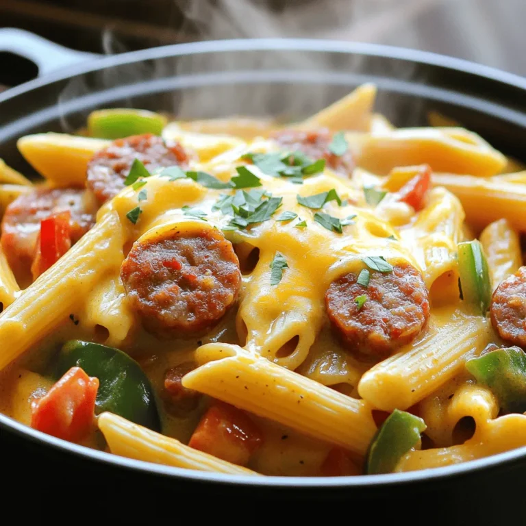 To make this One-Pot Creamy Cajun Sausage Pasta, you need a few key items: - 12 ounces penne pasta - 1 pound smoked sausage, sliced - 1 tablespoon Cajun seasoning - 1 medium onion, diced - 1 bell pepper, diced (red or green) - 2 cloves garlic, minced These ingredients bring rich flavors and textures to the dish. The penne pasta holds the creamy sauce well. The smoked sausage adds a savory depth. Cajun seasoning gives it a nice kick. The onion, bell pepper, and garlic provide sweetness and aroma. Next, gather these ingredients to enhance the dish: - 1 can (14.5 ounces) diced tomatoes, drained - 3 cups chicken broth - 1 cup heavy cream - 1 cup shredded cheddar cheese The diced tomatoes add acidity, balancing the creaminess. Chicken broth adds flavor and moisture. Heavy cream creates a silky texture, while cheddar cheese brings richness and depth. Finally, add these finishing touches: - 2 tablespoons olive oil - Salt and pepper to taste - Fresh parsley, chopped (for garnish) Olive oil helps cook the sausage and vegetables. Salt and pepper enhance all the flavors. Fresh parsley adds a pop of color and freshness to the dish. This blend of ingredients makes a delightful meal that you can enjoy any night of the week. 1. First, heat 2 tablespoons of olive oil in a large pot over medium heat. 2. Next, add 1 pound of sliced smoked sausage. Cook until it is brown, which takes about 5 to 7 minutes. This step gives the sausage a nice flavor and texture. 1. Once the sausage is cooked, add 1 medium diced onion, 1 diced bell pepper (red or green), and 2 cloves of minced garlic to the pot. 2. Sauté these together until they soften, which should take about 3 to 4 minutes. The smell will be amazing! 1. Stir in 1 tablespoon of Cajun seasoning and cook for another minute. This helps to release all the great aromas. 2. Now, add 1 can of drained diced tomatoes and 3 cups of chicken broth. Bring this mixture to a simmer. 3. Next, stir in 12 ounces of penne pasta and season with a little salt and pepper. Cover the pot and let it cook for about 10 to 12 minutes. Stir halfway through to prevent sticking. 4. After the pasta is al dente, reduce the heat to low. Pour in 1 cup of heavy cream and stir until well mixed. 5. Finally, add 1 cup of shredded cheddar cheese. Stir until it melts and makes the dish creamy. Adjust the seasoning if needed. Serve hot with fresh parsley on top for a burst of color and flavor. To get that perfect al dente pasta, follow these steps: - Cook the penne pasta just until it is firm to the bite. This usually takes around 10-12 minutes. Stir halfway through to keep it from sticking together. - After cooking, drain the pasta but keep some of the cooking water. This starchy water can help adjust the sauce's thickness later. Balancing creaminess is key for a rich sauce. Adding heavy cream at the right time makes a big difference. Stir it in slowly after the pasta cooks. This helps the cream blend evenly. You can customize Cajun seasoning to suit your taste. If you like it spicy, add a pinch of cayenne pepper or more paprika. You can also mix in some dried oregano or thyme for a fresh twist. Consider adding other spices too. A touch of garlic powder or onion powder can deepen the flavor. A bit of smoked paprika adds a nice depth and warmth. Pair this dish with a fresh green salad or garlic bread for a complete meal. A side of roasted vegetables also works well. For garnishes, sprinkle fresh parsley on top for color and taste. A squeeze of lemon juice can brighten the dish and enhance the flavors. You could also add crushed red pepper for some extra heat. {{image_2}} You can change the protein in this dish easily. - Using chicken or shrimp: If you prefer chicken, use sliced grilled chicken breast. For shrimp, add peeled shrimp during the last few minutes of cooking. They cook fast and add a nice flavor. - Vegetarian options: For a meatless meal, swap the sausage for chickpeas or lentils. These add protein and texture. You can also use plant-based sausage for a similar taste. You have options for the creamy sauce too. - Using alternative dairy options: If you want a lighter sauce, try low-fat milk or half-and-half instead of heavy cream. This will still give you creaminess. - Vegan cream substitutes: For vegan needs, use coconut milk or cashew cream. Both options add a rich flavor without dairy. Don't feel stuck with just penne pasta. - Switching to other pasta shapes: You can try rotini, farfalle, or fusilli. These shapes hold the sauce well and make for a fun dish. - Gluten-free options: If you need gluten-free pasta, look for rice or quinoa pasta. They cook a bit differently, so check the package for cooking times. To keep your One-Pot Creamy Cajun Sausage Pasta fresh, follow these tips: - Let the pasta cool to room temperature before storing. - Use airtight containers to prevent moisture loss. - Refrigerate the pasta within two hours of cooking. - Store leftovers for up to three days. When it’s time to enjoy your leftovers, follow these methods: - Use a microwave-safe dish for quick reheating. - Heat in short intervals, stirring often to avoid hot spots. - For stovetop reheating, add a splash of chicken broth to keep it creamy. - Cover the pot to trap moisture and prevent drying out. If you want to freeze your pasta, here’s how: - Cool the pasta completely before freezing. - Portion it into individual servings for easy defrosting. - Use freezer-safe bags or containers to save space. - Label with the date to keep track of freshness. - To defrost, place in the fridge overnight or use the microwave on low. Yes, you can make this dish ahead of time. To prep, cook the sausage, veggies, and pasta as directed. Let it cool and then store it in an airtight container. You can keep it in the fridge for up to 3 days. When ready to serve, reheat it on the stove. Add a splash of chicken broth or cream to keep it creamy. This method saves time on busy days. To add heat, you can use extra Cajun seasoning. A dash of hot sauce works too. Try adding sliced jalapeños or crushed red pepper flakes for more spice. Mix these spicy elements in with the sausage or veggies during cooking. Start with a little and taste as you go. You can always add more heat! This pasta pairs great with a simple green salad. A fresh garden salad adds a nice crunch. Garlic bread is another tasty option. If you want something lighter, try steamed broccoli or green beans. These sides balance the creamy pasta well. They also make your meal more colorful and healthy! In this post, we explored a flavorful dish: One-Pot Creamy Cajun Sausage Pasta. We covered the main and additional ingredients, cooking steps, and tips for perfect texture. I shared ways to customize flavors and suggested possible variations for proteins and sauces. Proper storage and reheating were also highlighted. This dish is easy to adapt and fun to make. Enjoy experimenting with flavors and ingredients. Remember, cooking should be simple and enjoyable!