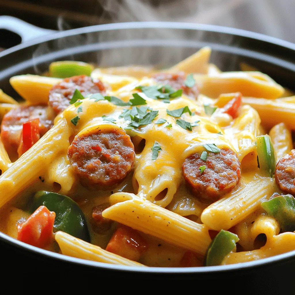 To make this One-Pot Creamy Cajun Sausage Pasta, you need a few key items: - 12 ounces penne pasta - 1 pound smoked sausage, sliced - 1 tablespoon Cajun seasoning - 1 medium onion, diced - 1 bell pepper, diced (red or green) - 2 cloves garlic, minced These ingredients bring rich flavors and textures to the dish. The penne pasta holds the creamy sauce well. The smoked sausage adds a savory depth. Cajun seasoning gives it a nice kick. The onion, bell pepper, and garlic provide sweetness and aroma. Next, gather these ingredients to enhance the dish: - 1 can (14.5 ounces) diced tomatoes, drained - 3 cups chicken broth - 1 cup heavy cream - 1 cup shredded cheddar cheese The diced tomatoes add acidity, balancing the creaminess. Chicken broth adds flavor and moisture. Heavy cream creates a silky texture, while cheddar cheese brings richness and depth. Finally, add these finishing touches: - 2 tablespoons olive oil - Salt and pepper to taste - Fresh parsley, chopped (for garnish) Olive oil helps cook the sausage and vegetables. Salt and pepper enhance all the flavors. Fresh parsley adds a pop of color and freshness to the dish. This blend of ingredients makes a delightful meal that you can enjoy any night of the week. 1. First, heat 2 tablespoons of olive oil in a large pot over medium heat. 2. Next, add 1 pound of sliced smoked sausage. Cook until it is brown, which takes about 5 to 7 minutes. This step gives the sausage a nice flavor and texture. 1. Once the sausage is cooked, add 1 medium diced onion, 1 diced bell pepper (red or green), and 2 cloves of minced garlic to the pot. 2. Sauté these together until they soften, which should take about 3 to 4 minutes. The smell will be amazing! 1. Stir in 1 tablespoon of Cajun seasoning and cook for another minute. This helps to release all the great aromas. 2. Now, add 1 can of drained diced tomatoes and 3 cups of chicken broth. Bring this mixture to a simmer. 3. Next, stir in 12 ounces of penne pasta and season with a little salt and pepper. Cover the pot and let it cook for about 10 to 12 minutes. Stir halfway through to prevent sticking. 4. After the pasta is al dente, reduce the heat to low. Pour in 1 cup of heavy cream and stir until well mixed. 5. Finally, add 1 cup of shredded cheddar cheese. Stir until it melts and makes the dish creamy. Adjust the seasoning if needed. Serve hot with fresh parsley on top for a burst of color and flavor. To get that perfect al dente pasta, follow these steps: - Cook the penne pasta just until it is firm to the bite. This usually takes around 10-12 minutes. Stir halfway through to keep it from sticking together. - After cooking, drain the pasta but keep some of the cooking water. This starchy water can help adjust the sauce's thickness later. Balancing creaminess is key for a rich sauce. Adding heavy cream at the right time makes a big difference. Stir it in slowly after the pasta cooks. This helps the cream blend evenly. You can customize Cajun seasoning to suit your taste. If you like it spicy, add a pinch of cayenne pepper or more paprika. You can also mix in some dried oregano or thyme for a fresh twist. Consider adding other spices too. A touch of garlic powder or onion powder can deepen the flavor. A bit of smoked paprika adds a nice depth and warmth. Pair this dish with a fresh green salad or garlic bread for a complete meal. A side of roasted vegetables also works well. For garnishes, sprinkle fresh parsley on top for color and taste. A squeeze of lemon juice can brighten the dish and enhance the flavors. You could also add crushed red pepper for some extra heat. {{image_2}} You can change the protein in this dish easily. - Using chicken or shrimp: If you prefer chicken, use sliced grilled chicken breast. For shrimp, add peeled shrimp during the last few minutes of cooking. They cook fast and add a nice flavor. - Vegetarian options: For a meatless meal, swap the sausage for chickpeas or lentils. These add protein and texture. You can also use plant-based sausage for a similar taste. You have options for the creamy sauce too. - Using alternative dairy options: If you want a lighter sauce, try low-fat milk or half-and-half instead of heavy cream. This will still give you creaminess. - Vegan cream substitutes: For vegan needs, use coconut milk or cashew cream. Both options add a rich flavor without dairy. Don't feel stuck with just penne pasta. - Switching to other pasta shapes: You can try rotini, farfalle, or fusilli. These shapes hold the sauce well and make for a fun dish. - Gluten-free options: If you need gluten-free pasta, look for rice or quinoa pasta. They cook a bit differently, so check the package for cooking times. To keep your One-Pot Creamy Cajun Sausage Pasta fresh, follow these tips: - Let the pasta cool to room temperature before storing. - Use airtight containers to prevent moisture loss. - Refrigerate the pasta within two hours of cooking. - Store leftovers for up to three days. When it’s time to enjoy your leftovers, follow these methods: - Use a microwave-safe dish for quick reheating. - Heat in short intervals, stirring often to avoid hot spots. - For stovetop reheating, add a splash of chicken broth to keep it creamy. - Cover the pot to trap moisture and prevent drying out. If you want to freeze your pasta, here’s how: - Cool the pasta completely before freezing. - Portion it into individual servings for easy defrosting. - Use freezer-safe bags or containers to save space. - Label with the date to keep track of freshness. - To defrost, place in the fridge overnight or use the microwave on low. Yes, you can make this dish ahead of time. To prep, cook the sausage, veggies, and pasta as directed. Let it cool and then store it in an airtight container. You can keep it in the fridge for up to 3 days. When ready to serve, reheat it on the stove. Add a splash of chicken broth or cream to keep it creamy. This method saves time on busy days. To add heat, you can use extra Cajun seasoning. A dash of hot sauce works too. Try adding sliced jalapeños or crushed red pepper flakes for more spice. Mix these spicy elements in with the sausage or veggies during cooking. Start with a little and taste as you go. You can always add more heat! This pasta pairs great with a simple green salad. A fresh garden salad adds a nice crunch. Garlic bread is another tasty option. If you want something lighter, try steamed broccoli or green beans. These sides balance the creamy pasta well. They also make your meal more colorful and healthy! In this post, we explored a flavorful dish: One-Pot Creamy Cajun Sausage Pasta. We covered the main and additional ingredients, cooking steps, and tips for perfect texture. I shared ways to customize flavors and suggested possible variations for proteins and sauces. Proper storage and reheating were also highlighted. This dish is easy to adapt and fun to make. Enjoy experimenting with flavors and ingredients. Remember, cooking should be simple and enjoyable!