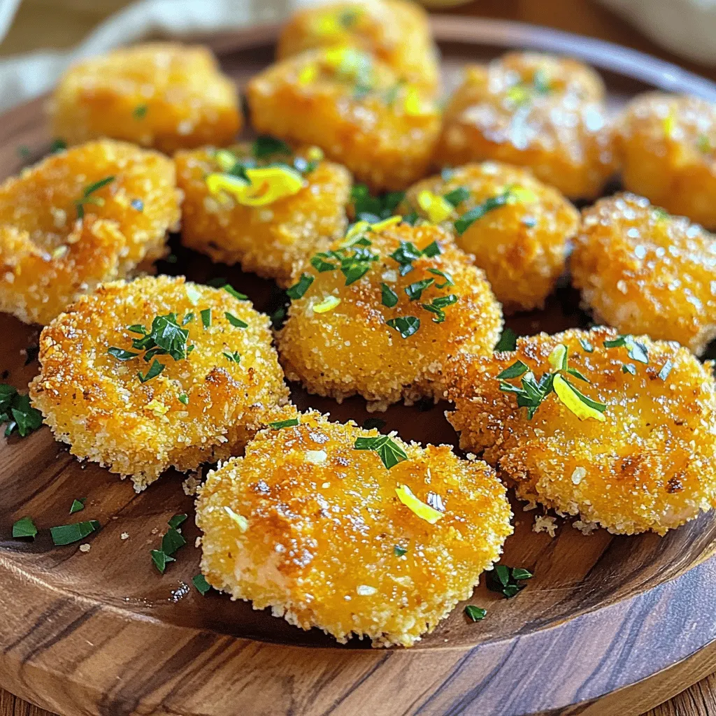 - 1 lb salmon fillet, skin removed - 1 tablespoon lemon zest - 2 tablespoons fresh lemon juice - 2 teaspoons black pepper - 1 teaspoon garlic powder - 1/2 teaspoon salt - 1/2 cup all-purpose flour - 2 large eggs, beaten - 1 cup breadcrumbs (panko for extra crunch) - Olive oil for frying - Fresh parsley, chopped (for garnish) The main ingredients make this dish shine. Salmon is rich, tender, and full of flavor. The lemon zest and juice bring a bright taste. Black pepper adds a nice kick. Garlic powder gives depth, while salt enhances all the flavors. For breading, we use flour, eggs, and breadcrumbs. The flour helps the egg stick. The beaten eggs coat the fish well. Panko breadcrumbs create a crunchy crust. This texture makes each bite exciting. You’ll need olive oil to fry the nuggets. It gives a golden color and crispiness. Fresh parsley adds a pop of color and fresh flavor. This simple list of ingredients is key to making tasty lemon pepper salmon nuggets. Each part works together to create something special. In a medium bowl, combine the lemon zest, lemon juice, black pepper, garlic powder, and salt. Mix well to create a tangy marinade. The lemon adds brightness while the pepper brings a kick. Next, add the salmon cubes to the marinade. Gently mix to coat each piece evenly. Cover and place it in the refrigerator for 15 to 30 minutes. This step lets the flavors soak into the salmon. Now, set up your breading station. Place the flour in one shallow dish. In another dish, crack and beat the eggs. Finally, put breadcrumbs in a third dish. This setup makes breading easy and fun. Take the marinated salmon out of the fridge. Let any excess marinade drip off. First, dredge each piece in flour, shaking off the extra. Next, dip it into the beaten eggs. Finally, coat with breadcrumbs, pressing gently to stick. Heat olive oil in a large skillet over medium-high heat. Once the oil is hot, add the breaded salmon nuggets in batches. Do not overcrowd the pan. Fry them for about 3 to 4 minutes on each side until they turn golden brown. Once fried, place the nuggets on a paper towel-lined plate. This helps remove any extra oil. Before serving, garnish with fresh parsley. It adds a nice touch and extra flavor. Enjoy your crispy, flavorful treats! - Ensure oil is hot enough for frying. The oil should shimmer but not smoke. Test it by dropping a breadcrumb in. If it sizzles, it's ready. - Avoid overcrowding the skillet. Fry the nuggets in batches. This helps them cook evenly and get crispy. - Marinate the salmon cubes in advance. You can marinate them up to 30 minutes before cooking. - Breading can also be done ahead. Coat the nuggets and keep them in the fridge. This makes meal prep easy. - Use panko breadcrumbs for extra crunch. They create a great texture. Panko is lighter and crispier than regular breadcrumbs. - Fry at the right temperature. Too low, and they will soak up oil. Too high, and they will burn before cooking through. Keep an eye on your heat! {{image_2}} You can change the taste of your lemon pepper salmon nuggets easily. Adding fresh herbs like dill or thyme boosts the flavor. These herbs give a fresh twist that pairs well with salmon. For a spicy kick, try adding cayenne pepper to the mix. It adds heat and depth to the dish. Feel free to adjust the spice level to your liking. Experimenting with flavors keeps things fun in the kitchen. These salmon nuggets taste great on their own, but dipping sauces make them even better. Tartar sauce adds a creamy, tangy touch. Aioli, with its garlic flavor, also makes a fantastic option. You can try both or mix them for a unique sauce. Serve the nuggets on a platter with these sauces for a fun meal. If you prefer baking over frying, you can still enjoy these nuggets. Preheat your oven to 400°F. After breading the salmon, place the nuggets on a baking sheet lined with parchment paper. Lightly spray or brush them with olive oil. Bake for about 15-20 minutes, flipping halfway through. This method keeps them healthier and just as tasty. Enjoy your baked lemon pepper salmon nuggets guilt-free! To keep your lemon pepper salmon nuggets fresh, place them in an airtight container. Make sure they cool down first. You can store them in the fridge for up to three days. This helps keep their taste and texture. If you want to enjoy them later, freezing is a great option. When you want to reheat your salmon nuggets, the oven works best. Preheat it to 350°F (175°C). Place the nuggets on a baking sheet. Heat them for about 10-15 minutes. This method helps them stay crispy. You can also use the air fryer. Just set it to 350°F (175°C) and heat for about 5-7 minutes. Check to make sure they are hot all the way through. To freeze salmon nuggets, let them cool completely first. Place them in a single layer on a baking sheet. Freeze them for 1-2 hours until solid. Then, transfer the nuggets to a freezer bag or container. This method helps prevent them from sticking together. When you want to eat them, thaw in the fridge overnight. Reheat as mentioned for the best taste. You can use other fish like cod, tilapia, or trout. These fish have a mild flavor and cook well. If you prefer plant-based options, try chickpeas or tofu. Both can mimic the texture and will soak up the lemon pepper flavor nicely. Yes, you can! Use gluten-free flour instead of regular flour. For breadcrumbs, look for gluten-free panko or make your own from gluten-free bread. This way, you keep the crunch without the gluten. These nuggets will last about three days in the fridge. Make sure to store them in an airtight container. This helps keep them fresh and tasty. Many sides go well with lemon pepper salmon nuggets. I recommend crispy sweet potato fries, a fresh garden salad, or steamed broccoli. These options add color and balance to your meal. This recipe for lemon pepper salmon nuggets is sure to impress. You learned how to prepare the marinade, bread the salmon, and fry the nuggets to a perfect golden brown. You can even customize them with different herbs or dipping sauces. Remember to store leftovers properly so they taste great later. Enjoy sharing these tasty bites with your family and friends. Cooking should always be fun and rewarding! Dive into this delicious experience and savor every bite.
