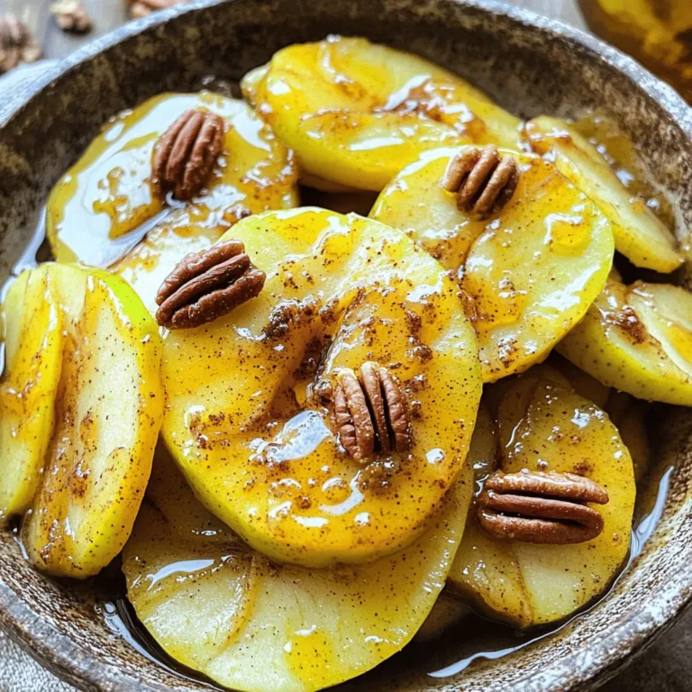 - 4 large Granny Smith apples, peeled, cored, and sliced - 1/4 cup unsalted butter - 1/2 cup brown sugar Granny Smith apples give the best flavor and a perfect tartness. Their firm texture holds up well when cooked. Next, unsalted butter adds richness and depth. Brown sugar brings sweetness, creating that delightful caramel-like sauce. - 1 teaspoon ground cinnamon - 1/4 teaspoon nutmeg - 1 tablespoon lemon juice Ground cinnamon is a must for that warm, cozy flavor. Nutmeg adds a hint of spice that makes this dish special. Lemon juice brightens the apples and balances the sweetness. - 1/2 cup chopped pecans - 1 tablespoon vanilla extract Chopped pecans give a nice crunch and add a nutty flavor. Vanilla extract enhances the overall taste, making the dish even more comforting. Feel free to add these for extra flair! Start by peeling the apples. I like using Granny Smith apples for their tartness. Once peeled, core them and slice them into thin pieces. If you want to keep the apples from browning, soak them in lemon juice for a few minutes. This step adds a nice brightness to the dish. Next, melt your unsalted butter in a large skillet over medium heat. Wait until it bubbles and gets a bit foamy. Then, add your sliced apples to the pan. Sauté them for about 2-3 minutes. You want them to start softening but not turn mushy yet. Now comes the fun part. Sprinkle the brown sugar, cinnamon, nutmeg, salt, and black pepper over the apples. Stir well to coat everything. The sugar and spices will create a lovely sweet sauce. Add in the lemon juice and vanilla extract for a flavor boost. Continue to stir for about 5 more minutes. The apples should become tender, and the sauce should thicken slightly. If you choose to, add chopped pecans for a crunchy touch and cook for another minute. Then, remove the skillet from the heat and let the apples cool a bit before serving. To get the right texture for your Southern fried apples, focus on cooking time and heat. Start with medium heat. This helps the apples cook slowly and evenly. Sauté the apples for 2-3 minutes. They should start to soften but not fall apart. Test the apples for tenderness by poking them with a fork. They should be soft but still hold their shape. If they need more time, continue to cook for an extra minute or two. You can change the flavor of your fried apples with different spices. Try adding ginger or allspice for a unique twist. For a sweeter taste, you can add more brown sugar or honey. If you want a bit of tartness, a splash of lemon juice works great. Adjust the sweetness based on your taste. Remember, the balance of sweet and tart is key. Serving your Southern fried apples can be fun and creative. I recommend serving them warm in a bowl. Drizzle some sauce from the skillet over the apples. For a special touch, add a scoop of vanilla ice cream on top. Garnish with a sprinkle of cinnamon and some whole pecans. This adds color and crunch to your dish. Enjoy this comforting dessert warm or as a side dish! {{image_2}} You can change the apples for a new taste. Try using Honeycrisp, Fuji, or Pink Lady apples. Each type brings a unique flavor. Honeycrisp is sweet and crisp, while Fuji is juicy and slightly tart. You can also use pears or peaches for a different twist. Just slice them like apples and follow the same steps. Adding a splash of bourbon or rum can take your dish to a new level. The warmth of the alcohol pairs well with the spices. You can also mix in different nuts. Chopped walnuts or almonds offer a nice crunch. They will add texture and flavor to your dish. If you want a lighter version, reduce the sugar. You can use just a little brown sugar, or swap it for honey or maple syrup. Natural sweeteners are great options. They can give you the sweetness you want without extra calories. Enjoy your Southern fried apples with less guilt! To store your Southern Fried Apples, let them cool first. Place them in an airtight container. Keep them in the fridge. They will last about three to five days. Be sure to check for any signs of spoilage before enjoying them again. When it comes to reheating, the best way is in a skillet. Heat them over medium heat until warm. This keeps the apples soft and the sauce tasty. You can also use a microwave for quick reheating. Just cover them with a microwave-safe lid. Serve them warm, topped with a scoop of vanilla ice cream for a delightful treat. To freeze Southern Fried Apples, let them cool completely first. Place them in a freezer-safe bag. Remove as much air as possible before sealing. They can last for about three months in the freezer. To use frozen apples, thaw them in the fridge overnight. Then, reheat them in a skillet or microwave. Enjoy the sweet flavors just like fresh! Yes, you can prepare Southern Fried Apples in advance. Cook them as the recipe states and let them cool. Store them in an airtight container in the fridge. They will stay fresh for up to three days. When you're ready to serve, simply reheat them in a skillet over low heat. This way, the apples regain their warmth and flavor. Southern Fried Apples are versatile and can enhance many meals. They pair well with: - Pork chops or fried chicken for a savory touch. - Pancakes or waffles for breakfast. - Vanilla ice cream for a sweet dessert. This dish adds a sweet and tangy layer to your meal, making it comforting and delicious. To make Southern Fried Apples vegan, swap the butter for coconut oil or a vegan butter substitute. Use brown sugar or maple syrup in place of regular sugar. Both options will keep the flavor rich and sweet. These swaps ensure you enjoy the same delightful taste while accommodating a vegan diet. Southern Fried Apples combine classic ingredients with simple steps to create a tasty dish. You learned how to peel and cook apples with butter, sugar, and spices. Tips help you achieve the perfect texture, along with ways to add your own twist. Whether you serve them warm or cold, these apples are a delightful treat. Try new fruits or adjust sweetness for your taste. Enjoy creating your version of this Southern favorite.