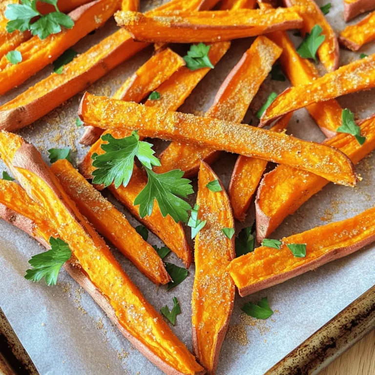 - 2 large sweet potatoes - 2 tablespoons olive oil - 1 teaspoon garlic powder - 1 teaspoon paprika - ½ teaspoon cumin - ½ teaspoon sea salt - ¼ teaspoon black pepper - ½ teaspoon cornstarch - Fresh parsley for garnish To make crispy oven sweet potato fries, you need just a few simple ingredients. Start with two large sweet potatoes. They will be the star of your dish. Next, gather olive oil and a few spices: garlic powder, paprika, cumin, sea salt, and black pepper. These add great flavor to your fries. Cornstarch is also key. It helps the fries get that perfect crispiness. Finally, fresh parsley adds a pop of color and freshness when you serve the fries. Once you gather these ingredients, you can dive into the fun of cooking. Each ingredient plays a role in creating a tasty and healthy snack. Enjoy the process of making these fries as much as you enjoy eating them! 1. Preheating the oven: Start by preheating your oven to 425°F (220°C). This hot temperature helps the fries get crispy. While the oven heats, you can prep your sweet potatoes. 2. Peeling and cutting the sweet potatoes: Take two large sweet potatoes and peel them. Use a sharp knife to cut them into fry shapes. Aim for uniform size for even cooking. 1. Tossing with oil and spices: In a large bowl, add the cut sweet potatoes. Pour in 2 tablespoons of olive oil. Then, add 1 teaspoon of garlic powder, 1 teaspoon of paprika, ½ teaspoon of cumin, ½ teaspoon of sea salt, ¼ teaspoon of black pepper, and ½ teaspoon of cornstarch. Toss everything together until each fry is well-coated with the oil and spices. 2. Ensuring even coating: Make sure every fry gets a good mix. This step is key for flavor and crispiness. Take your time to ensure even coverage. 1. Spreading fries on a baking sheet: Line a baking sheet with parchment paper. Spread the seasoned fries in a single layer on the sheet. Avoid overlapping them; this helps them cook evenly. 2. Initial baking time and flipping: Place the baking sheet in the oven for 20 minutes. After 20 minutes, take a spatula and flip the fries. This ensures they brown on all sides. 3. Final bake for crispiness: Return the fries to the oven for another 15 to 20 minutes. Keep an eye on them to prevent burning. They should come out crispy and golden brown. To get the best crispiness, cornstarch is key. It helps absorb moisture and creates a crunchy outer layer. Just use half a teaspoon in your mix. This small amount makes a big difference. Next, use a single layer baking technique. Spread the fries out on the baking sheet without overlapping. This allows hot air to reach every fry. You want each fry to cook evenly and get golden brown. Spice up your fries with different seasonings. Try adding cayenne for heat or cinnamon for sweetness. You can mix and match based on what you like. When it comes to dips, there are many choices! A creamy ranch or tangy aioli pairs well. You can also serve them with ketchup or a spicy sriracha sauce. Each dip adds its own fun twist to your fries. {{image_2}} You can switch things up with sweet potato fries. Try making sweet potato wedges. Just cut the sweet potatoes into thicker pieces. They will take a bit longer to cook, so check for doneness. Another fun option is sweet potato chips. Use a mandoline to slice them very thin. This method creates crispy chips that are great for snacking. Bake them at a higher temperature for a shorter time. Adding heat can make your fries exciting. Use cayenne or chili powder to give them a kick. Start with a small amount and adjust to your taste. If you prefer sweet flavors, try adding cinnamon or brown sugar. This mix pairs well with the natural sweetness of the potatoes. It's a delightful twist that kids love. Experiment with these variations to find your favorite taste! To keep your leftover fries crispy, follow these simple tips: - Cool Down: Let the fries cool completely before storing. This helps reduce moisture. - Use an Airtight Container: Place the fries in a container with a tight lid. This keeps them fresh longer. - Avoid Stacking: If you have many fries, avoid stacking them. This prevents sogginess. Store the fries in the fridge. They will stay good for up to three days. Remember, the quicker you eat them, the better! When it's time to enjoy your leftover fries, you can reheat them in two ways: - Oven Reheating: Preheat your oven to 400°F (200°C). Spread the fries in a single layer on a baking sheet. Bake for about 10-15 minutes. This method keeps them crispy. - Microwave: If you’re in a hurry, you can use the microwave. Place fries on a plate and cover them with a paper towel. Heat for about 30 seconds, but this may make them soft. To restore crispiness in the microwave, try finishing in the oven. This gives you the best of both worlds! To make sweet potato fries crispy, use a few key techniques. First, cut your fries evenly. This helps them cook at the same rate. Next, toss them with cornstarch. Cornstarch absorbs moisture and adds crunch. Use olive oil to coat the fries, but don’t overdo it. Too much oil can make them soggy. Spread the fries in a single layer on your baking sheet. Make sure they are not touching. This allows hot air to circulate around each fry. Bake at 425°F (220°C) for the best results. Flip them halfway through cooking for even browning. Yes, you can freeze sweet potato fries. To freeze them, first, bake them until they are slightly undercooked. Let them cool completely. Then, spread the fries on a baking sheet in a single layer and freeze for about an hour. Once frozen, transfer them to a freezer-safe bag. They will stay good for up to three months. When ready to eat, bake them straight from the freezer. No need to thaw! Sweet potato fries are great with many seasonings. Some popular combinations include: - Garlic powder and paprika for a savory kick - Cumin and sea salt for a warm flavor - Chili powder and lime juice for a zesty twist You can also try custom flavors. Mix in cinnamon and brown sugar for a sweet option. Or add cayenne pepper for heat. The options are endless! In this article, I shared how to make delicious sweet potato fries. We covered ingredients, preparation steps, and tips for achieving a perfect crisp. Remember to use cornstarch and bake in a single layer for best results. You can also explore various flavors and storage methods. Enjoy your tasty fries with your favorite dips and impress your friends! Cooking can be fun, and sweet potato fries are a great way to start.