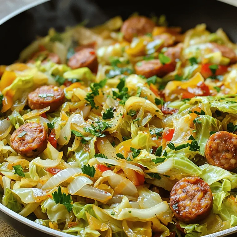 To create this tasty dish, you need the following ingredients: - 1 medium green cabbage, shredded - 2 tablespoons olive oil - 1 pound spicy Italian chicken sausage, sliced - 1 medium onion, thinly sliced - 3 cloves garlic, minced - 1 red bell pepper, sliced - ½ teaspoon smoked paprika - ¼ teaspoon red pepper flakes (optional, for heat) - Salt and black pepper to taste - 2 tablespoons apple cider vinegar - Fresh parsley, chopped (for garnish) Using the right amounts makes your dish great. Here are some tips: - Use a kitchen scale for meat. This helps with accuracy. - Use measuring spoons for oils and spices. Level them off for exact measures. - Chop veggies uniformly. It helps them cook evenly. Fresh ingredients often taste better. Here’s why you might choose fresh: - Flavor: Fresh cabbage and peppers add crunch and brightness. - Nutrition: They usually have more vitamins. - Texture: Fresh veggies hold up better when cooked. However, pre-packaged ingredients can save time. If you're busy, consider using them. Just make sure to check for added salt or preservatives. 1. Heat oil: Start by heating olive oil in a large skillet over medium heat. 2. Cook sausage: Add the sliced sausage. Cook until browned, about 5-7 minutes. Remove and set aside. 3. Sauté veggies: In the same skillet, add the sliced onion and bell pepper. Sauté for 3-4 minutes until they soften. 4. Add garlic and spices: Stir in minced garlic, smoked paprika, and red pepper flakes (if using). Cook for 1-2 minutes until fragrant. 5. Mix in cabbage: Add the shredded cabbage to the skillet. Gently mix it with the other ingredients. 6. Season and cook: Season with salt and black pepper. Cook while stirring occasionally until the cabbage is tender, about 8-10 minutes. 7. Combine with sausage: Return the cooked sausage to the skillet. Drizzle apple cider vinegar over the mixture. Cook for another 2-3 minutes to meld flavors. 8. Taste and adjust: Taste the dish and adjust seasoning if needed. 9. Garnish: Remove from heat and garnish with chopped parsley before serving. Sautéing is a quick cooking method. Here are key tips for perfect sautéing: - Use medium heat: This helps to cook food evenly without burning. - Don’t overcrowd the pan: Cook in batches if needed. This ensures even browning. - Use a sturdy spatula: This helps to toss and turn ingredients easily. - Keep stirring: Stir often to avoid sticking and ensure all ingredients cook well. Working with hot oil can be dangerous. Follow these safety tips: - Be cautious: Always keep a safe distance from the hot oil to avoid splashes. - Use the right oil: Choose oils with high smoke points, like olive oil. - Prevent burns: Use long-handled tools to stir or flip food in hot oil. - Have a lid handy: In case of a fire, cover the pan with a lid to smother the flames. These steps ensure your sautéed cabbage with sausage turns out perfectly delicious and safe to make! To boost the taste of your sautéed cabbage with sausage, try these tips: - Use high-quality sausage. Spicy Italian sausage adds a lot of flavor. - Add a splash of soy sauce for umami. - A squeeze of fresh lemon juice brightens the dish. - Experiment with different spices, like cumin or coriander. These small changes make a big difference in taste. You can find your unique flavor profile. Cabbage can get watery if you don’t handle it right. Here are my favorite tricks: - Avoid washing the cabbage after shredding. Moisture makes it soggy. - Cook over medium heat to control moisture loss. - Stir occasionally, but not too often. This helps it dry out a bit. These steps help keep your cabbage crisp and tasty. For a full meal, pair your sautéed cabbage with sausage with simple sides: - Serve with crusty bread for a comforting touch. - Add a side salad for freshness. - Pair with rice or quinoa to soak up the juices. These options make your dinner more balanced and enjoyable. Feel free to mix and match! {{image_2}} You can swap the spicy Italian chicken sausage for other types. Try turkey sausage for a lighter option. Pork sausage adds rich flavor and fat. If you want something different, use smoked sausage. Each choice brings a unique taste to the dish. Adding more veggies boosts the dish's nutrition. Carrots, zucchini, or green beans work well. Just chop them into small pieces to cook evenly. You can also add spinach or kale for extra greens. This makes your meal colorful and healthy. If you are watching carbs, there are easy swaps. Replace cabbage with broccoli slaw or cauliflower rice. These options keep the dish low in carbs but still tasty. You can also skip the apples and use lemon juice instead. This keeps the flavor bright without added sugars. To store leftover sautéed cabbage with sausage, let it cool first. Transfer it to an airtight container. This will keep the dish fresh for up to three days in the fridge. Make sure you seal it tightly to avoid any odors from other foods. When you want to reheat your dish, use a skillet. Heat it over medium heat. Add a splash of olive oil or a little water to help steam the cabbage. Stir gently until the dish is warmed through. This keeps the cabbage tender and the sausage juicy. You can also use a microwave. Just cover it to keep moisture in and heat for 1-2 minutes. If you want to freeze it, place the cooled dish in a freezer-safe container. Leave some space at the top for expansion. Sautéed cabbage with sausage can last for up to three months in the freezer. When you’re ready to eat, thaw it overnight in the fridge. Then, reheat it as mentioned above. This way, you still enjoy great taste even after freezing! Yes, you can use other types of cabbage. Green cabbage is popular, but red cabbage works too. It adds color and a slight sweetness. Napa cabbage is another great choice. It cooks fast and has a tender texture. Each type gives a unique flavor to the dish. Just remember to adjust cooking time as needed. To make this dish vegetarian, swap the sausage for plant-based sausage. There are many tasty options in stores today. Also, you can add more veggies like mushrooms or zucchini. These will give extra flavor and texture. You can still use the same spices and seasonings. This keeps the dish savory and satisfying. Several side dishes go well with sautéed cabbage and sausage. A simple green salad adds freshness. Roasted potatoes or sweet potatoes bring warmth and earthiness. You can also serve it with crusty bread to soak up the juices. Rice or quinoa works well too, adding a nice base to the meal. This recipe for sautéed cabbage with sausage combines easy ingredients and simple steps. We've covered measurements, expert tips, and flavor boosters. Don't forget the variations and storage methods, which add flexibility. In the end, this dish is both tasty and easy to adapt. With a few tweaks, you can make it your own. Enjoy cooking and sharing this meal!