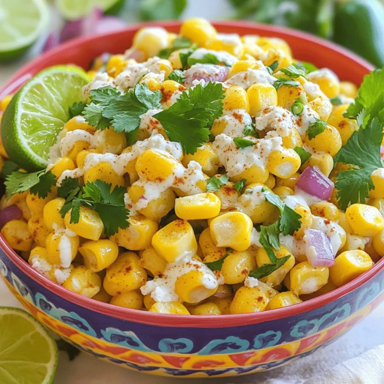 - 4 ears of corn, husked - 1/2 cup cotija cheese, crumbled - 1/4 cup mayonnaise - 2 tablespoons sour cream - 1 tablespoon lime juice - 1 teaspoon chili powder - 1/2 teaspoon garlic powder - 1/4 teaspoon cayenne pepper (optional) - 1/4 cup fresh cilantro, chopped - Salt and pepper to taste - 1/2 red onion, finely diced - 1 jalapeño, deseeded and finely chopped When making Mexican Street Corn Salad, fresh ingredients shine. Corn is the star here. Use sweet, ripe corn for the best taste. Cotija cheese adds a salty kick. Mayonnaise and sour cream create a creamy base. Lime juice brightens the mix. Chili powder gives warmth, while garlic powder adds depth. You can add cayenne for heat. If you want a milder dish, skip it. Fresh cilantro brings freshness, while red onion adds crunch. Jalapeño adds a spicy touch, but you can adjust it to your taste. You can also play with optional ingredients. Try adding herbs like parsley or green onions. For more flavor, sprinkle in spices like paprika or cumin. If you want to change things up, consider substitutions. Feta or mozzarella can replace cotija cheese. For a vegan option, use plant-based mayo and cheese. These swaps keep the salad tasty and inclusive. - Step 1: Grill the Corn Start by heating your grill to medium-high. Place the husked corn on the grill. Grill each ear for about 10 to 12 minutes. Turn the corn often so it cooks evenly. Look for a nice char on the kernels. This adds great flavor. Once done, take the corn off the grill and let it cool. - Step 2: Cut the Corn Off the Cob When the corn is cool, use a sharp knife to cut the kernels off the cobs. Hold the corn upright in a bowl for easy cutting. Be careful while cutting to avoid accidents. You want all those sweet kernels to fall into the bowl. - Step 3: Combine Base Ingredients In a large bowl, mix the mayonnaise, sour cream, lime juice, chili powder, garlic powder, and cayenne pepper if you like heat. Add a pinch of salt and pepper. Stir well until everything blends together. This creamy dressing will coat the corn later. - Step 4: Mix the Corn with the Dressing Add the grilled corn kernels, diced red onion, chopped jalapeño, and fresh cilantro to the bowl with the dressing. Gently fold everything together. Make sure the corn is coated nicely with the dressing. This is where the magic happens! - Step 5: Fold in Cotija Cheese Just before you serve, fold in the crumbled cotija cheese. This cheese adds a salty flavor that balances the creaminess. Taste the salad now and adjust any seasoning if you feel it needs more salt or pepper. - Step 6: Serving Suggestions You can serve the salad right away, but chilling it for 30 minutes makes it even better. Serve it in a colorful bowl. For a great touch, garnish with extra cotija cheese, lime wedges, and cilantro leaves on top. It looks beautiful and tastes amazing! Grilling corn brings out its natural sweetness. For perfect grilling, preheat your grill to medium-high. Grill the corn for about 10 to 12 minutes. Turn it often until you see nice char marks. This gives the corn a smoky taste. Let the corn cool before cutting it off the cob. To deepen the flavor, use more spices. Add extra lime juice for zing. Consider mixing in some fresh herbs like parsley or green onions. If you want more heat, sprinkle in cayenne pepper. For sweetness, drizzle a little honey or agave syrup. Mexican Street Corn Salad works well at many events. Serve it at picnics, barbecues, or family dinners. It pairs nicely with grilled meats like chicken or steak. It also goes well with tacos and fajitas. For a full meal, add some rice or beans on the side. {{image_2}} You can change corn to fit your needs. If fresh corn is not available, use frozen or canned corn. Both options still taste great in this salad. You can also swap the dressing. Try using yogurt instead of mayo for a lighter version. A vinaigrette can add a zesty kick too. Authentic Mexican street corn salad often includes lime and chili. You can add more spices for a unique taste. For fusion styles, consider mixing in flavors from other cuisines. For example, adding Italian herbs or Asian sesame can create a fun twist. Experimenting with flavors can lead to exciting new dishes. If you're looking for gluten-free options, this salad is naturally free of gluten. You can also make it low-carb by reducing the corn. Vegetarians will love this dish, but you can also make it vegan. Use plant-based mayo and cheese to keep it dairy-free. Adjusting ingredients allows everyone to enjoy this salad. To keep your Mexican street corn salad fresh, place it in an airtight container. This helps to lock in flavor and moisture. Store it in the fridge right after serving. The salad stays good for about 3 to 5 days. Always check for any signs of spoilage before eating. You can reheat the salad, but I recommend serving it cold for the best taste. If you prefer it warm, use a microwave. Heat it in short bursts, stirring between each. This helps maintain the texture of the corn and keeps the cheese from melting too much. Freezing is not ideal for this salad. It can change the texture of the corn and other ingredients. However, if you need to freeze it, store it in a freezer-safe container. Make sure to eat it within 2 months for the best quality. When ready to use, thaw it in the fridge overnight. To make Mexican Street Corn Salad, follow these simple steps: 1. Grill the Corn: Preheat your grill. Grill four husked ears of corn for about 10-12 minutes. Turn them until they are charred. 2. Cut the Corn Off the Cob: Once cool, carefully cut the kernels off the corn cobs. 3. Mix the Base: In a bowl, blend 1/4 cup mayonnaise, 2 tablespoons sour cream, 1 tablespoon lime juice, 1 teaspoon chili powder, 1/2 teaspoon garlic powder, and salt and pepper. 4. Combine the Ingredients: Add the corn, 1/2 finely diced red onion, 1 chopped jalapeño, and 1/4 cup fresh cilantro to the bowl. Mix gently. 5. Add Cotija Cheese: Just before serving, fold in 1/2 cup crumbled cotija cheese. Adjust seasoning if needed. 6. Serve: Enjoy your salad chilled or at room temperature. Traditional Mexican Street Corn Salad uses these key ingredients: - Corn - Cotija cheese - Mayonnaise - Sour cream - Lime juice - Chili powder - Garlic powder - Jalapeño - Fresh cilantro - Red onion - Salt and pepper These ingredients come together to create a fresh and flavorful dish. Yes, you can make this salad ahead of time. It tastes best when the flavors blend. I suggest making it 30 minutes to 1 hour before serving. Just keep it in the fridge until you're ready to serve. Yes, Mexican Street Corn Salad is gluten-free. All the ingredients listed do not contain gluten. It is a great choice for those with gluten sensitivities. To add more heat to your salad, consider these options: - Add more cayenne pepper. - Mix in some diced serrano peppers. - Use a spicier chili powder. - Drizzle with hot sauce before serving. These will boost the flavor and heat. While Mexican Street Corn Salad is often served cold, you can serve it warm. If serving warm, enjoy it right after mixing. However, the flavors are best when chilled for a while. This blog provides a clear guide to making Mexican Street Corn Salad. We covered essential ingredients, instructions, and variations. You learned how to prepare, mix, and serve this tasty dish. Plus, I shared tips for grilling and storing leftovers. As a final thought, enjoy experimenting with flavors and ingredients. This salad can fit any occasion. So dive in and make it your own!
