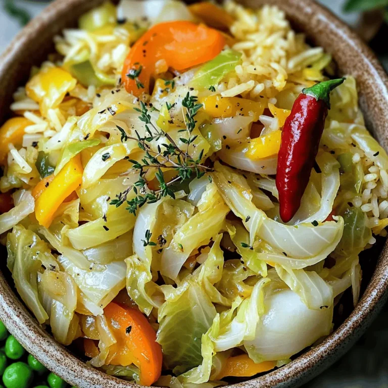 To make this dish, you need some fresh and colorful ingredients. Here’s what you’ll need: - 1 medium head of green cabbage, chopped - 1 large onion, sliced - 2 cloves garlic, minced - 1 bell pepper (red or yellow), sliced - 2 medium carrots, julienned - 1 teaspoon ginger, grated - 1 Scotch bonnet pepper, whole (for flavor; remove before serving) - 3 tablespoons vegetable oil - 1 tablespoon soy sauce - 2 tablespoons apple cider vinegar - 1 teaspoon thyme (dried or fresh) - Salt and pepper to taste - ¼ cup vegetable or chicken broth (optional for moisture) The spices and flavors make this dish special. Soy sauce adds umami, while apple cider vinegar gives a tangy kick. Ginger and garlic boost the flavor profile, making every bite a delight. Thyme adds a subtle earthiness that ties everything together. The whole Scotch bonnet pepper offers a unique Jamaican flair. It gives the dish depth without making it too spicy if you leave it whole. Feel free to make this dish your own. You can add more veggies like zucchini or snap peas. Adding protein like cooked chicken or shrimp can turn this into a full meal. If you want more heat, slice the Scotch bonnet or add a bit of hot sauce. For a sweetness boost, try adding a small amount of brown sugar. Each option allows you to create a personal touch that suits your taste! 1. First, heat the vegetable oil in a large skillet over medium heat. 2. Add the sliced onion. Cook it until it looks clear, about 3-4 minutes. 3. Next, stir in the minced garlic and grated ginger. Cook for 1 more minute. 4. Now, add the chopped cabbage, bell pepper, and carrots. Mix them well. 5. Sprinkle in the thyme, and add salt and pepper to taste. 6. Pour in the soy sauce and apple cider vinegar. Stir everything together. 7. If you want, add the broth for extra moisture. 8. Add the whole Scotch bonnet pepper to the mix for flavor, but don’t cut it. 9. Cover the skillet and let it cook for 10-15 minutes. Stir now and then. 10. When done, take out the Scotch bonnet pepper and serve hot. - Use a large skillet or wok. This helps the cabbage cook evenly. - Don’t rush cooking the onions. This step builds a strong flavor. - Keep stirring to avoid burning. You want each veggie to cook well. - Cook the cabbage until it is tender but not mushy. You want a nice bite. - Keep an eye on the time. 10-15 minutes is just right for cooking. - If you like crunch, check a few minutes early. Adjust as needed. To make this dish shine, use fresh ingredients. The onion and garlic add depth. The Scotch bonnet pepper gives it a true Jamaican kick. Always choose ripe bell peppers for sweetness. Fresh thyme enhances the overall taste. You can also add a squeeze of lime for a bright finish. This dish is all about bold flavors, so don’t hold back. Scotch bonnet peppers are spicy. If you want less heat, use just one whole pepper. Add it to the dish without cutting it. This lets it infuse flavor without making it too hot. If you love spice, chop the pepper. This will give you a fiery kick. Always taste your dish before serving. Adjust the heat to suit your taste. Herbs and spices are key to great flavor. Besides thyme, try adding a bit of allspice. It gives a warm, sweet note. You can also use fresh parsley for a hint of freshness. For a unique twist, add a dash of nutmeg. This adds depth without overpowering. Always season with salt and pepper to balance flavors. These small tweaks can elevate your dish beautifully. {{image_2}} You can easily make Flavor-Packed Jamaican Cabbage vegan. Simply skip the broth that comes from chicken. Use vegetable broth instead. This keeps the dish rich and tasty without meat. You can also add more veggies like zucchini or spinach for extra nutrients. These options make the dish colorful and healthy. If you want to add protein, chicken or shrimp works well. You can sauté diced chicken breast along with the onions. If you prefer shrimp, add them after the cabbage wilts. They only need a few minutes to cook through. This addition makes the dish heartier and satisfying. Feel free to switch up the vegetables. You can use broccoli, snap peas, or even corn. Just make sure they cook at the same rate. Adding colorful veggies not only boosts flavor but also makes the dish visually appealing. Each combination offers a new taste experience. To store your Jamaican cabbage, let it cool first. Then, place it in an airtight container. This keeps it fresh and tasty. You can keep it in the fridge for up to three days. When reheating, add a splash of broth to keep it moist. If you want to freeze it, use a freezer-safe bag. Press out the air before sealing. You can freeze Jamaican cabbage for up to three months. When you're ready to eat, thaw it in the fridge overnight. Reheat it in a skillet over low heat. Stir often to warm it evenly. The flavor-packed Jamaican cabbage lasts about three days in the fridge. If frozen, it can last up to three months. Always check for any off smells or discoloration before eating. Trust your senses to ensure your meal stays delicious. The best way to cut cabbage is to first remove the core. Place the cabbage on a cutting board. Slice the cabbage in half. Then, slice each half into thin strips. You want the pieces to be about one inch wide. This size helps them cook evenly. Yes, you can use different types of cabbage. Green cabbage is great for this dish. However, you can also use red cabbage or Napa cabbage. Each type adds a unique flavor and color. Just keep the cutting size the same for best results. Flavor-Packed Jamaican Cabbage has a mild heat. The Scotch bonnet pepper adds flavor without too much spice. If you leave the pepper whole, it will not make the dish very spicy. For more heat, you can cut the pepper before adding it. This dish pairs well with rice and peas. You can also serve it with fried plantains or grilled chicken. For a light meal, try it with a fresh salad. These sides complement the flavors of the cabbage well. This blog shared how to make Flavor-Packed Jamaican Cabbage. You learned about key ingredients, cooking steps, and tips to enhance flavors. I covered variations to suit your tastes and storage tips for leftovers. Lastly, I addressed common questions to help you succeed. Enjoy the process and the delicious results. Happy cooking!