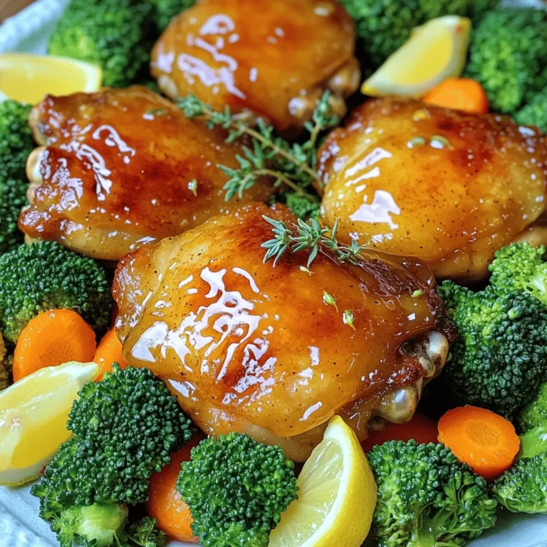 - 4 boneless, skinless chicken thighs - 2 cups broccoli florets - 1 cup baby carrots, halved - 1/4 cup Dijon mustard - 1/4 cup honey - 2 tablespoons olive oil - 2 cloves garlic, minced - 1 teaspoon dried thyme - Salt and pepper to taste - Lemon wedges for serving You will need tender chicken thighs for this dish. They are juicy and full of flavor. Broccoli florets add a nice crunch and bright color. Baby carrots bring both sweetness and color to the plate. The honey mustard sauce is the star here. - Lemon wedges - Fresh thyme sprigs Lemon wedges add a zesty burst of flavor when you squeeze them over the meal. Fresh thyme sprigs give a lovely touch of green. You can use these garnishes to make your dish look and taste even better. First, preheat your oven to 400°F (200°C). This step gets the oven ready for perfect roasting. Next, grab a mixing bowl. In it, whisk together 1/4 cup of Dijon mustard, 1/4 cup of honey, 2 tablespoons of olive oil, and 2 cloves of minced garlic. Add 1 teaspoon of dried thyme, salt, and pepper. Mix well until everything blends smoothly. Now, place 4 boneless, skinless chicken thighs on a large sheet pan. Pour half of the honey mustard mixture over the chicken. Turn the chicken to coat it evenly in the sauce. This will give the chicken a rich, sweet, and tangy flavor. In another bowl, toss 2 cups of broccoli florets and 1 cup of halved baby carrots in the remaining honey mustard sauce. Make sure they are well coated. Spread the vegetables around the chicken on the sheet pan. Keep everything in a single layer. This helps them cook evenly and get nice and tender. Roast the chicken and veggies in the oven for 25-30 minutes. You want the chicken fully cooked and the vegetables tender with a slight caramelization. For a lovely golden finish, switch the oven to broil for the last 2-3 minutes. Watch them closely during broiling to avoid burning. After cooking, take the sheet pan out and let it rest for a few minutes. Squeeze fresh lemon juice over the chicken and veggies before serving. This adds a bright flavor that makes everything pop! To make the best honey mustard sauce, balance is key. You want a good mix of sweet and tangy. Use equal parts Dijon mustard and honey for a nice flavor. If you want less sweetness, add more mustard. If you prefer it sweeter, just add more honey. You can also substitute some ingredients. If you don’t have Dijon, use yellow mustard. If you want a kick, add a bit of hot sauce. For a healthier option, try Greek yogurt instead of olive oil. This keeps the sauce creamy and adds protein. When you place the chicken and veggies on the sheet pan, space them out. This helps everything cook evenly. If the chicken and broccoli touch, they can steam instead of roast. Make sure each piece has its own space. Check the doneness by cutting into the chicken. The inside should be white and juices clear. For the vegetables, they should be tender and slightly browned. This means they are ready. For serving, place the chicken and vegetables on a large platter. This makes it look nice and inviting. You can squeeze fresh lemon juice over the top for added flavor. Using garnishes can make your dish pop. Add lemon wedges around the chicken. A few fresh thyme sprigs on top can add color. This gives a beautiful finish to your meal. {{image_2}} You can switch up the veggies in this dish. Instead of broccoli, try green beans, bell peppers, or zucchini. Each brings a different flavor and texture. If it's fall, add squash or Brussels sprouts. In spring, asparagus works well. Using seasonal vegetables keeps the dish fresh and fun. You can use chicken breasts if you prefer. They cook faster than thighs. For a vegetarian option, use chickpeas or firm tofu. Just make sure to marinate them in the honey mustard sauce. This adds great flavor and ensures a tasty meal for everyone. Want to spice things up? Add paprika or cayenne for heat. If you crave a global twist, try adding soy sauce for an Asian flair. You can also mix in some curry powder for an Indian vibe. Each change gives you a new dish with unique tastes. To keep your Honey Mustard Chicken and Broccoli fresh, follow these steps: - Allow the dish to cool to room temperature. - Store leftovers in an airtight container. - Keep them in the fridge for up to three days. - Make sure to label the container with the date. When you're ready to enjoy leftovers, reheating is easy: - Preheat your oven to 350°F (175°C). - Place the chicken and broccoli on a baking sheet. - Cover with foil to avoid drying out. - Heat for about 15-20 minutes or until warmed through. You can also use a microwave if you're short on time. Just heat in short bursts, stirring in between. If you want to save some for later, freezing works well: - Pack the cooled chicken and broccoli in freezer-safe bags. - Remove as much air as possible to prevent freezer burn. - Label the bags with the date and contents. - They can be frozen for up to three months. When you're ready to eat, thaw in the fridge overnight before reheating. Cook chicken thighs for 25 to 30 minutes. This allows them to cook all the way through. The ideal temperature is 165°F (74°C). You can use a meat thermometer to check this. If you want crispy skin, broil for an extra 2-3 minutes at the end. This gives a nice golden color. Yes, you can use frozen vegetables. However, they may release more water during cooking. This can make your dish a bit watery. To avoid this, roast the chicken for a few minutes first. Then, add the frozen veggies for the remaining cook time. This way, they stay crisp and colorful. You can serve many sides with this dish. Here are some great options: - Rice or quinoa for a hearty base. - Mashed potatoes for a creamy touch. - A fresh green salad for crunch. - Roasted sweet potatoes for a sweet flavor. These sides complement the honey mustard sauce well. This blog post covered how to make a tasty honey mustard chicken dish. You learned about key ingredients, easy steps, and tips for success. We explored options for veggies, protein swaps, and added flavor ideas. Finally, I shared smart storage and reheating tips. Try these ideas at home for a delicious meal. Cooking can be fun and simple. Enjoy your time in the kitchen!