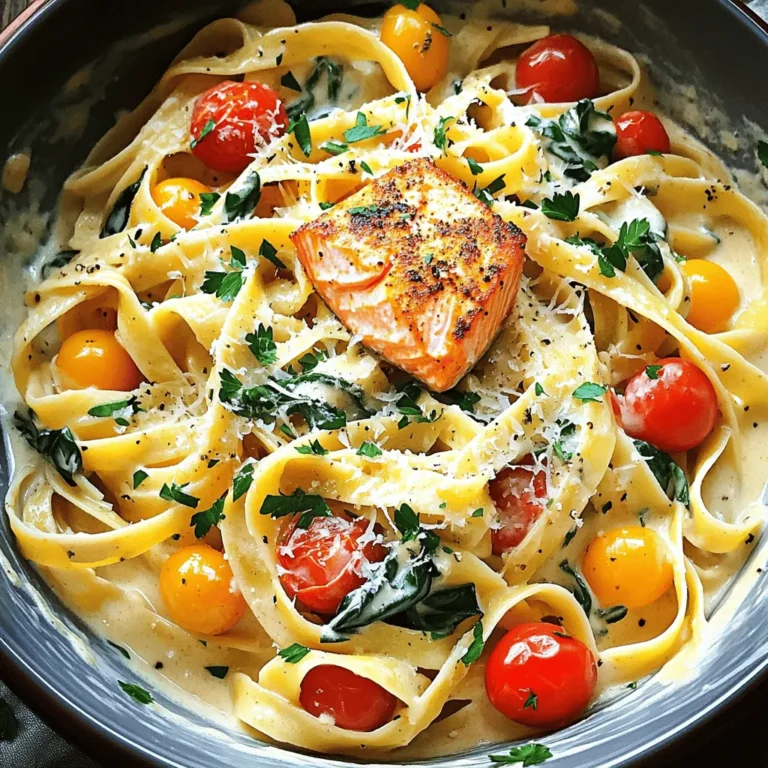 To make One Pot Creamy Cajun Salmon Pasta, you need the following ingredients: - 8 oz fettuccine or penne pasta - 2 salmon fillets (about 6 oz each) - 1 tablespoon Cajun seasoning - 2 tablespoons olive oil - 1 small onion, finely chopped - 3 cloves garlic, minced - 1 cup cherry tomatoes, halved - 1 cup heavy cream - 1 cup vegetable broth - 1 cup spinach leaves - 1/2 cup grated Parmesan cheese - Salt and pepper to taste - Fresh parsley for garnish You can swap out some ingredients based on what you have: - Use any pasta shape you prefer, like spaghetti or rotini. - If you don’t have salmon, try shrimp or chicken. - Replace heavy cream with coconut milk for a lighter dish. - For a vegan option, use tofu instead of salmon and non-dairy cream. - Fresh herbs can replace parsley, like basil or cilantro. Here’s what you’ll need to cook this dish: - A large pot for boiling pasta - A large skillet or pot for cooking the sauce - A wooden spoon for stirring - A chef's knife for chopping ingredients - A cutting board for prep work - A measuring cup for liquids - A measuring spoon for accurate seasoning This list will help you gather everything you need to make this tasty meal quickly and easily! Start by filling a large pot with water. Add salt to the water and bring it to a boil. Once boiling, add 8 oz of fettuccine or penne pasta. Cook the pasta until it is al dente, which usually takes about 8-10 minutes. Stir it occasionally to prevent sticking. After cooking, carefully drain the pasta and set it aside. While the pasta cooks, take 2 salmon fillets and sprinkle Cajun seasoning on both sides. Press the seasoning into the fish to ensure it sticks. This adds a great kick to your dish. Next, heat 2 tablespoons of olive oil in the same pot over medium-high heat. Once hot, add the salmon fillets. Sear each side for about 4-5 minutes until they are golden brown and cooked through. After cooking, remove the salmon from the pot and let it rest on a plate. In the same pot, add a finely chopped small onion. Sauté it for about 3-4 minutes until it turns translucent. Next, add 3 minced garlic cloves and 1 cup of halved cherry tomatoes. Cook these for another 2-3 minutes until the tomatoes start to soften. Now, pour in 1 cup of vegetable broth and bring it to a simmer. Then, add 1 cup of heavy cream, stirring to mix. Let the sauce cook for about 3-4 minutes until it thickens slightly. Next, stir in 1 cup of fresh spinach leaves and let them wilt for about 1-2 minutes. After that, add the drained pasta to the pot and toss it in the creamy sauce. If the sauce seems too thick, add a splash more vegetable broth. Finally, flake the cooked salmon into bite-sized pieces and gently fold it into the pasta. Add 1/2 cup of grated Parmesan cheese and stir until melted. Season with salt and pepper to taste. Now you have a creamy, flavorful dish ready to serve! To get a great sear on salmon, start with a hot pan. Use olive oil and let it heat up. When the oil shimmers, add the salmon. Sear each side for about 4-5 minutes. Look for a golden brown color. This means the salmon is cooked well. Avoid moving the salmon too much. Let it cook undisturbed for the best crust. For a creamy sauce, use heavy cream and vegetable broth. Start by adding the broth first and bring it to a simmer. After that, pour in the cream. Stir well and cook for 3-4 minutes. This helps it thicken. If the sauce seems too thick, add a splash of broth. You want it creamy but not too heavy. Cooking pasta al dente means it will still have a slight bite. Follow the package instructions but check a minute early. When it's done, drain it right away. Rinse with cold water to stop the cooking process. This keeps your pasta firm and perfect to mix with the sauce. {{image_2}} You can swap the salmon for other seafood. Shrimp works great in this dish. Just make sure to adjust the cooking time. Cook shrimp until they turn pink, about 2-3 minutes per side. You can also try scallops for a different flavor. They add a lovely sweetness that pairs well with the Cajun spices. If you want a meat-free meal, use vegetables instead of salmon. Zucchini, bell peppers, or mushrooms can replace the fish. Sauté these veggies until they soften. You can also add cooked chickpeas for protein. Substitute vegetable broth for the cream and use a plant-based cream for richness. To elevate the flavors, add a splash of lemon juice for brightness. Fresh herbs like basil or dill can bring a new taste. If you like heat, add more Cajun seasoning or a pinch of cayenne pepper. You can also mix in some sun-dried tomatoes for a tangy twist. To keep your creamy Cajun salmon pasta fresh, store it in an airtight container. Make sure the pasta is completely cool before sealing it. This helps prevent moisture buildup. Place the container in the fridge if you plan to eat it within three days. For longer storage, you might want to freeze it instead. When reheating, use a stovetop or microwave. If using the stovetop, add a splash of vegetable broth to the pasta. Stir gently over low heat until warm. This helps bring back the creaminess. If using the microwave, heat in short bursts, stirring in between. This keeps it from drying out. You can freeze creamy Cajun salmon pasta for up to three months. First, let it cool completely. Then, portion it into freezer-safe bags or containers. Label them with the date. When ready to eat, let it thaw overnight in the fridge. Reheat it gently, adding a little liquid if needed. Yes, you can use frozen salmon. Just be sure to thaw it first. You can thaw salmon overnight in the fridge or quickly in cold water. Once thawed, season it just like fresh salmon. Cook it in the same way. The flavor will still be great! To add heat, try these tips: - Use extra Cajun seasoning. - Add red pepper flakes to the sauce. - Mix in diced jalapeños or hot sauce for a kick. These options will give your dish a nice spicy boost! Parmesan cheese works well in this dish. It melts nicely and adds a rich flavor. You can also try Pecorino Romano for a sharper taste. Both cheeses enhance the creaminess and make the pasta even better! We covered all the essentials for making a fantastic salmon pasta dish. We looked at the complete ingredient list, substitutions, and the equipment you'll need. The step-by-step cooking guide helped you with each part, from perfect pasta to delicious sauce. I shared tips to enhance your cooking skills and discussed fun variations. Finally, we explored storage options and answered common questions. Now you have all the tools to create this meal with ease. Enjoy your cooking and impress your friends and family!