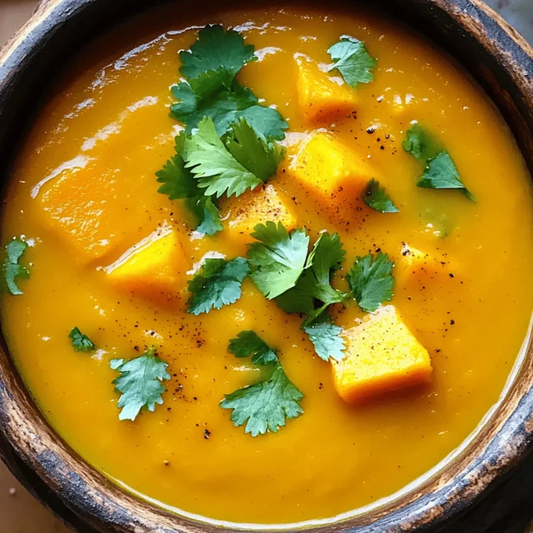- 1 small pumpkin, peeled, seeded, and cut into cubes - 2 medium sweet potatoes, peeled and cubed - 1 large onion, chopped - 3 cloves garlic, minced - 4 cups vegetable broth - 1 can (400ml) coconut milk - 1 tablespoon olive oil - 1 teaspoon ground ginger - 1 teaspoon ground cinnamon - ½ teaspoon nutmeg - Salt and pepper to taste - Fresh cilantro - Fresh parsley In this pumpkin sweet potato soup, you start with a small pumpkin. Peel it and cut it into cubes. This pumpkin brings a rich, sweet flavor. Next, grab two medium sweet potatoes. Peel and cube them too. They add creaminess and depth to the soup. Chop one large onion and mince three cloves of garlic. These add a savory base to your soup. For the broth, use four cups of vegetable broth. This keeps the soup light and tasty. Now for the extra ingredients. A can of coconut milk makes the soup creamy and smooth. Just one tablespoon of olive oil helps sauté the onion and garlic. You’ll need a teaspoon each of ground ginger and cinnamon. These spices warm the soup's flavor. A pinch of nutmeg adds a nice touch. Finally, season with salt and pepper to bring it all together. For a bright finish, consider garnishing with fresh cilantro or parsley. These herbs add color and a fresh taste. You can mix and match these ingredients based on your taste. Enjoy the process of making this comforting bowl! To start, you need to prepare your ingredients. - Peel and cube 1 small pumpkin. - Peel and cube 2 medium sweet potatoes. - Chop 1 large onion and mince 3 cloves of garlic. This step makes cooking easier. Having everything ready saves time and helps you focus on the flavors. Now, let’s get cooking! - In a large pot, heat 1 tablespoon of olive oil over medium heat. - Add the chopped onion and sauté for about 5 minutes. You want it to be soft and translucent. - Stir in the minced garlic, 1 teaspoon of ground ginger, 1 teaspoon of ground cinnamon, and ½ teaspoon of nutmeg. Add salt and pepper to taste. Keep sautéing for another 2 minutes until you smell those warm spices. Next, it’s time for the pumpkin and sweet potatoes. - Add the cubed pumpkin and sweet potatoes to the pot. Stir well to coat them with the spices. - Pour in 4 cups of vegetable broth and bring this mixture to a boil. - Once it boils, lower the heat, cover the pot, and let it simmer for about 20-25 minutes. Cook until the pumpkin and sweet potatoes are tender. When everything is soft, we need to blend! - Remove the pot from heat. Use an immersion blender to puree the soup until smooth. If you don’t have one, carefully transfer batches to a standard blender. Blend until it’s creamy. Now, let’s add some creaminess. - Return the soup to the pot and stir in 1 can (400ml) of coconut milk. - Warm it over low heat for another 5-10 minutes. Adjust the seasoning if needed. Finally, serve the soup hot in bowls. You can garnish with fresh cilantro or parsley if you like. Enjoy your comforting bowl of pumpkin sweet potato soup! Cutting pumpkin can be tricky. First, always use a sharp knife. This helps you cut through the tough skin. To peel, cut the pumpkin in half. Scoop out the seeds with a spoon. Place the flat side down when cutting into cubes. This keeps the pumpkin steady and safe. Choose a small pumpkin. It has sweeter flesh and is easier to handle. Look for one that feels heavy for its size and has a firm skin. Getting the flavor just right makes this soup shine. Use one teaspoon of ground ginger, cinnamon, and half a teaspoon of nutmeg. These spices add warmth and depth. If you want more creaminess, add more coconut milk. This will make the soup rich and smooth. Taste often as you cook. Adjust salt and pepper to fit your taste. A good blender is key for smooth soup. I recommend an immersion blender. This tool is easy to use right in the pot. If you prefer a standard blender, do it in small batches. For pots, choose a heavy-bottomed one. It helps heat evenly and prevents scorching. A 4-quart pot works great for this recipe. {{image_2}} You can make your pumpkin sweet potato soup even better with seasonal add-ins. Adding carrots brings a nice sweetness and a pop of color. Just peel and chop them, then add them with the pumpkin and sweet potatoes. You can also add diced potatoes for a heartier soup. Incorporating seasonal herbs can elevate the soup's flavor. Try adding fresh thyme or sage. These herbs pair well with pumpkin and add depth. Simply toss them in during the final cooking stages to keep their bright taste. If you need vegan options, swap the coconut milk with cashew cream. This keeps the soup creamy without dairy. You can make cashew cream by soaking cashews and blending them with water. For a gluten-free option, this soup is naturally gluten-free. Just ensure your vegetable broth is gluten-free as well. You can cook this soup in various ways. For a slow cooker, add all ingredients to the pot and set it to low for 6-8 hours. This method enhances the flavors over time. For an Instant Pot adaptation, combine the ingredients and set it to manual for 10 minutes. Once done, let the steam release naturally for about 10 minutes. This method saves time while still giving you that rich flavor. Try these variations to keep your soup exciting and tailored to your taste! To keep your soup fresh, use airtight containers. Glass or plastic containers work well. Make sure the soup cools before sealing the lid. Store the soup in the fridge for later enjoyment. You can freeze this soup for later. Let it cool completely before pouring it into freezer-safe bags or containers. Make sure to leave some space at the top, as the soup will expand. When ready to eat, thaw the soup in the fridge overnight. Reheat it on the stove over low heat until warm. This delicious soup lasts about 4-5 days in the fridge. Keep an eye out for any changes in color or smell. If the soup smells off or has mold, it’s best to toss it. Enjoy your tasty meal safely! Yes, you can use canned pumpkin. It saves time and is convenient. Use about 1 to 1.5 cups of canned pumpkin. This works well for soup. Just skip the peeling and cubing steps. The flavor remains rich and creamy. No, this soup is not spicy. It has warm spices like ginger and cinnamon. They add depth without heat. If you prefer a kick, add a pinch of cayenne pepper. Adjust to your taste. To thicken the soup, add more sweet potatoes or pumpkin. You can also blend it longer for a creamier texture. If it’s too thin, simmer uncovered for a bit. This helps some liquid evaporate. Absolutely! Doubling the recipe is easy. Just use a larger pot. Ensure you have enough broth and coconut milk. This soup is great for sharing. It warms up well, making it perfect for a crowd. This soup pairs well with crusty bread or a fresh salad. You can also serve it with grilled cheese sandwiches. For a light touch, add a dollop of yogurt or sour cream. Fresh herbs make a lovely garnish too. This blog post covered how to make a delicious pumpkin sweet potato soup. We discussed the main ingredients, cooking steps, and tips for flavor and storage. I shared ways to adapt the recipe for seasons and dietary needs. Remember, your soup can be perfect with care in preparation and seasoning. Enjoy trying different spices and variations to make it your own. Cooking should be fun and satisfying. Happy cooking!