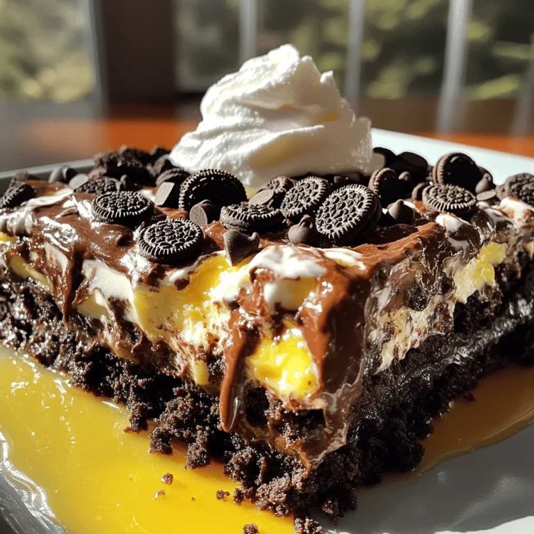 To make Oreo Dump Cake, you need some simple and tasty ingredients. Here’s what you will need: - 1 package (15.25 oz) chocolate cake mix - 1 package (14.3 oz) Oreo cookies, roughly crushed - 1 cup unsalted butter, melted - 1 package (8 oz) cream cheese, softened - 1 cup powdered sugar - 1 teaspoon vanilla extract - 1 cup milk - 1 cup chocolate chips (optional) - Whipped cream or ice cream for serving (optional) These ingredients create a rich and sweet dessert. The chocolate cake mix gives the base its fluffy texture. The crushed Oreo cookies add a crunchy layer and a burst of flavor. Cream cheese and powdered sugar make a smooth filling. With melted butter drizzled on top, the cake forms a golden crust while baking. Optional chocolate chips can enhance the chocolate flavor, and whipped cream or ice cream makes a perfect topping. The combination is delightful and easy to make. Each bite offers layers of taste and texture. So gather your ingredients, and let’s start baking! - Preheat your oven to 350°F (175°C). - Grease a 9x13 inch baking dish with butter or non-stick spray. I always find that preheating the oven first helps save time. Greasing the dish well keeps the cake from sticking. - Prepare the cream cheese filling. - Combine crushed Oreos and cake mix. In a big bowl, mix the cream cheese, powdered sugar, and vanilla. Beat it until smooth and creamy. This filling adds a nice touch! In another bowl, combine the chocolate cake mix with half of the crushed Oreos. This mix will be the base of your cake. - Layer crushed Oreos. - Pour the cake batter and cream cheese mixture. - Top with remaining Oreos and butter drizzle. Spread the crushed Oreos evenly at the bottom of your baking dish. Pour the cake batter on top, smoothing it out. Spoon dollops of the cream cheese mixture over the batter. Use a spatula to swirl it gently. Finally, sprinkle the rest of the crushed Oreos and drizzle melted butter on top. Don't mix; it creates a nice crust while baking. - Bake time and indicators. - Cooling before serving. Bake in the preheated oven for 35-40 minutes. Look for a set top and bubbly edges. Once done, let the cake cool for 10-15 minutes. This cooling time makes it easier to serve. To get the best Oreo Dump Cake, set your oven to 350°F (175°C). This is the key temperature for baking. Bake for 35-40 minutes. You want the top to be set and the edges bubbly. To avoid a soggy bottom, layer the crushed Oreos well. Spread them evenly across the bottom. The melted butter on top helps create a nice crust. Don’t stir the butter into the batter. You can top your cake with whipped cream or ice cream. This adds a nice creamy touch. For extra flair, add some whole Oreos on top. Serve it warm for the best taste. It’s perfect for a cozy dessert after dinner. You’ll need a few basic tools. A large mixing bowl is a must. An electric mixer helps make the cream cheese mixture smooth. You’ll also need a spatula for swirling. For baking, use a 9x13 inch baking dish. Grease it well with butter or non-stick spray. This helps with easy serving later. {{image_2}} You can change the flavors of your Oreo Dump Cake easily. - Try using a vanilla or red velvet cake mix instead of chocolate. - Add chopped nuts, like walnuts or pecans, for a crunch. - Mix in some peanut butter or Nutella for a fun twist. These small changes can make your cake unique and tasty. If you need gluten-free options, use gluten-free chocolate cake mix. Also, use gluten-free Oreo cookies. This way, everyone can enjoy it. For a dairy-free version, swap the cream cheese for a dairy-free spread. You can also use almond or coconut milk instead of regular milk. These swaps let you enjoy the cake while meeting dietary needs. You can make this cake special for any holiday. - For Halloween, add orange and black sprinkles on top. - For Christmas, mix in crushed peppermint candies or sprinkle on some red and green. - Try adding festive spices like cinnamon or nutmeg for fall. Seasonal touches make this cake fit for any celebration. Experiment with these ideas to make your cake stand out! After you enjoy your Oreo dump cake, store any leftovers in the fridge. Use an airtight container to keep it fresh. This helps prevent the cake from drying out. Your cake will stay good for about 3 to 5 days. Make sure to check for any signs of spoilage before eating. You can freeze your Oreo dump cake if you have extra. To freeze it properly, let the cake cool completely. Then, wrap it tightly in plastic wrap or foil. Place it in a freezer-safe container. It will stay fresh for about 2 to 3 months. When you want to eat it, move it to the fridge to thaw overnight. You can also reheat slices in the microwave for a few seconds. When you serve your cake after storage, warm it up slightly. This brings back its ooey-gooey texture. You can top it with whipped cream or ice cream for extra sweetness. The taste will still be rich and chocolatey, but the texture may be a bit denser. Enjoying it warm makes it even better! Oreo Dump Cake stays fresh in the fridge for about four to five days. Just cover it tightly with plastic wrap or foil. This keeps it moist and tasty. After a few days, it may start to lose some flavor and texture. Yes, you can prepare Oreo Dump Cake in advance. Make it a day before you plan to serve. Just bake it and let it cool. Once cool, cover it and place it in the fridge. When you’re ready, you can serve it cold or warm it up in the oven. I like using chocolate cake mix for this dump cake. It pairs well with the Oreo flavor. You can also try German chocolate or dark chocolate mixes for a twist. Each will add its own taste to the cake. Absolutely! You can use gluten-free Oreo cookies. They work just as well in this recipe. Make sure the cake mix is also gluten-free. This way, you can enjoy a delicious dessert with no gluten. This article covered how to make a delicious Oreo Dump Cake. You learned the ingredients, step-by-step instructions, and helpful tips. We explored variations and storage methods to enjoy your cake any way you like. Remember, every bite should be enjoyable. Get creative with flavors and toppings! With these guidelines, you can bake a treat that impresses everyone. Happy baking with your new Oreo Dump Cake recipe!