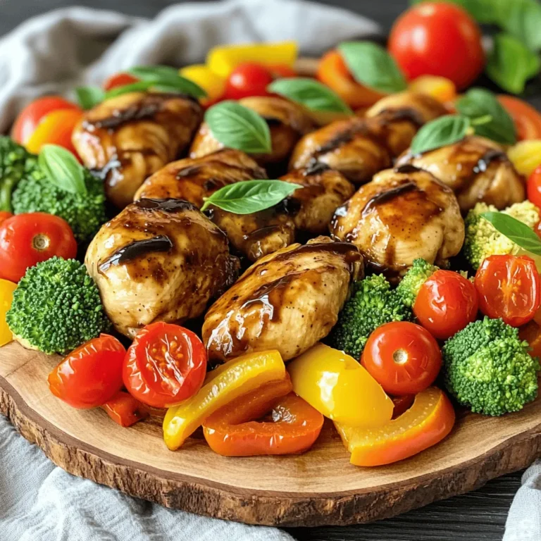 Here are the ingredients you need for One Pan Balsamic Chicken: - 4 boneless, skinless chicken breasts - 1/2 cup balsamic vinegar - 2 tablespoons honey - 2 tablespoons olive oil - 3 cloves garlic, minced - 1 teaspoon dried oregano - 1 teaspoon dried basil - Salt and pepper to taste - 2 cups cherry tomatoes, halved - 1 cup broccoli florets - 1 cup bell peppers, sliced (assorted colors) - Fresh basil for garnish This simple mix of ingredients brings great flavor. The balsamic vinegar adds tang, while honey adds a sweet touch. Garlic and herbs make everything taste fresh. You get a balanced meal with chicken and colorful veggies. This dish is not only tasty but also quick to prepare. Make sure to have everything ready before you start cooking. It helps to have fresh basil for a nice finish. First, mix the marinade. In a bowl, combine balsamic vinegar, honey, olive oil, minced garlic, oregano, basil, salt, and pepper. This blend gives the chicken its rich taste. Then, take your chicken breasts and coat them well in the marinade. Make sure each piece is covered. I suggest marinating for at least 30 minutes. If you have more time, let it sit for up to 2 hours in the fridge. This will deepen the flavors. Next, preheat your oven to 400°F (200°C). Preheating is key for even cooking. If your oven isn’t hot enough, the chicken may not cook through properly. You want that perfect, juicy chicken every time. Now, grab a large baking sheet or sauté pan. Place the marinated chicken breasts on it. Surround them with halved cherry tomatoes, broccoli florets, and sliced bell peppers. This mix of colors makes the dish not only tasty but also beautiful. Pour any leftover marinade over the chicken and veggies for extra flavor. It’s time to bake! Place the pan in your preheated oven. Bake for about 25-30 minutes. The chicken should reach an internal temperature of 165°F. You can check this with a meat thermometer. The vegetables should be tender but not mushy. For that extra touch, switch to broil for the last 3-5 minutes. This step gives the chicken and veggies a nice char. Keep a close eye on them to avoid burning. You want just a hint of crispiness. Once done, take the pan out and let the chicken rest for a couple of minutes. This helps keep it juicy. Before serving, sprinkle fresh basil over the top. It adds color and a fresh taste. Serve the chicken and veggies on a large platter, drizzling any juices from the pan over everything for more flavor. Enjoy your meal! To cook chicken just right, you must check the internal temperature. Aim for 165°F. Use a meat thermometer for accuracy. Cooking chicken too long can dry it out. To avoid this, marinate the chicken well. Marinating adds moisture and flavor. You can also cover the chicken while it bakes. This helps keep the juices in. The marinade is key for great taste. You can change it to suit your taste. Want it sweeter? Add more honey. Like it tangy? Use extra balsamic vinegar. For a spicy kick, add red pepper flakes. Mix and match spices to find what you love. Don't be afraid to experiment! Choosing the right veggies makes a big difference. Cherry tomatoes, broccoli, and bell peppers work well. But feel free to swap in your favorites. Zucchini, carrots, or asparagus can be great choices. You can also use frozen vegetables if fresh ones aren’t available. Just adjust cooking times as needed. This keeps your meals fun and varied! {{image_2}} You can easily change the protein in this dish. Try using turkey breasts for a leaner option. Tofu works well too if you want a plant-based meal. Just ensure the tofu is firm and pressed to absorb the flavors. For the veggies, feel free to mix and match. Zucchini, carrots, or green beans can add a nice twist. To boost the taste, add fresh herbs like thyme or rosemary. A pinch of red pepper flakes gives it a nice kick. You can also swap the honey for maple syrup for a different sweetness. If you like citrus, a squeeze of lemon juice brightens the dish. These simple changes can elevate the taste. If you need a quicker meal, use the stovetop. Sear the chicken in a hot pan, then add the veggies and sauce. Cover it and let it cook for about 15-20 minutes. For those who love slow cooking, place everything in a slow cooker. Cook on low for 6-8 hours for tender results. This method allows the flavors to deepen and meld beautifully. Store your leftovers in airtight containers. Glass or plastic containers work well. Make sure the chicken and veggies cool down first. This keeps them fresh longer. You can store them in the fridge for up to 3 days. Label your containers with the date to stay organized. To reheat your balsamic chicken, use an oven or a skillet. The oven helps keep the chicken juicy. Preheat the oven to 350°F (175°C) and place the chicken in a baking dish. Add a splash of chicken broth or water to keep it moist. Cover it with foil and heat for about 15-20 minutes. If using a skillet, add a little olive oil. Heat over medium-low, turning the chicken gently. You can freeze this dish for future meals. Cut the chicken into slices before freezing. Place it in a freezer-safe bag or container. Remove as much air as possible to prevent freezer burn. This dish can last up to 3 months in the freezer. To reheat from frozen, let it thaw in the fridge overnight before using the oven or skillet. I suggest marinating the chicken for at least 30 minutes. This allows the flavors to sink in well. For a deeper taste, you can marinate it for up to 2 hours. Just remember, longer marinating gives better flavor. Yes, you can make this dish ahead of time. You can marinate the chicken the night before. Store it in the fridge until you’re ready to cook. Just chop the veggies and keep them in a separate container. This saves time on busy days. The chicken should reach an internal temperature of 165°F. This ensures it is safe to eat. Use a meat thermometer to check the temperature. This step keeps your meal safe and tasty. Yes, balsamic vinegar is gluten-free. It is made from grapes and does not contain gluten. This makes it a great option for those with gluten sensitivities. Always check the label for added ingredients, just to be safe. This blog post guided you through a simple and tasty chicken recipe. We covered ingredients, marinating, baking, and serving tips. Remember, marinating adds flavor, and checking the chicken's temperature ensures it's safe to eat. You can swap ingredients for different tastes and store leftovers for later meals. Cooking can be fun and easy! With the tips and variations provided, you can make this dish your own. Enjoy your time in the kitchen, and happy cooking!