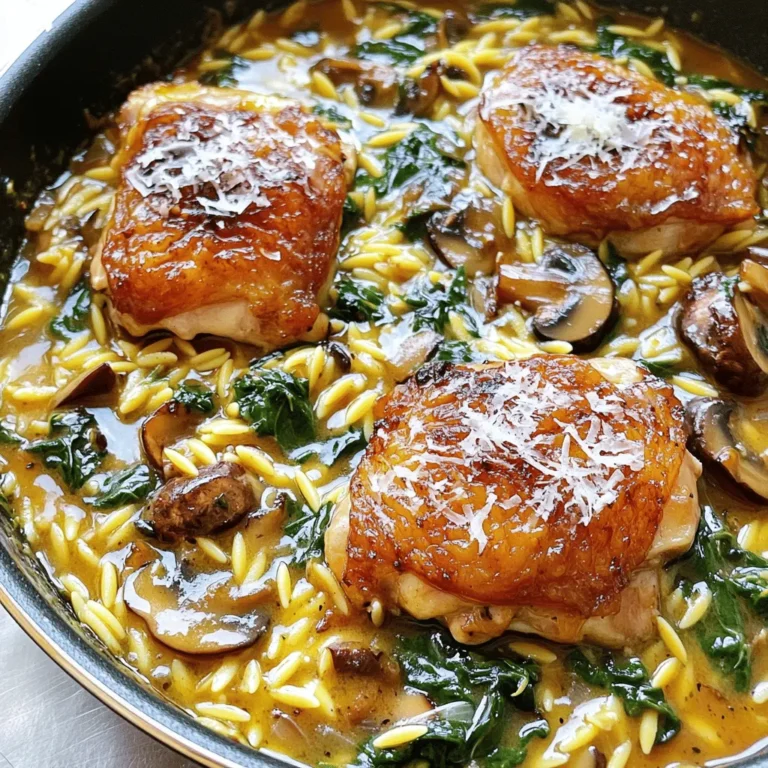 - 1 lb boneless, skinless chicken thighs, cut into bite-sized pieces - 1 cup orzo pasta - 1 medium onion, finely chopped - 2 cloves garlic, minced - 1 cup mushrooms, sliced - 1 cup spinach, chopped The chicken is the star of the dish. I prefer using boneless, skinless thighs for their juicy texture. You can easily cut them into bite-sized pieces. The orzo pasta gives a nice bite and absorbs flavors well. I always use fresh vegetables. The onion adds sweetness, while garlic gives a robust flavor. Mushrooms add earthiness, and spinach brings a bright touch. - 2 cups chicken broth - 2 tablespoons olive oil - 1 tablespoon balsamic vinegar - 1 teaspoon dried thyme - 1 teaspoon dried oregano - Salt and pepper to taste Chicken broth enhances the dish's depth. I recommend low-sodium broth for better control of saltiness. Olive oil is perfect for sautéing and gives a rich flavor. Balsamic vinegar adds a sweet tang that balances the savory notes. Thyme and oregano bring warmth and earthiness, making every bite delicious. - Grated Parmesan cheese - Extra herbs I love adding grated Parmesan for a salty finish. It melts over the warm dish and adds creaminess. Fresh herbs can brighten the flavor. Parsley or basil works well if you have them on hand. These toppings make the dish even more special. - Heat Olive Oil: Start by heating 2 tablespoons of olive oil in a large skillet over medium heat. This oil adds flavor and helps cook the ingredients evenly. - Sauté Onion and Garlic: Add 1 medium finely chopped onion to the skillet. Cook it for about 3-4 minutes until it turns translucent. Then, add 2 cloves of minced garlic and 1 cup of sliced mushrooms. Sauté for another 4-5 minutes. The mushrooms should become soft and release their juices. - Seasoning Tips: While the vegetables cook, season 1 pound of boneless, skinless chicken thighs cut into bite-sized pieces. Use salt, pepper, 1 teaspoon of dried thyme, and 1 teaspoon of dried oregano. This blend gives the chicken a tasty kick. - Browning the Chicken: Once the veggies are ready, push them to the side of the skillet. Add the seasoned chicken and cook for about 5-6 minutes. You want the chicken to get a nice brown color. This step adds depth to the overall flavor. - Adding Orzo and Broth: Stir in 1 cup of orzo pasta. Then, pour in 2 cups of chicken broth and 1 tablespoon of balsamic vinegar. This mix brings rich flavors and a great texture to the dish. - Simmering Tips: Bring the mixture to a boil. Then, reduce the heat to low, cover, and let it simmer for 10-12 minutes. Keep an eye on it until the orzo is cooked and absorbs most of the liquid. This step makes the orzo soft and creamy. After the orzo is tender, stir in 1 cup of chopped spinach. Cook it for an additional 2-3 minutes until it wilts. This adds a pop of color and nutrients to your meal. Cooking Times: Cook the chicken until it is golden brown, about 5-6 minutes. For orzo, it simmers for 10-12 minutes. Keep an eye on it to avoid mushy pasta. Ingredient Substitutions: You can swap chicken thighs for chicken breasts if you prefer. Use any small pasta if you don’t have orzo. Spinach can be replaced with kale or Swiss chard. Pre-cooking Options: You can chop veggies and chicken a day before. Store them in the fridge for easy prep. You can also cook the orzo ahead and mix it in later. Reheating Instructions: To reheat, warm it on the stove with a splash of broth. This keeps the orzo from drying out. You can also use the microwave, but check every minute to avoid overcooking. Serving Suggestions: Serve it hot in large bowls. This makes it feel cozy and inviting. Pair it with a simple green salad for a fresh touch. Garnish Tips: Sprinkle grated Parmesan on top for a rich flavor. Fresh herbs like parsley or basil add a nice color and taste. A drizzle of balsamic vinegar elevates the dish too. {{image_2}} Different Proteins You can swap the chicken for other proteins. Try shrimp or turkey for a new taste. For a vegetarian option, use tofu or chickpeas. These swaps keep the dish flavorful and fun. Alternative Vegetables Feel free to change the vegetables. Zucchini or bell peppers work well. You can also add carrots or peas for color and nutrition. Mixing in your favorite veggies makes the meal more exciting. Spice Variations Want to change the flavor? Add spices like paprika or cayenne for heat. You can also try fresh herbs like basil or parsley for a fresh taste. Experimenting with spices adds a personal touch to your dish. Using Different Broths If you want a twist, use vegetable or beef broth instead of chicken. This simple change can add depth to the flavor. Each broth brings its own unique taste to the dish. Gluten-free Options To make this dish gluten-free, swap orzo for gluten-free pasta. You can also use quinoa or rice. These options keep the dish satisfying and safe for those with gluten issues. Vegetarian Versions For a vegetarian Marsala Chicken Orzo Skillet, leave out the chicken. Add more mushrooms or hearty vegetables. This version still offers rich flavors and a filling meal. - After making Marsala Chicken Orzo Skillet, let it cool. - Store leftovers in an airtight container. - It stays fresh for up to three days in the fridge. - Check for any off smells or changes in color before eating. - You can freeze this dish, too! - Use a freezer-safe container or bag. - It lasts up to three months in the freezer. - For best taste, freeze it without cheese. - To serve, thaw overnight in the fridge. - You can reheat it in the microwave. - Use a microwave-safe dish and cover it. - Stir halfway to heat it evenly. - For stovetop, warm it in a skillet over low heat. - Add a splash of broth to keep it moist. Yes, you can use other pasta types. Some good choices are: - Penne - Fusilli - Farfalle When swapping pasta, adjust cooking time. Most shapes cook faster or slower than orzo. Check the package for time and taste for doneness. To make Marsala Chicken Orzo Skillet without wine, try these options: - Use extra chicken broth. - Add a splash of apple cider vinegar for tang. - Use grape juice for sweetness. These substitutes will keep the dish tasty and flavorful. Pair this dish with sides that enhance its flavors. Here are some great options: - Steamed broccoli for crunch. - A fresh garden salad for a light touch. - Garlic bread for extra comfort. These sides complement the dish and add more nutrients. Enjoy the blend of textures and tastes! This blog post shows how to make a tasty Marsala Chicken Orzo Skillet. We discussed key ingredients like chicken, orzo, and veggies, and shared steps for cooking. You learned tips for adjusting the recipe and making it ahead of time. There are many ways to vary flavors and ingredients to fit your needs. Finally, we covered storage and reheating best practices. Remember, this dish is both easy and delicious. Try it tonight and enjoy a comforting meal!