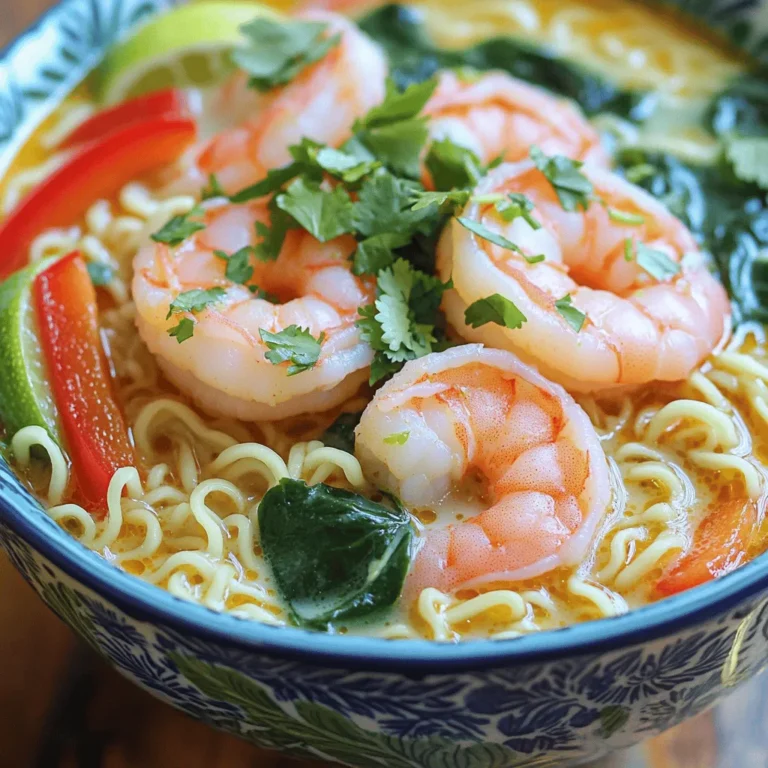 To make Coconut Lime Shrimp Ramen, you need these key ingredients: - 8 oz ramen noodles - 1 lb shrimp, peeled and deveined - 1 can (14 oz) coconut milk - 1 cup chicken or vegetable broth - 2 tablespoons lime juice - 1 tablespoon lime zest - 2 garlic cloves, minced - 1 inch ginger, grated - 1 tablespoon soy sauce - 1 tablespoon sesame oil - 1 red bell pepper, thinly sliced - 2 cups baby spinach - Fresh cilantro, for garnish - Salt and pepper to taste Using fresh ingredients makes a big difference in taste. Look for shrimp that smells like the sea, not fishy. Choose coconut milk that looks creamy and smooth. Fresh lime juice gives the best flavor, so squeeze it just before use. For the red bell pepper, pick one that feels firm and heavy. Baby spinach should be bright green and crisp. These small choices elevate your dish. If you have allergies, there are good swaps. For shrimp, you can use chicken or tofu for a different protein. If you're avoiding gluten, choose rice noodles instead. Coconut milk is safe for dairy-free diets, but if you want a lighter option, try almond milk. For soy sauce, use tamari to keep it gluten-free. Adjust the ingredients to suit your needs while keeping the dish tasty. 1. Start by heating your chicken or vegetable broth in a large pot over medium heat. 2. Once it simmers, add the can of coconut milk, minced garlic, grated ginger, lime juice, lime zest, soy sauce, and sesame oil. Mix well. 3. When the mixture is warm, add the shrimp and sliced red bell pepper. Cook for 4-5 minutes. The shrimp should turn pink and opaque. Add salt and pepper as needed. 4. While the shrimp cooks, prepare the ramen noodles according to the package guide. Drain and set them aside. 5. After the shrimp is cooked, add the baby spinach to the pot. Cook for 1-2 minutes until the spinach wilts. 6. Serve by dividing the cooked ramen into bowls. Pour the coconut shrimp broth over the noodles. 7. Finish with a sprinkle of fresh cilantro on top for a burst of flavor. - Gather all your ingredients before starting. This saves time and helps you stay organized. - Cook the ramen noodles while the shrimp is cooking. This way, both parts finish at the same time. - Use a timer for the shrimp and noodles. This keeps you on track and avoids overcooking. - Consider snapping photos of each step. This can help you see the changes as the dish cooks. - Watch a video on making coconut shrimp ramen online. Visual guides can boost your confidence in cooking. - Keep a bowl of fresh cilantro nearby. It adds color and looks great in photos! To make perfect shrimp, start with fresh shrimp. Look for shrimp that smell like the sea, not fishy. Peel and devein them for a clean taste. Cook shrimp quickly over medium heat. They need only 4-5 minutes to turn pink. Overcooking makes them tough. Season them with salt and pepper to bring out their flavor. Use lime juice and zest to lift the dish. They add bright and fresh notes. Garlic and ginger give depth and warmth. Soy sauce adds umami, while coconut milk provides creaminess. For extra heat, consider adding chili flakes or fresh chili. Mixing these flavors creates a balanced bowl that excites the taste buds. Serve your ramen in deep bowls. This keeps the broth warm longer. Place the noodles first, then top with shrimp and veggies. Pour the broth over the top. Finish with fresh cilantro for color and flavor. You can also add lime wedges on the side. This looks great and lets guests add more lime if they wish. {{image_2}} You can make this dish even better with easy add-ins. Try adding mushrooms, carrots, or snap peas. These veggies add color and crunch. You can also toss in proteins like chicken or tofu. Just cook them in the broth for extra flavor. Get creative! Want a vegetarian twist? Use tofu instead of shrimp. Firm tofu absorbs flavors well. Replace chicken broth with vegetable broth for a vegan base. This way, you keep the dish rich and tasty without meat. You can also add more veggies to boost nutrition. Spice it up with different flavors! Add red pepper flakes for heat. You can also try curry powder for a warm touch. If you want a deeper taste, use homemade broth. This will enhance the overall flavor. Play around with these options to find your favorite! After enjoying Coconut Lime Shrimp Ramen, store any leftovers right away. Use an airtight container. This keeps the shrimp and broth fresh. You can store it in the fridge for up to three days. To freeze leftovers, let the dish cool completely. Divide it into smaller portions. Place each portion in freezer-safe bags. Remove as much air as you can before sealing. This helps prevent freezer burn. You can freeze the ramen for up to three months. When ready to eat, thaw the ramen in the fridge overnight. Reheat it on the stove over medium heat. Add a splash of broth or water to help it heat evenly. Stir gently until hot. Avoid boiling to keep the shrimp tender. Enjoy your meal just like the first time! I recommend using fresh shrimp. Fresh shrimp has a great texture and taste. You can also use frozen shrimp if fresh is not available. Just make sure to thaw it before cooking. Peeled and deveined shrimp saves time. This dish needs shrimp that cooks quickly. Look for shrimp labeled as "jumbo" or "large" for the best bite. Yes, you can switch up the noodles if you like. Ramen noodles are great, but you can try udon or rice noodles too. Just make sure to cook them as the package says. Different noodles give unique tastes and textures. Experiment to find your favorite type. To add some heat, use red pepper flakes or fresh chili peppers. Stir in these spicy ingredients when you add the garlic and ginger. More lime juice can also brighten the flavor. If you want a real kick, add a splash of hot sauce at the end. Adjust the heat to suit your taste. Yes, this dish is already dairy-free with coconut milk. Coconut milk adds creaminess without dairy. Just make sure to check your soy sauce for any added ingredients. You can also use tamari if you need a gluten-free option. You can store leftovers in the fridge for up to three days. Place the shrimp ramen in an airtight container. When you're ready to eat, reheat it on the stove or in the microwave. If you find the noodles soak up the broth, add a splash of water. This will keep it nice and soupy. In this guide, I covered essential ingredients, cooking steps, and helpful tips for your dish. I shared easy substitutes for allergies and preferences. You learned how to enhance flavors and present your meal beautifully. Remember, cooking is both art and science. Experiment with variations and make this dish your own. Proper storage will keep your leftovers fresh. With this knowledge, you're ready to cook with confidence and enjoy every bite. Dive in and savor the experience!