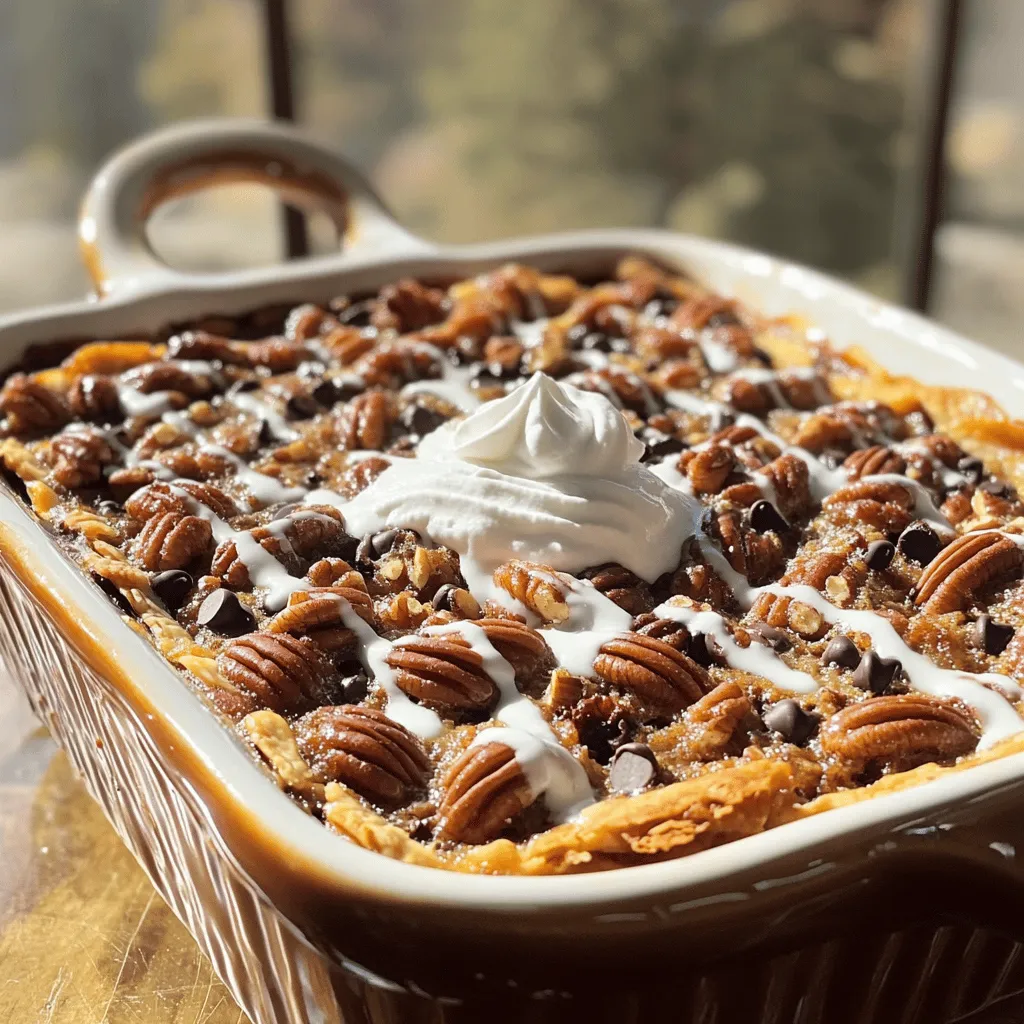 - 1 cup chopped pecans - 1 cup brown sugar - 1 cup granulated sugar - 1 cup all-purpose flour - 1 cup unsweetened vanilla almond milk (or regular milk) - ½ cup unsalted butter, melted - 1 teaspoon vanilla extract - 1 teaspoon baking powder - ½ teaspoon salt - 1 cup chocolate chips (optional) - Whipped cream or vanilla ice cream for serving The ingredients for Pecan Pie Dump Cake are simple and easy to find. You start with chopped pecans, which give the cake its nutty flavor and crunch. Brown sugar and granulated sugar add sweetness and a lovely texture. All-purpose flour binds everything together. Unsweetened vanilla almond milk adds a creamy touch, but you can use regular milk if you prefer. Melted unsalted butter adds richness and helps the cake come together. Vanilla extract boosts the flavor, while baking powder helps the cake rise. A bit of salt balances the sweetness. You can also add chocolate chips for a fun twist. For serving, I recommend whipped cream or vanilla ice cream. These toppings make the cake even more delightful. Enjoy the rich flavors of this easy dessert! 1. Preheat your oven to 350°F (175°C). Grease a 9x13 inch baking dish with cooking spray or butter. 2. In a large mixing bowl, combine ½ cup melted unsalted butter, 1 cup brown sugar, 1 cup granulated sugar, and 1 teaspoon vanilla extract. Whisk until you have a smooth mixture. 3. Stir in 1 cup all-purpose flour, 1 teaspoon baking powder, and ½ teaspoon salt. Mix until just combined. Be careful not to overmix. 4. Gently fold in 1 cup chopped pecans and 1 cup chocolate chips if you want that extra sweetness. 1. Pour the batter into the greased baking dish. Spread it out evenly to ensure even baking. 2. Bake in the oven for 25-30 minutes. You want the top to turn golden brown. 3. To check if it’s done, insert a toothpick into the center. It should come out mostly clean. If it pulls out wet batter, give it a few more minutes. To make your pecan pie dump cake perfect, avoid overmixing. Mix just until combined. Overmixing makes the cake dense and tough. To check if your cake is done, look for a golden-brown top. Insert a toothpick into the center. If it comes out mostly clean, it’s ready. Let it cool for about 10-15 minutes before serving. If you need a gluten-free option, use gluten-free flour. This swap works great and keeps the taste. For a dairy-free choice, use almond milk or coconut milk. Both add a nice flavor. You can also adjust sweetness. If you like less sugar, use half the brown and granulated sugars. This change keeps the cake tasty without being too sweet. {{image_2}} You can easily make your Pecan Pie Dump Cake even more exciting. Try adding spices like cinnamon or nutmeg. A dash of cinnamon brings warmth and a cozy vibe. Nutmeg adds a nice, fragrant touch. These spices blend well with the sweet pecans. You can also swap out pecans for different nuts. Walnuts are a great choice if you want a richer flavor. Almonds add a nice crunch and a slightly sweet taste. Experiment with various nuts to find your favorite mix. Topping your dump cake opens up a world of flavors. Drizzle caramel sauce over the warm cake for a rich, sweet touch. Chocolate syrup also works well, especially if you added chocolate chips. Whipped cream or a scoop of vanilla ice cream can elevate your dessert even more. You can serve this cake warm or chilled. Warm slices melt the ice cream and create a lovely mix. Chilled pieces offer a refreshing bite, perfect for hot days. Choose your serving style based on your mood or the season! To keep your pecan pie dump cake fresh, follow these steps: - Refrigeration: Let the cake cool completely. Cover it with plastic wrap or foil. Store it in the fridge. This keeps it fresh for up to five days. - Containers: Use an airtight container for best results. A glass or plastic dish with a lid works well. When it's time to enjoy leftovers, here's how to reheat: - Avoid drying out: Preheat your oven to 350°F (175°C). Place the cake in the oven for about 10-15 minutes. You can also microwave it for about 30 seconds. Add a little almond milk or water to keep it moist. - Serving after storage: Serve warm with whipped cream or vanilla ice cream. This restores its delicious flavor and texture. What can I substitute for almond milk? You can use regular milk instead of almond milk. Soy milk or oat milk also works well. Choose what you like best. Can I make this cake ahead of time? Yes, you can make it ahead. Bake the cake and let it cool. Store it in the fridge. What’s the best way to serve Pecan Pie Dump Cake? Serve it warm for the best taste. Top it with whipped cream or a scoop of ice cream. How long does it last in the fridge? The cake lasts about four days in the fridge. Store it in an airtight container for best results. This article walked you through making a delicious Pecan Pie Dump Cake. We covered the key ingredients, step-by-step instructions, helpful tips, and tasty variations. Remember to avoid overmixing for the best texture and feel free to swap in your favorites. This cake is a great treat for any occasion. Try different toppings or storage methods to make it your own. Enjoy your baking adventure and share this recipe with friends!