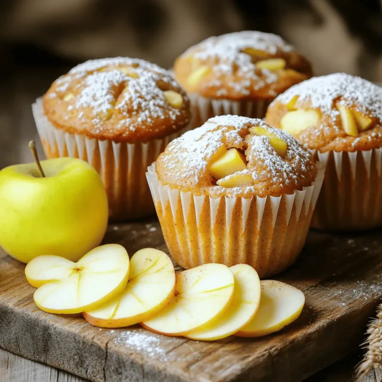 - 2 cups all-purpose flour: This gives the muffins their structure. Use a spoon to measure it for accuracy. - 1 cup granulated sugar: Sweetens the muffins. You can adjust this to taste. - 1 tablespoon baking powder: Helps the muffins rise. Fresh baking powder works best. - 1 teaspoon baking soda: Adds more lift. Make sure it is fresh for best results. - 1 teaspoon ground cinnamon: Adds warm flavor. Freshly ground is always better. - ½ teaspoon salt: Balances the sweetness. Don’t skip it! - 1 large egg: Binds the ingredients together. Use at room temperature for better mixing. - 1 cup buttermilk (or milk with 1 tablespoon lemon juice): Adds moisture and tang. You can also use plain yogurt. - ½ cup vegetable oil: Keeps the muffins moist. You can use melted butter for a richer flavor. - 2 cups peeled and diced apples (about 2 medium apples): Choose sweet apples like Honeycrisp or Fuji. They add moisture and flavor. - 1 teaspoon vanilla extract: Enhances the overall taste. Pure vanilla is best. - Optional: ½ cup chopped walnuts or pecans: Adds crunch and nutty flavor. Choose your favorite nuts. - Buttermilk alternatives: If you don’t have buttermilk, mix regular milk with one tablespoon of lemon juice. Let it sit for five minutes. - Sugar alternatives: You can use brown sugar for a deeper flavor. You can also use coconut sugar for a healthier option. - Gluten-free options: Swap all-purpose flour for a gluten-free blend. Make sure it contains xanthan gum for best results. First, preheat your oven to 375°F (190°C). This step warms your oven for even baking. Next, prepare your muffin tin. You can line it with paper liners or spray it lightly with non-stick cooking spray. This helps the muffins release easily after baking. Now, let's mix our ingredients. In a large mixing bowl, combine the dry ingredients. Add 2 cups of all-purpose flour, 1 cup of granulated sugar, 1 tablespoon of baking powder, 1 teaspoon of baking soda, 1 teaspoon of ground cinnamon, and ½ teaspoon of salt. Whisk these ingredients together until they blend well. In another bowl, we will mix the wet ingredients. Beat 1 large egg, then add 1 cup of buttermilk (or milk with 1 tablespoon of lemon juice), ½ cup of vegetable oil, and 1 teaspoon of vanilla extract. Mix until the wet ingredients are smooth. Now it’s time to bake! Pour the wet mixture into the dry mixture. Stir gently until just combined. Be careful not to overmix; a few lumps are okay. Next, fold in 2 cups of peeled and diced apples. If you want crunch, add ½ cup of chopped walnuts or pecans. Evenly distribute the muffin batter into your prepared muffin tin. Fill each cup about two-thirds full. Bake in the preheated oven for 18-20 minutes. To check for doneness, insert a toothpick into the center of a muffin. If it comes out clean, your muffins are ready. Let the muffins cool in the pan for about 5 minutes. After that, transfer them to a wire rack to cool completely. Enjoy the lovely aroma as they cool! To make the best apple cinnamon muffins, avoid overmixing. When you combine the wet and dry ingredients, stir gently. Overmixing can make your muffins tough. Mix until the batter is just combined. A few lumps are okay! You can adjust sweetness and spice levels to fit your taste. If you like sweeter muffins, add a bit more sugar. For more spice, add extra cinnamon or try nutmeg. Taste your batter and adjust before adding apples. Having the right tools makes baking easier. Use a good mixing bowl for blending ingredients. A whisk helps mix the dry and wet parts well. A good-quality muffin tin is key. It helps muffins rise evenly and prevents sticking. Choose a non-stick or silicone muffin tin for best results. This way, your muffins will pop out easily after baking. {{image_2}} You can jazz up your apple cinnamon muffins in many ways. Adding spices makes a big difference. Consider mixing in nutmeg or ginger. These spices add warmth and depth to the flavor. You can also try new mix-ins. Raisins give a sweet burst in every bite. Chocolate chips can turn these muffins into a dessert. Both options work well with the apple and cinnamon. If you want vegan muffins, I have a simple swap. Use flaxseed meal instead of an egg. Just mix one tablespoon of flaxseed meal with three tablespoons of water. Let it sit for five minutes, and it acts like an egg. For a healthier option, reduce sugar. You can cut the sugar to half a cup. This helps keep the muffins tasty but lowers the calories. Using unsweetened applesauce can also help reduce sugar. It adds moisture and flavor without extra sweeteners. To keep your apple cinnamon muffins fresh, follow these tips: - Allow muffins to cool completely before storing. - Place the muffins in an airtight container. This keeps moisture in and air out. - Use parchment paper between layers if stacking. This helps avoid sticking. - Store at room temperature for up to two days. - For longer storage, put them in the fridge. They last up to a week there. You can also freeze apple cinnamon muffins for later enjoyment: - Wrap each muffin in plastic wrap. This protects them from freezer burn. - Place the wrapped muffins in a freezer bag. Squeeze out as much air as you can. - Label the bag with the date. This helps you keep track of freshness. - Muffins can stay frozen for up to three months. To thaw, remove a muffin from the freezer: - Leave it in the fridge overnight or at room temperature for a few hours. - For a warm treat, heat in the microwave for about 15-20 seconds. - Enjoy your tasty muffin as if it just came from the oven! Can I make these muffins ahead of time? Yes, you can make these muffins ahead of time. Bake them, then let them cool. Store them in a container at room temperature for up to three days. For longer storage, freeze them. Just wrap each muffin in plastic wrap and place them in a freezer bag. They will keep well for about three months. What type of apples are best for baking? The best apples for baking are firm and sweet. I like using Granny Smith, Honeycrisp, or Fuji apples. These apples hold their shape and add a nice balance of sweetness and tartness to the muffins. Avoid soft apples like Red Delicious, as they can make the muffins mushy. Why are my muffins not rising? If your muffins are not rising, check your baking powder and baking soda. They should be fresh. If they are old, they may not react well. Also, make sure you mix the batter gently. Overmixing can make your muffins dense. Lastly, ensure your oven is at the right temperature, as an oven that is too cool can cause flat muffins. How can I make my muffins moist? To make your muffins moist, use buttermilk. It adds richness. You can also add more diced apples or even some applesauce. Mixing just until combined helps too. Avoid overmixing your batter. Lastly, don’t let them bake too long; check for doneness with a toothpick to keep them soft. We covered important steps for making apple cinnamon muffins. You learned about key ingredients, with notes on quality and smart substitutions. The baking process needs careful attention for success. I shared tips to enhance flavor and avoid common mistakes. Proper storage is crucial to keep muffins fresh and tasty. Finally, I answered common questions to help you troubleshoot. Now, you have the tools to bake delicious, easy muffins that everyone will enjoy!