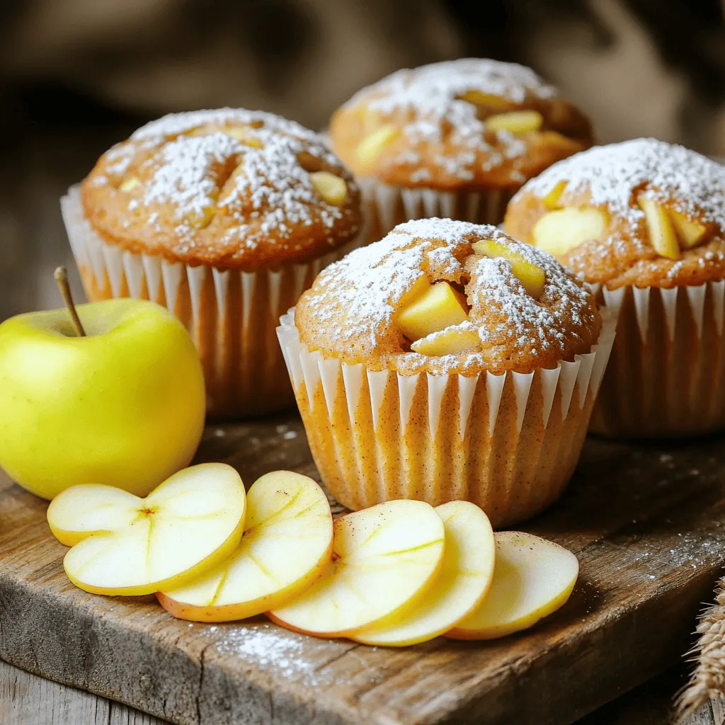 - 2 cups all-purpose flour: This gives the muffins their structure. Use a spoon to measure it for accuracy. - 1 cup granulated sugar: Sweetens the muffins. You can adjust this to taste. - 1 tablespoon baking powder: Helps the muffins rise. Fresh baking powder works best. - 1 teaspoon baking soda: Adds more lift. Make sure it is fresh for best results. - 1 teaspoon ground cinnamon: Adds warm flavor. Freshly ground is always better. - ½ teaspoon salt: Balances the sweetness. Don’t skip it! - 1 large egg: Binds the ingredients together. Use at room temperature for better mixing. - 1 cup buttermilk (or milk with 1 tablespoon lemon juice): Adds moisture and tang. You can also use plain yogurt. - ½ cup vegetable oil: Keeps the muffins moist. You can use melted butter for a richer flavor. - 2 cups peeled and diced apples (about 2 medium apples): Choose sweet apples like Honeycrisp or Fuji. They add moisture and flavor. - 1 teaspoon vanilla extract: Enhances the overall taste. Pure vanilla is best. - Optional: ½ cup chopped walnuts or pecans: Adds crunch and nutty flavor. Choose your favorite nuts. - Buttermilk alternatives: If you don’t have buttermilk, mix regular milk with one tablespoon of lemon juice. Let it sit for five minutes. - Sugar alternatives: You can use brown sugar for a deeper flavor. You can also use coconut sugar for a healthier option. - Gluten-free options: Swap all-purpose flour for a gluten-free blend. Make sure it contains xanthan gum for best results. First, preheat your oven to 375°F (190°C). This step warms your oven for even baking. Next, prepare your muffin tin. You can line it with paper liners or spray it lightly with non-stick cooking spray. This helps the muffins release easily after baking. Now, let's mix our ingredients. In a large mixing bowl, combine the dry ingredients. Add 2 cups of all-purpose flour, 1 cup of granulated sugar, 1 tablespoon of baking powder, 1 teaspoon of baking soda, 1 teaspoon of ground cinnamon, and ½ teaspoon of salt. Whisk these ingredients together until they blend well. In another bowl, we will mix the wet ingredients. Beat 1 large egg, then add 1 cup of buttermilk (or milk with 1 tablespoon of lemon juice), ½ cup of vegetable oil, and 1 teaspoon of vanilla extract. Mix until the wet ingredients are smooth. Now it’s time to bake! Pour the wet mixture into the dry mixture. Stir gently until just combined. Be careful not to overmix; a few lumps are okay. Next, fold in 2 cups of peeled and diced apples. If you want crunch, add ½ cup of chopped walnuts or pecans. Evenly distribute the muffin batter into your prepared muffin tin. Fill each cup about two-thirds full. Bake in the preheated oven for 18-20 minutes. To check for doneness, insert a toothpick into the center of a muffin. If it comes out clean, your muffins are ready. Let the muffins cool in the pan for about 5 minutes. After that, transfer them to a wire rack to cool completely. Enjoy the lovely aroma as they cool! To make the best apple cinnamon muffins, avoid overmixing. When you combine the wet and dry ingredients, stir gently. Overmixing can make your muffins tough. Mix until the batter is just combined. A few lumps are okay! You can adjust sweetness and spice levels to fit your taste. If you like sweeter muffins, add a bit more sugar. For more spice, add extra cinnamon or try nutmeg. Taste your batter and adjust before adding apples. Having the right tools makes baking easier. Use a good mixing bowl for blending ingredients. A whisk helps mix the dry and wet parts well. A good-quality muffin tin is key. It helps muffins rise evenly and prevents sticking. Choose a non-stick or silicone muffin tin for best results. This way, your muffins will pop out easily after baking. {{image_2}} You can jazz up your apple cinnamon muffins in many ways. Adding spices makes a big difference. Consider mixing in nutmeg or ginger. These spices add warmth and depth to the flavor. You can also try new mix-ins. Raisins give a sweet burst in every bite. Chocolate chips can turn these muffins into a dessert. Both options work well with the apple and cinnamon. If you want vegan muffins, I have a simple swap. Use flaxseed meal instead of an egg. Just mix one tablespoon of flaxseed meal with three tablespoons of water. Let it sit for five minutes, and it acts like an egg. For a healthier option, reduce sugar. You can cut the sugar to half a cup. This helps keep the muffins tasty but lowers the calories. Using unsweetened applesauce can also help reduce sugar. It adds moisture and flavor without extra sweeteners. To keep your apple cinnamon muffins fresh, follow these tips: - Allow muffins to cool completely before storing. - Place the muffins in an airtight container. This keeps moisture in and air out. - Use parchment paper between layers if stacking. This helps avoid sticking. - Store at room temperature for up to two days. - For longer storage, put them in the fridge. They last up to a week there. You can also freeze apple cinnamon muffins for later enjoyment: - Wrap each muffin in plastic wrap. This protects them from freezer burn. - Place the wrapped muffins in a freezer bag. Squeeze out as much air as you can. - Label the bag with the date. This helps you keep track of freshness. - Muffins can stay frozen for up to three months. To thaw, remove a muffin from the freezer: - Leave it in the fridge overnight or at room temperature for a few hours. - For a warm treat, heat in the microwave for about 15-20 seconds. - Enjoy your tasty muffin as if it just came from the oven! Can I make these muffins ahead of time? Yes, you can make these muffins ahead of time. Bake them, then let them cool. Store them in a container at room temperature for up to three days. For longer storage, freeze them. Just wrap each muffin in plastic wrap and place them in a freezer bag. They will keep well for about three months. What type of apples are best for baking? The best apples for baking are firm and sweet. I like using Granny Smith, Honeycrisp, or Fuji apples. These apples hold their shape and add a nice balance of sweetness and tartness to the muffins. Avoid soft apples like Red Delicious, as they can make the muffins mushy. Why are my muffins not rising? If your muffins are not rising, check your baking powder and baking soda. They should be fresh. If they are old, they may not react well. Also, make sure you mix the batter gently. Overmixing can make your muffins dense. Lastly, ensure your oven is at the right temperature, as an oven that is too cool can cause flat muffins. How can I make my muffins moist? To make your muffins moist, use buttermilk. It adds richness. You can also add more diced apples or even some applesauce. Mixing just until combined helps too. Avoid overmixing your batter. Lastly, don’t let them bake too long; check for doneness with a toothpick to keep them soft. We covered important steps for making apple cinnamon muffins. You learned about key ingredients, with notes on quality and smart substitutions. The baking process needs careful attention for success. I shared tips to enhance flavor and avoid common mistakes. Proper storage is crucial to keep muffins fresh and tasty. Finally, I answered common questions to help you troubleshoot. Now, you have the tools to bake delicious, easy muffins that everyone will enjoy!