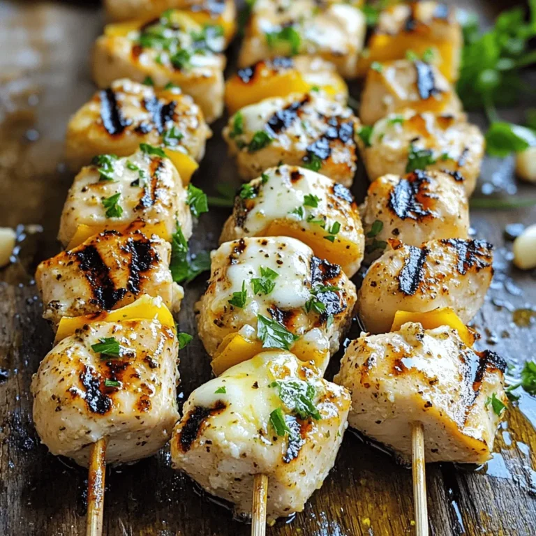 To make these tasty skewers, you need: - 1.5 lbs chicken breast, cut into 1-inch cubes - 4 cloves garlic, minced - 1/2 cup grated Parmesan cheese - 1/4 cup olive oil - 2 tablespoons lemon juice - 1 teaspoon dried oregano - 1 teaspoon salt - 1/2 teaspoon black pepper These items form the base of your dish. The chicken provides protein. Garlic adds a strong flavor. Parmesan brings a rich, cheesy taste. Olive oil helps keep everything moist. Lemon juice brightens up the dish. Oregano gives it a nice herbal note. Salt and pepper season the chicken perfectly. You can add more flavor with: - 1/4 teaspoon crushed red pepper flakes (optional) - Fresh parsley, chopped (for garnish) If you like a little heat, the crushed red pepper flakes are great. They provide a nice kick. Chopping fresh parsley adds color and freshness to your dish when serving. You will need some basic tools to prepare this meal: - Large bowl for mixing - Whisk for the marinade - Wooden skewers (soaked in water) or metal skewers - Grill or grill pan - Tongs for flipping the skewers These tools make cooking easy. A large bowl lets you mix the marinade well. A whisk helps combine all the ingredients smoothly. If you use wooden skewers, soaking them prevents burning on the grill. Finally, tongs help you turn the skewers without losing any chicken. Start by gathering your ingredients. You will need olive oil, minced garlic, lemon juice, dried oregano, salt, black pepper, and optional crushed red pepper flakes. In a large bowl, mix these items together. Whisk them until they blend well. This mix will give the chicken its great flavor. The garlic and Parmesan add a rich taste that you will love. Next, take your chicken breast, cut into 1-inch cubes. Add the chicken to your marinade. Make sure every piece is well coated. This step is key for flavor. Cover the bowl and place it in your fridge. Let it marinate for at least 30 minutes. If you have time, an hour is even better. This allows the flavors to soak in. Now it’s time to grill your skewers. Preheat your grill or grill pan to medium-high heat. If you’re using wooden skewers, soak them in water first. This keeps them from burning. Thread the marinated chicken onto the skewers, leaving space between each piece. This helps them cook evenly. Grill the skewers for 10-12 minutes. Turn them occasionally for even cooking. Check the chicken’s internal temperature; it should reach 165°F (75°C). In the last few minutes, sprinkle grated Parmesan cheese on top. Let it melt slightly onto the chicken. Once done, remove the skewers and let them rest for a few minutes. Finally, garnish with fresh parsley before serving. Enjoy your meal! To get your chicken just right, start with even-sized cubes. This helps them cook evenly. Use medium-high heat when grilling. It gives a nice char without drying out the meat. Turn the skewers often for even cooking. Aim for an internal temperature of 165°F (75°C). This ensures your chicken is safe and juicy. Marinating is key for flavor. I suggest at least 30 minutes. However, if you have more time, let it rest for an hour. This allows the garlic, lemon juice, and spices to soak in. The longer you marinate, the more flavorful your chicken will be. These skewers are great on their own, but you can make them even better! Serve them with a fresh salad or grilled veggies. A drizzle of extra olive oil adds richness. You can also pair them with rice or quinoa for a complete meal. Don't forget to sprinkle more Parmesan cheese on top for a tasty finish! {{image_2}} You can add vegetables to your skewers for more flavor and color. Bell peppers, onions, and cherry tomatoes work well. Cut these veggies into bite-sized pieces. Alternate them with the chicken on the skewers. This mix will add taste and nutrients to your meal. If you want to change the taste, try other seasonings. A mix of smoked paprika and cumin gives a nice twist. You can also use fresh herbs like thyme or rosemary. Experiment with different spices to find what you like best. You can swap chicken for other proteins if you prefer. Shrimp is a great choice and cooks quickly. Firm tofu works well for a vegetarian option. Just adjust the cooking time for these proteins. Each option offers a different flavor, keeping your meal exciting. To store leftover skewers, let them cool first. Place them in an airtight container. You can keep them in the fridge for up to three days. Make sure the skewers are sealed well to keep them fresh. If you want to enjoy them later, consider freezing. When you're ready to eat the leftover skewers, reheat them for the best taste. Place them on a grill or in a skillet over medium heat. Heat them for about 5 to 7 minutes until hot. You can also use a microwave. If you do, cover them to keep them moist and heat for 1-2 minutes. You can freeze chicken skewers for later meals. Wrap each skewer in plastic wrap or aluminum foil. Then, place them in a freezer bag. They will stay fresh for about three months in the freezer. When you're ready to cook, thaw them in the fridge overnight before reheating. You grill chicken skewers for about 10 to 12 minutes. Turn them often for even cooking. The chicken should reach a safe internal temperature of 165°F (75°C). This ensures your skewers are juicy and safe to eat. Yes, you can use frozen chicken. Just make sure to thaw it first. This helps the marinade soak in well. If you skip thawing, the chicken may not cook evenly. You can serve these skewers with many sides. Some great options are: - Fresh salad - Rice or quinoa - Grilled veggies - Garlic bread - Pasta These sides will complement the flavors of the skewers. Yes, marinating the chicken overnight enhances the flavor. Just make sure to cover it well in the fridge. This extra time allows the garlic and spices to really seep in. If you want to change the cheese, try mozzarella or feta. Each will give a different taste. Always choose a cheese that melts well for the best results. To add heat, increase the crushed red pepper flakes. You can also add hot sauce to the marinade. Adjust the spice level to your liking for a delicious kick. This post covered how to make Garlic Parmesan Chicken Skewers. We talked about the main and optional ingredients you can use. The steps to prepare, marinate, and grill chicken were detailed. Helpful tips were shared to ensure perfect grilling. I included ideas for variations and how to store leftovers. Enjoy making these skewers at home. With simple steps and tasty flavors, you can impress anyone. Dive into cooking and have fun with your meals!