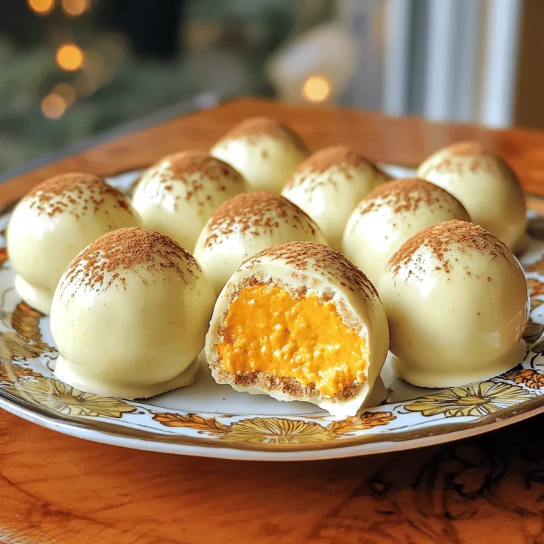 - 1 cup cream cheese, softened - 1 cup canned pumpkin puree - 1/2 cup powdered sugar - 1 teaspoon vanilla extract - 1 teaspoon ground cinnamon - 1/2 teaspoon ground nutmeg - 1/4 teaspoon ground ginger - 1/2 cup graham cracker crumbs - 1/2 cup walnuts or pecans, finely chopped (optional) - 1/2 cup white chocolate chips (for coating) To make these no-bake pumpkin cheesecake balls, gather all your ingredients. Start with softened cream cheese. This helps create a smooth mix. The canned pumpkin puree brings that fall flavor. You can use fresh pumpkin too, but canned saves time. Add powdered sugar for sweetness. Vanilla extract enhances the taste. Ground cinnamon, nutmeg, and ginger add warmth. These spices make your cheesecake balls taste like autumn. Next, the graham cracker crumbs give a nice crunch. If you love nuts, chop walnuts or pecans and mix them in. They add texture and flavor. Finally, we need white chocolate chips for coating. Melt them to create a sweet outer layer. This will make the balls look fancy and taste delicious. - Calories per serving: Approximately 120 - Macros breakdown: - Fat: 7g - Carbs: 13g - Protein: 2g - Allergen information: Contains dairy and nuts (if using walnuts or pecans). Knowing the nutritional information helps you plan. Each serving has about 120 calories. You have a nice balance of fat, carbs, and protein. Remember, these treats are rich, so enjoy them in moderation! 1. In a large bowl, I mix the softened cream cheese and canned pumpkin puree. I stir until the mixture is smooth and creamy. This step is key for a great base. 2. Next, I add powdered sugar, vanilla extract, ground cinnamon, nutmeg, and ginger. I mix everything well until it becomes a uniform blend. Each spice brings warmth and flavor. 3. I gently fold in the graham cracker crumbs. This gives the balls a nice texture. If I want some crunch, I add finely chopped walnuts or pecans at this point. 1. Using my hands, I shape the mixture into small balls, about 1 inch wide. I place them on a baking sheet lined with parchment paper. This step is fun and allows for creativity. 2. Once all the balls are formed, I chill them in the fridge for at least 1 hour. This helps them firm up and makes them easier to coat. 1. While the cheesecake balls chill, I melt the white chocolate chips. I use a microwave-safe bowl and heat in 20-second intervals. I stir in between until it is completely melted. 2. After chilling, I dip each pumpkin cheesecake ball into the melted white chocolate. I let any extra chocolate drip off before placing them back on the baking sheet. 3. For a finishing touch, I sprinkle extra graham cracker crumbs or a dash of cinnamon on top. Then, I return them to the fridge for another 30 minutes to set. To make the best no-bake pumpkin cheesecake balls, start with cream cheese. Make sure it is soft. If it is too cold, your mixture will not blend well. Let it sit out for a bit. This helps create a smooth texture. Next, adjust the sweetness. Taste your mixture as you go. You can add more powdered sugar if you like it sweeter. Remember, pumpkin puree has a natural sweetness too. Want to speed up chilling? Try placing the cheesecake balls in the freezer for about 20 minutes. This way, they firm up faster. Just don’t forget to keep an eye on them! Use a cookie scoop for easy portioning. It helps form uniform balls. For mixing, a hand mixer can save time. It makes the cream cheese and pumpkin blend quickly. For serving, place the cheesecake balls on a pretty plate. A tiered stand looks great too. Drizzle some melted chocolate on top for flair. Garnish with whole nuts or a sprinkle of cinnamon. These little touches make your dish pop. You can also use extra graham cracker crumbs for an added crunch. Enjoy your beautiful creation! {{image_2}} You can easily change the taste of your pumpkin cheesecake balls. Adding spices like cloves or allspice gives them a warm, cozy flavor. Just a pinch can make a big difference. You might also try flavored extracts. Maple or almond can add a nice twist to the classic taste. Experimenting with these can make each batch unique and fun! If you need gluten-free options, use gluten-free graham cracker crumbs. They work just as well and keep the taste great. For vegan alternatives, swap cream cheese for a nut-based cream cheese. You can also use maple syrup instead of powdered sugar. These changes keep the deliciousness while fitting your diet needs. You can dress up these cheesecake balls for any holiday. Try festive decorations like colorful sprinkles or edible glitter. For pairing suggestions, serve them at parties with warm drinks like cider or coffee. They bring a delightful fall flavor that everyone will enjoy. No matter the season, these cheesecake balls can shine! To keep your no-bake pumpkin cheesecake balls fresh, store them in the fridge. Place them in an airtight container. Make sure they are not touching each other. This prevents sticking and keeps them neat. They stay fresh for about a week. If you want them to last longer, try covering them with plastic wrap before sealing the container. You can freeze these cheesecake balls for longer storage. First, place them on a baking sheet lined with parchment paper. Freeze them for about 1-2 hours until firm. Once frozen, transfer them to a freezer-safe bag. Make sure to remove as much air as you can. This helps avoid freezer burn. When you want to eat them, thaw the balls in the fridge overnight. Serve them cold for a refreshing treat. These cheesecake balls stay tasty for up to a week in the fridge. In the freezer, they can last for about three months. Keep an eye out for any signs of spoilage. If they develop an off smell, change in color, or texture, it's best to discard them. Fresh is always best when it comes to flavor. Enjoy your treats at their peak! Yes, you can use fresh pumpkin. Start by selecting a sugar pumpkin. Cut it in half and remove the seeds. Bake the halves at 350°F for about 45 minutes or until soft. Once cool, scoop out the flesh and blend until smooth. Use this puree in place of canned pumpkin. It may have a fresher taste, but make sure to drain excess moisture for the best results. You can use Greek yogurt or silken tofu as substitutes. Both provide creaminess while keeping the flavor nice. For a sweeter touch, you could also try mascarpone or a plant-based cream cheese. Adjust the sugar to balance the taste. Each option offers a unique twist, so feel free to experiment! Yes, you can prepare these cheesecake balls in advance. Make them up to two days ahead of time. Store them in an airtight container in the fridge. This also helps the flavors meld together beautifully. Just remember to coat them with chocolate shortly before serving for a fresh look. You can use dark chocolate or milk chocolate instead. Both options add a rich flavor. If you want a fun twist, try candy melts in different colors for a festive look. Just melt and dip as you would with white chocolate. To boost flavor, consider adding a pinch of cloves or allspice. You can also use flavored extracts like maple or almond. Topping with crushed nuts or a sprinkle of sea salt adds texture and depth. Even a drizzle of caramel can elevate your cheesecake balls to the next level! In this post, we covered how to make delicious cheesecake balls using cream cheese and pumpkin. I shared key ingredients, detailed steps, and helpful tips. Remember to adjust flavors to your taste and try different variations. These treats are perfect for any event, so get creative with your presentation. With proper storage, you can enjoy them longer. Experiment and have fun with this recipe!