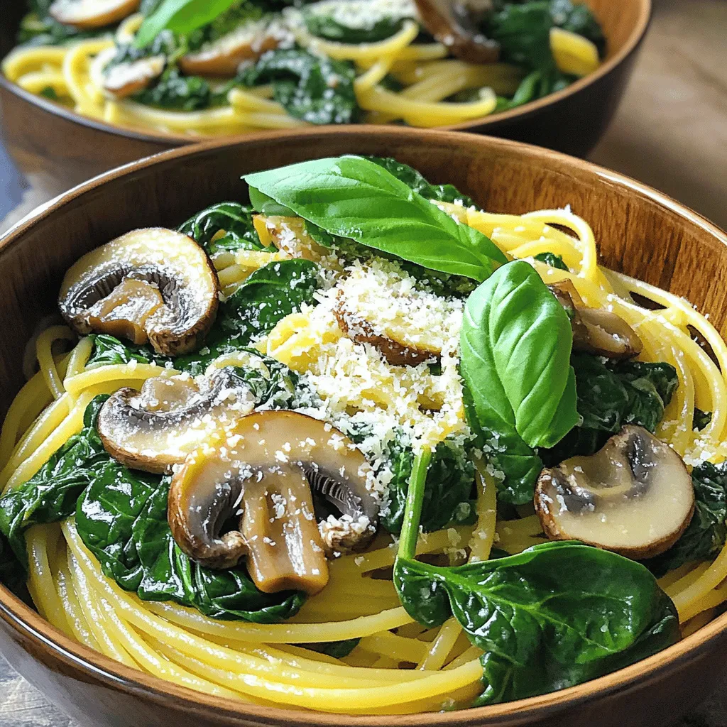 Cooking Spinach Mushroom One-Pot Pasta is simple and quick. You need just a few main ingredients to make a flavorful dish. - Pasta type: Use 8 ounces of spaghetti or any pasta you like. - Fresh vegetables: You will need 4 cups of fresh spinach, 8 ounces of sliced mushrooms, 1 medium onion, and 4 cloves of minced garlic. - Seasonings and broth: Gather 3 cups of vegetable broth, 1 teaspoon of dried oregano, and 1 teaspoon of dried thyme. Add salt and pepper to taste. - Cheese and garnish options: If you want, include 1/2 cup of grated Parmesan cheese. Fresh basil leaves make a great garnish too. These ingredients come together in one pot to create a meal that is hearty and satisfying. The fresh spinach and mushrooms add texture and flavor, while the cheese brings it all together. You can customize this dish based on what you have at home or what you prefer. Enjoy the process of cooking, and feel free to get creative! 1. Start by heating 2 tablespoons of olive oil in a large pot over medium heat. 2. When the oil is hot, add 1 medium onion, finely chopped. Sauté the onion for 3 to 4 minutes, until it turns translucent. 3. Next, stir in 4 cloves of minced garlic and 8 ounces of sliced mushrooms. Cook for another 5 to 7 minutes. The mushrooms should be tender and release their moisture. 4. Now, add 1 teaspoon of dried oregano, 1 teaspoon of dried thyme, salt, and pepper. Toss everything well to mix the spices into the veggies. 5. Pour in 3 cups of vegetable broth and bring the mixture to a gentle boil. 1. Add 8 ounces of your choice of pasta to the pot. Make sure the pasta is submerged in the broth. 2. Reduce the heat to a low simmer and cover the pot. Let it cook for 10 to 12 minutes. Stir occasionally to prevent sticking. 3. When the pasta is nearly al dente, fold in 4 cups of fresh spinach. Cook for another 2 to 3 minutes until the spinach wilts. 4. If you like, stir in ½ cup of grated Parmesan cheese for a creamy touch. Adjust the seasoning if needed. 5. Remove the pot from heat and let it sit for a minute before serving. This one-pot pasta is simple, quick, and full of flavor! To keep your pasta from sticking, stir it often. When you add the pasta to the pot, mix it well. This helps it stay separate. You can also use a bit more broth if needed. Adjusting the seasoning is key for your taste. Start with the salt and pepper, then taste. You can always add more later. If you like more heat, add red pepper flakes. If you want it richer, mix in more cheese. For a great presentation, serve the pasta in deep bowls. Top it with fresh basil leaves. A sprinkle of extra Parmesan cheese adds flavor and looks nice. Drizzle a bit of olive oil on top for shine. Complementary side dishes can enhance the meal. A simple salad with lemon dressing pairs well. Garlic bread is also a great choice. You can even serve it with a light soup for a full dinner. {{image_2}} You can switch out some ingredients for fun twists. Try using kale or zucchini instead of spinach. These veggies add new flavors and textures. If you need gluten-free options, use gluten-free pasta. It cooks well and tastes great too. To boost flavor, think about adding protein. Chicken, shrimp, or even beans work well. They make the dish heartier and more filling. You can also experiment with different cheeses. Try mozzarella, feta, or goat cheese for a new taste. Each cheese gives the dish a unique flavor that makes it special. To store your one-pot pasta, let it cool first. Place it in an airtight container. This keeps the pasta fresh and ready for later. You can keep it in the fridge for up to three days. When you reheat it, add a splash of vegetable broth. This helps keep the pasta moist. Heat it on the stove over low heat. Stir it often to avoid burning. You can also use a microwave. Heat it in short bursts, stirring in between. If you want to freeze the dish, let it cool completely first. Use a freezer-safe container for best results. It can stay in the freezer for up to three months. When you are ready to enjoy it again, thaw it in the fridge overnight. You can also thaw it in the microwave on low power. Reheat it on the stove with added broth for moisture. This helps restore its fresh taste. Yes, you can make this dish vegan. Simply skip the Parmesan cheese or use a vegan cheese. Use vegetable broth and ensure any pasta you choose is egg-free. Fresh spinach and mushrooms add great flavor and nutrition. This dish pairs well with a side salad. A simple green salad with olive oil dressing complements the pasta nicely. You might also enjoy garlic bread or a light soup. These sides enhance your meal without taking away from the pasta. Cooking pasta in a one-pot recipe takes about 10-12 minutes. This is after bringing your broth to a gentle boil. Stir the pasta often to keep it from sticking. Make sure to check for doneness and adjust cooking time as needed. This blog post covers the key ingredients for a tasty one-pot pasta dish, along with clear steps for cooking. I shared tips to enhance your meal and ways to store leftovers. The recipe offers flexibility too, letting you swap ingredients for your taste. You can create a simple yet delicious meal with ease. I hope you feel inspired to try it today! Enjoy your cooking and make it your own!