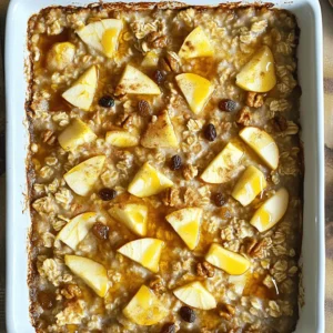 - 2 cups rolled oats - 2 apples, peeled and diced - 1 cup almond milk (or any milk of your choice) - 1/2 cup maple syrup - 1/4 cup unsweetened applesauce - 2 teaspoons cinnamon - 1 teaspoon vanilla extract - 1/4 teaspoon nutmeg - 1/2 cup chopped nuts (walnuts or pecans) - 1/4 cup raisins or dried cranberries - Pinch of salt For the Oatmeal Apple Breakfast Bake, I always start with these basic ingredients. The rolled oats give it a hearty texture. The apples add a sweet and tart flavor that brightens each bite. Almond milk makes it creamy, but feel free to swap it for any milk you like. You can mix in a variety of other ingredients for extra flavor or texture. Consider adding: - Chia seeds for added fiber - Flaxseed meal for healthy fats - Coconut flakes for a tropical twist - Chocolate chips for a sweet touch - Fresh berries for a burst of freshness These optional ingredients let you make the dish your own. You can adjust the flavors to fit your taste or dietary needs. This breakfast bake packs a nutritious punch. Here’s a quick overview: - Calories per serving: ~250 - Protein: 5g - Carbohydrates: 45g - Fiber: 6g - Sugars: 10g - Fats: 8g With wholesome oats, fruit, and nuts, this dish offers a filling meal. It fuels your morning with energy, making it a great choice for breakfast. First, set your oven to 375°F (190°C). This step warms the oven while you prep. Next, grease a 9x9 inch baking dish with a bit of oil or butter. This helps the bake come out easily later. In a large bowl, combine 2 cups of rolled oats, 2 diced apples, 1/2 cup of chopped nuts, and 1/4 cup of raisins. Add 2 teaspoons of cinnamon, 1/4 teaspoon of nutmeg, and a pinch of salt. Mix well to make sure everything blends. This mix gives your bake that yummy flavor! In another bowl, whisk together 1 cup of almond milk, 1/2 cup of maple syrup, 1/4 cup of applesauce, and 1 teaspoon of vanilla extract. You want this mixture to be smooth. This adds moisture and sweetness to the bake. Now, pour the wet mixture over the dry ingredients. Stir until everything is well combined. Transfer the mix into your greased baking dish and spread it evenly. Bake in the oven for about 30-35 minutes. You want the top to look golden brown and the oats to be set. Let it cool for 10 minutes before cutting it into squares. This helps it hold its shape. Enjoy your warm and tasty Oatmeal Apple Breakfast Bake! To get the best bake, follow these steps closely. First, preheat the oven to 375°F (190°C). This ensures that the bake cooks evenly. Grease your 9x9 inch baking dish well. It helps the bake come out easily. Mix the dry ingredients well. Ensure the oats and fruits blend nicely. When you combine the wet ingredients, whisk until smooth. This helps all flavors mix. Pour the wet mix over the dry mix and stir gently. Spread it evenly in the baking dish. Bake for 30 to 35 minutes. Look for a golden top and firm oats. Cool for about 10 minutes before slicing. This keeps it from falling apart. Serving this bake warm makes it extra tasty. Drizzle some maple syrup on top for sweetness. A sprinkle of cinnamon adds flavor. For a creamy touch, add some yogurt. Fresh apple slices give a nice crunch. You can serve it with coffee or tea. This dish pairs well with many drinks. Enjoy it with family or friends for a cozy meal. You can easily adapt this bake for different diets. For a dairy-free option, use almond milk or another plant-based milk. Want to cut sugar? Use less maple syrup or try a sugar substitute. If you want more fiber, add more fruits like bananas or berries. For nut allergies, leave out the nuts and add seeds instead. You can also use gluten-free oats. This makes it safe for those with gluten issues. Each change keeps the dish tasty and enjoyable for everyone. {{image_2}} You can easily make this dish dairy-free. Instead of regular milk, use almond milk or oat milk. Both options work well and keep the bake creamy. If you want a nut-free choice, try coconut milk. It adds a nice flavor and keeps it moist. Want to boost flavor? Add more fruits or spices! Diced pears or berries mix great with apples. You can also add banana for extra sweetness. For spices, try ginger or cardamom. They add warmth and depth. Just remember to adjust the sweetener if you add more fruit. If you need a gluten-free version, use certified gluten-free oats. They taste just like regular oats and work perfectly. Another choice is quinoa flakes. They add a different texture and flavor. Both options let you enjoy this bake without gluten. Enjoy the variety! To store your Oatmeal Apple Breakfast Bake, let it cool first. Once cool, cut it into squares. Place the squares in an airtight container. This keeps them fresh for up to five days in the fridge. If you want to keep it longer, freezing is a great option. When you are ready to enjoy your leftovers, remove the desired portion from the fridge. You can heat it in the microwave for about 30 seconds to one minute. If you prefer the oven, preheat it to 350°F (175°C). Bake for about 10 minutes until warmed through. Add a splash of almond milk before reheating for extra moisture. To freeze your Oatmeal Apple Breakfast Bake, wrap each square in plastic wrap. Place the wrapped pieces in a freezer-safe bag. You can freeze them for up to three months. When you want to eat one, simply thaw it in the fridge overnight. Then, reheat it as mentioned above. This way, you have a quick and tasty breakfast ready to go! Yes, you can prepare this bake in advance. Make it a day ahead and store it in the fridge. Just cover it tightly with plastic wrap or foil. When you’re ready to eat, bake it again for 10 to 15 minutes at 350°F (175°C) until it warms through. This way, you save time on busy mornings. If you don’t have maple syrup, honey is a great option. You can also use agave nectar or brown sugar. Just keep in mind that each sweetener has a unique flavor, so it will change the taste slightly. Adjust the amount to your liking, as some sweeteners may be sweeter than others. Yes, you can easily boost the protein. Try adding Greek yogurt on top when serving. You can also mix in protein powder into the wet mixture. For a nutty flavor and extra protein, add seeds like chia or flaxseeds into the mix. This makes your breakfast more filling and nutritious. This Oatmeal Apple Breakfast Bake lasts about 4 to 5 days in the fridge. Just store it in an airtight container. If you notice any moisture or changes in texture, it’s best to toss it. Always check for signs of spoilage before eating leftovers. You explored the key ingredients and simple steps to create a tasty Oatmeal Apple Breakfast Bake. You learned how to customize it for different diets and got storage tips for leftovers. Remember, cooking can be fun and easy. Try new flavors and make it your own. Enjoy this delicious breakfast again and again!