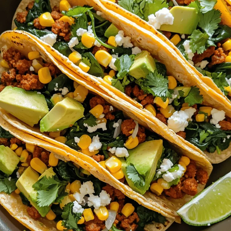 - Chorizo sausage - Sweet corn - Vegetables and spices - Tortillas and toppings For my chorizo corn skillet tacos, I use a few key ingredients. First, I grab 1 pound of chorizo sausage. I prefer the fresh kind without casings. This sausage gives the tacos a rich flavor. Next, I add 2 cups of sweet corn. You can choose fresh or frozen corn. It adds sweetness and texture to the dish. I also include 1 medium yellow onion, diced, and 2 cloves of garlic, minced. These two ingredients build a strong base for flavor. To spice things up, I use 1 teaspoon of smoked paprika, 1 teaspoon of cumin, and 1/2 teaspoon of chili powder. These spices bring warmth and depth to the tacos. For the tacos, I need 8 small corn tortillas. They hold everything together nicely. I like to top my tacos with 1 cup of baby spinach or arugula, 1 diced avocado, and 1/2 cup of crumbled feta cheese. The greens add freshness, while the avocado offers creaminess. The cheese provides a salty contrast. Finally, I add fresh cilantro for garnish and lime wedges for serving. The lime juice gives the tacos a bright finish. Each ingredient plays a role in making these chorizo corn skillet tacos a delightful meal. 1. Heat a large skillet over medium-high heat. 2. Add 1 pound of chorizo sausage. Break it up with a spatula. 3. Cook for 5-7 minutes until it turns brown. 4. Next, add 1 medium diced yellow onion and 2 minced garlic cloves. 5. Sauté for 3-4 minutes. The onion should look translucent and smell great. 1. Stir in 2 cups of sweet corn. You can use fresh or frozen corn. 2. Add spices: 1 teaspoon of smoked paprika, 1 teaspoon of cumin, and 1/2 teaspoon of chili powder. 3. Cook for 5 minutes, stirring often. 4. Season with salt and pepper to taste. This makes the flavors pop. 1. While the corn mixture cooks, warm 8 small corn tortillas. 2. Use a separate pan over low heat. 3. Heat each tortilla for about 30 seconds on each side. They should be soft and pliable. 1. To build your tacos, take a warm tortilla. 2. Add a generous scoop of the chorizo corn mixture. 3. Top with a handful of fresh baby spinach or arugula. 4. Add diced avocado and crumbled feta cheese. 5. Garnish with fresh cilantro. 6. Serve with lime wedges for a tangy kick. To make your chorizo just right, start with good quality sausage. Remove the casings before cooking. This helps the meat break up easily. Cook it over medium-high heat. This gives it a nice brown color. Stir often to cook it evenly. When you add onion and garlic, sauté them until the onion is soft and clear. This usually takes about three to four minutes. Use a spatula to stir. The smell will be amazing! For veggies, keep the heat steady. This will keep them bright and crunchy. For side dishes, I love serving a fresh salad. A simple green salad pairs well. You could also serve rice or beans for extra heartiness. When it comes to drinks, try a light beer or a citrusy cocktail. A lime-flavored drink complements the flavors nicely. For a non-alcoholic option, fresh lemonade works great too. {{image_2}} Alternative proteins If you want a different taste, you can swap the chorizo. Ground turkey or beef works well. They both provide a nice base for the tacos. You can also use beans for a vegetarian option. Black beans or pinto beans add protein and flavor. Dairy-free options To make the tacos dairy-free, skip the feta cheese. You can also use avocado as a creamy topping. Another great choice is cashew cream or a dairy-free cheese. These options keep the dish rich without the dairy. Spicy variations If you love heat, add more chili powder or some diced jalapeños. You could also use spicy chorizo for an extra kick. Experimenting with hot sauce can bring more flavor to your tacos. Just start with a little, then adjust to your liking. Adding extra toppings Toppings can change the whole vibe of your tacos. Try adding fresh salsa, pickled onions, or even a drizzle of crema. You might also enjoy fresh lime juice for zest. Each topping adds a unique taste and texture. So, get creative and make it your own! To store leftover chorizo corn skillet tacos, first let them cool down. Then, place them in an airtight container. Make sure to separate the tortillas from the filling to keep them fresh. This helps prevent sogginess. You can store the tacos in the fridge for up to three days. If you want to keep them longer, freeze the filling. It can last up to three months in the freezer. Just remember to label the containers with the date! Reheating your chorizo corn skillet tacos is easy. For the best taste, use a skillet on medium heat. Add a little oil, then warm the filling for about 5 minutes. Stir occasionally to heat it evenly. You can also reheat the tortillas in the skillet for about 30 seconds on each side. If you're in a hurry, use the microwave. Place the filling on a microwave-safe plate. Cover it with a damp paper towel and heat for 1-2 minutes. Enjoy your tacos just like they were fresh! You can swap out some ingredients to make these tacos healthier. Here are some ideas: - Use turkey or chicken chorizo instead of pork. - Choose whole grain or corn tortillas for added fiber. - Add more veggies like bell peppers or zucchini. - Replace feta with a light cheese or skip it. - Use lime juice instead of salt for flavor. These changes keep the taste while making it healthier. Yes, you can! Here are some options: - Corn tortillas work great, but you can also try flour tortillas. - For gluten-free tacos, use corn or almond flour tortillas. - Lettuce leaves can be a fun, low-carb option too. Feel free to choose what fits your diet best! These tacos pair well with many sides. Here are some tasty ideas: - Serve with a fresh salad for crunch. - Corn salsa adds a sweet touch. - Try rice or quinoa for a filling side. - Black beans are a great protein boost. Pick one or more to complete your meal! In this post, we explored chorizo corn skillet tacos. We covered each step from cooking chorizo to assembling the tacos. I shared tips for perfect texture and serving ideas that pair well. You can customize these tacos to fit your taste. Don't forget about storage and reheating tips for later. These tacos are not just tasty; they’re fun to make! Enjoy bringing this dish to your table and impressing everyone with your cooking skills.