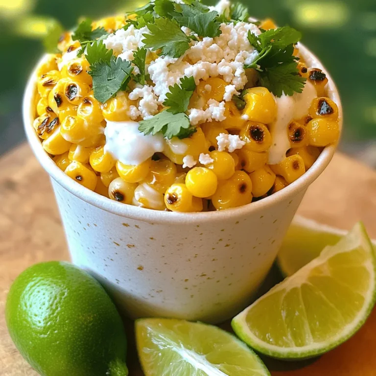 - 4 ears of fresh corn, husked - 2 tablespoons mayonnaise - 2 tablespoons sour cream - 1 tablespoon lime juice - 1 teaspoon chili powder - 1/2 teaspoon garlic powder - Salt to taste - 1/4 cup crumbled cotija cheese - 1/4 cup fresh cilantro, chopped - Lime wedges for garnish The main star of this dish is fresh corn. You want ears that are sweet and juicy. The mayonnaise and sour cream add creaminess. Lime juice brings a zesty kick. Chili powder and garlic powder give it flavor. Cotija cheese adds a salty touch. Cilantro adds freshness. Together, they make a perfect mix. You can get creative with toppings! Here are some ideas: - Extra cotija cheese for more flavor - Sliced jalapeños for a spicy kick - Avocado slices for creaminess - Hot sauce for heat Feel free to mix and match these toppings. They all work well with the corn. Each serving has about: - Calories: 200 - Protein: 4g - Carbohydrates: 24g - Fat: 10g - Fiber: 3g This dish is tasty and offers some nutrition too. The corn provides fiber, which is good for digestion. The cheese and sour cream give you calcium. Enjoying this flavorful treat is a fun way to add veggies to your meal! To make Mexican Corn in a Cup, gather your ingredients first. You need fresh corn, mayonnaise, sour cream, lime juice, chili powder, garlic powder, salt, cotija cheese, and cilantro. This dish takes about 25 minutes total and serves four people. 1. Preheat your grill or a grill pan on medium-high heat. 2. Grill the corn for 10 to 12 minutes. Turn it often. The kernels should get tender and a bit charred. 3. Take the corn off the heat and let it cool for a few minutes. 4. Use a sharp knife to cut the kernels off the cob. Place the kernels in a mixing bowl. 5. In another bowl, combine the mayonnaise, sour cream, lime juice, chili powder, garlic powder, and salt. Mix until smooth. 6. Pour this mixture over the corn kernels. Toss them well to coat. 7. Add in the crumbled cotija cheese and chopped cilantro. Mix gently to distribute evenly. 8. Divide the corn mixture into cups. Top each with extra cotija cheese and cilantro if you like. 9. Serve right away with lime wedges on the side for extra flavor. Mexican Corn in a Cup makes a fun snack or side dish. You can serve it at parties or family gatherings. It pairs well with tacos or grilled meats. Enjoy it fresh for the best taste! When picking corn, look for fresh ears. The husks should be bright green and tight. Gently peel back a bit of the husk. Check if the kernels are plump and milky. Sweet corn is best for esquites. Look for kernels that are yellow or bi-colored. The sweeter, the better! Avoid using old corn. It won't taste sweet and fresh. Don't skip grilling. Grilling adds a nice char and flavor. Be careful not to overcook the corn. You want it tender but not mushy. Mixing the sauce too early can make corn soggy. Wait until you serve to mix. Want to boost flavor? Add more lime juice for zest. A splash of hot sauce can spice it up. Try adding diced jalapeños for heat. You can also mix in some avocado for creaminess. For a smoky touch, use smoked paprika instead of chili powder. Experiment with toppings like diced tomatoes or radishes. {{image_2}} Esquites are already vegetarian, but you can add more veggies. Try diced bell peppers or fresh corn salsa. These add crunch and color to your cup. You can also swap the mayonnaise for a plant-based option. This keeps the creamy taste without dairy. If you love heat, add more chili powder or hot sauce. You can also mix in diced jalapeños for an extra kick. This will make your esquites fiery and fun. Just remember, start small. You can always add more spice later. Cotija cheese gives great flavor, but other cheeses work too. Feta cheese adds a salty bite, while queso fresco offers a milder taste. If you want a creamier option, use goat cheese. Each cheese brings its own twist to your esquites. Experiment with these variations to find your favorite way to enjoy Mexican corn in a cup! To store leftovers of Mexican Corn in a Cup, let it cool first. Place it in an airtight container. This helps keep it fresh for up to three days in the fridge. If you plan to store it, avoid adding lime juice or cilantro until you are ready to eat. This keeps the flavors bright. When you want to enjoy your esquites again, take it out of the fridge. You can reheat it in a pan over medium heat. Add a splash of water to keep it moist. Stir gently until it's warm. You can also use the microwave. Heat in short bursts of 30 seconds, stirring in between. If you want to freeze esquites, do it right after making it. Place the corn mixture in a freezer-safe bag. Remove as much air as you can before sealing. This helps prevent freezer burn. It can last about two months in the freezer. When ready to eat, thaw overnight in the fridge. Then, reheat as mentioned earlier. Enjoy your tasty treat! Esquites is a popular Mexican snack made with corn. It features grilled corn kernels mixed with creamy sauce and spices. You enjoy it served in a cup. This dish often includes cotija cheese, lime, and cilantro, giving it a fresh taste. Each bite is sweet, tangy, and savory. It’s a perfect treat for warm days or gatherings. You can find it sold by street vendors in Mexico. Yes, you can prepare Esquites ahead of time. Cook and mix the corn with the creamy sauce. Store it in the fridge for up to two days. Just remember to add fresh cilantro and cheese before serving. This keeps the flavors bright and lively. You might want to squeeze fresh lime on top right before you eat it. You can buy Esquites from many street vendors in Mexico. In the U.S., look for it at Mexican restaurants or food trucks. Some grocery stores may sell pre-packaged Esquites in the deli section. You might also find it at local farmers' markets during corn season. If you want the real deal, try making it at home. It’s simple and fun! This article covered everything you need to make delicious Esquites. We explored the key ingredients, optional toppings, and nutrition facts. I shared clear steps for preparing and serving Esquites. Tips helped you choose corn and avoid common mistakes. We also discussed tasty variations and how to store leftovers. In summary, making Esquites is simple and fun. With these tips, you can enjoy it anytime!