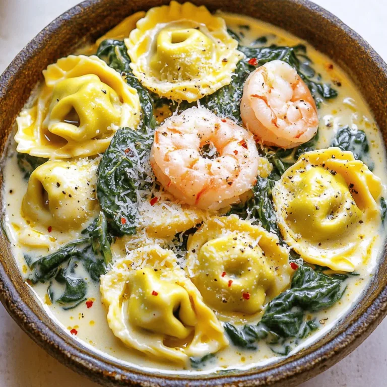 - 12 oz cheese tortellini - 1 lb large shrimp, peeled and deveined - 2 cups fresh spinach - 1 cup heavy cream - 1 cup chicken broth - 2 cloves garlic, minced - 1/4 cup grated Parmesan cheese - 1 tbsp olive oil - Salt and pepper to taste - 1 tsp Italian seasoning - Optional: crushed red pepper flakes for heat Using fresh ingredients makes this dish shine. Fresh spinach adds great flavor and nutrients. Choose large shrimp for the best texture and taste. Use high-quality cheese tortellini for a rich, creamy bite. Fresh garlic gives a strong aroma and taste. For the cream, choose heavy cream for a velvety sauce. Look for good Parmesan cheese for the best flavor. You can swap cheese tortellini for any pasta you like. Use frozen shrimp if fresh ones are not available. Fresh spinach can be replaced with kale or another leafy green. For a lighter sauce, use half-and-half instead of heavy cream. If you want a veggie boost, add mushrooms or bell peppers. If you prefer a dairy-free option, almond milk works in place of cream, but the sauce will be thinner. For spice lovers, add more crushed red pepper flakes for extra heat. Start by boiling water in a large pot. Add salt to the water. When the water boils, add 12 oz of cheese tortellini. Cook the tortellini according to the package instructions, usually about 3-5 minutes. Once cooked, drain the tortellini and set it aside. It’s important to let the tortellini sit so it doesn’t stick together. In a skillet, heat 1 tablespoon of olive oil over medium heat. Add 2 minced garlic cloves and sauté for about 1 minute. The garlic should smell fragrant. Next, add 1 lb of large shrimp that is peeled and deveined. Season the shrimp with salt, pepper, and 1 teaspoon of Italian seasoning. Cook the shrimp for about 3-4 minutes. Watch for the shrimp to turn pink and opaque. This means they are cooked through. Once the shrimp is ready, pour in 1 cup of chicken broth and bring it to a simmer. This adds a nice flavor base. Next, stir in 1 cup of heavy cream. Let the sauce cook for 2-3 minutes. This will help the sauce thicken slightly. Add 2 cups of fresh spinach to the sauce. Stir until the spinach wilts down. Finally, toss in the cooked tortellini and 1/4 cup of grated Parmesan cheese. Mix everything well, ensuring the tortellini is coated in the creamy sauce. Taste the dish and adjust the seasoning. If you like heat, add crushed red pepper flakes. Enjoy your meal! To get that rich, creamy sauce, start with heavy cream. It gives a great texture. When you add the chicken broth, stir it well. This step helps blend the flavors. Simmer the sauce for a few minutes. This allows it to thicken nicely. If the sauce seems too thick, add a splash of broth. If it's too thin, let it cook a bit longer. Seasonings make this dish pop. Use salt and pepper to taste. Italian seasoning adds a nice herbal touch. For more flavor, consider fresh herbs like basil or parsley. If you enjoy spice, sprinkle in crushed red pepper flakes. This small addition can make a big difference. Taste as you go along. Adjust the seasonings to suit your taste. Creamy shrimp and spinach tortellini pairs well with garlic bread. The bread soaks up the sauce perfectly. A light salad adds freshness to your meal. Try a simple mix of greens with a lemon vinaigrette. You can also serve it with steamed vegetables. Broccoli or asparagus complements the dish well. Enjoy experimenting with your favorite sides! {{image_2}} You can boost nutrition by adding more vegetables. Try bell peppers, zucchini, or broccoli. These veggies add color and crunch. You can sauté them with the garlic. This will enhance the meal's taste and health benefits. If you prefer chicken, it works great in this dish. Use boneless chicken breasts, cut into small pieces. Cook them in the same way as the shrimp. For a plant-based option, try tofu. Use firm tofu and cube it. Sauté until golden for a tasty twist. You can make this dish gluten-free easily. Just use gluten-free tortellini. Many brands offer great options. For a dairy-free version, replace heavy cream with coconut cream or almond milk. This keeps the meal creamy while fitting your diet needs. Enjoy your personalized dish! To store leftovers, first let the dish cool down. Use an airtight container to keep it fresh. This will help prevent any strong smells in your fridge. You can keep the creamy shrimp and spinach tortellini in the fridge for up to three days. If you want to enjoy it later, storing it properly is key. When you're ready to eat leftovers, you can reheat them on the stove or in the microwave. If using the stove, heat it gently over low heat. This helps keep the sauce creamy. Stir often to prevent sticking. If using the microwave, place it in a microwave-safe bowl, cover it, and microwave in short bursts. Stir between each burst to make sure it heats evenly. If you want to save the dish for a longer time, freezing is a great option. First, let the tortellini cool completely. Then, place it in a freezer-safe container or bag. Make sure to remove as much air as possible to avoid freezer burn. You can freeze it for up to two months. When ready to eat, thaw it in the fridge overnight before reheating. It takes about 10 minutes to prep and 15 minutes to cook. You can have this dish ready in just 25 minutes. This makes it a quick and easy dinner option for busy nights. Yes, you can use frozen shrimp. Just make sure to thaw them first. Place them in cold water for about 10-15 minutes. Pat them dry and they will be good to go. Frozen shrimp saves time and works well in this dish. To keep the sauce creamy and smooth, avoid boiling it. Cook the sauce on low heat after adding the cream. Stir it gently and don’t let it bubble too much. Adding the cheese slowly helps it melt evenly, keeping the sauce rich and creamy. This blog post covered everything you need for a delicious creamy shrimp and spinach tortellini dish. You learned about quality ingredients, cooking steps, and helpful tips. I shared variations to fit your diet and how to store leftovers, too. Remember, cooking is all about creativity and fun. Keep trying new things to make this dish your own. Enjoy your cooking and the tasty meals ahead!