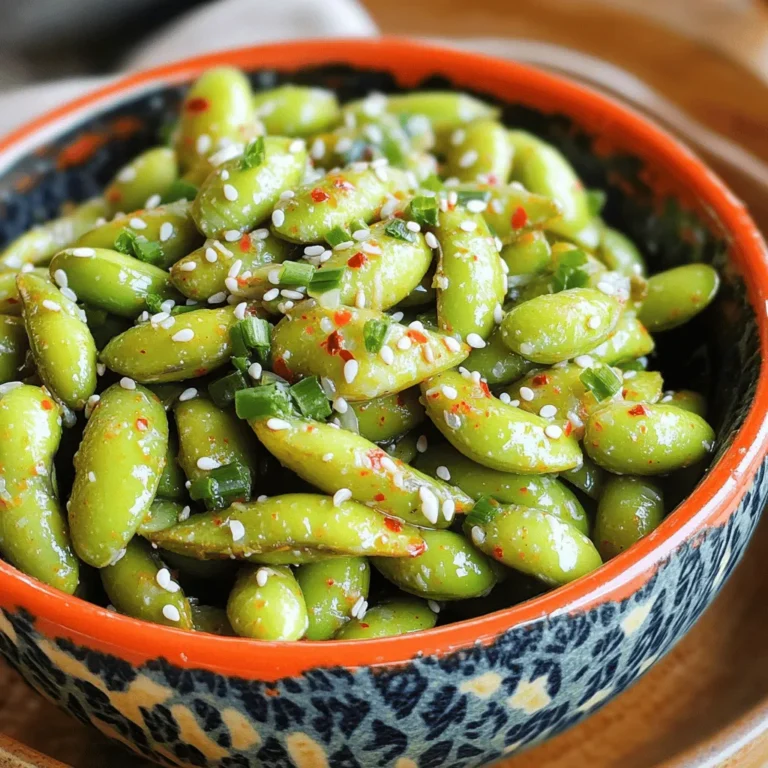 Here’s what you need for Air Fryer Spicy Garlic Edamame: - 2 cups frozen edamame (in pods) - 2 tablespoons olive oil - 4 cloves garlic, minced - 1 teaspoon red pepper flakes (adjust to taste) - 1 tablespoon soy sauce - 1 teaspoon sesame oil - Salt, to taste - Chopped green onions, for garnish - Sesame seeds, for garnish These ingredients work together to create a tasty snack. The edamame provides a nice texture and protein. Garlic adds a strong flavor that pairs well with the spice from red pepper flakes. Olive oil helps everything cook evenly while contributing healthy fats. The soy sauce and sesame oil add depth and richness to the dish. I love to sprinkle chopped green onions and sesame seeds on top. They not only add color but also extra flavor. This mix of ingredients makes for a snack that is hard to resist! Set your air fryer to 380°F. Preheating is key for even cooking. Without this step, the edamame may cook unevenly. In a large bowl, mix the frozen edamame with olive oil, minced garlic, red pepper flakes, soy sauce, sesame oil, and a pinch of salt. Stir well to ensure each pod gets a good coat of flavor. This step is important for a tasty snack. Place the edamame in the air fryer basket. Make sure the pods are in a single layer. This helps them cook evenly. Cook for 10-12 minutes. Halfway through, shake the basket to mix them up. Check the edamame for your desired doneness. They should be tender and slightly crispy. Enjoy your spicy snack! To tell if your edamame is done, look for a bright green color. The pods should feel tender but not mushy. A little shake of the basket halfway through helps. This ensures even cooking. If you want more heat, add more red pepper flakes. Start with one teaspoon, then taste. You can always add more, but you can't take it out! You can boost the flavor with other seasonings. Try adding a little lime juice for zest. You might also enjoy a dash of smoked paprika for depth. If you want to mix it up, swap the soy sauce for tamari. This makes it gluten-free. Or, try a tangy chili sauce for a different twist. Serve this dish hot for the best taste. You can use a nice bowl and sprinkle the green onions and sesame seeds on top. It looks great and tastes even better! Pair it with a cold drink, like iced tea or a light beer. If you're feeling snacky, serve it with some crunchy veggie sticks! {{image_2}} To change the flavor of your edamame, try adding lime juice or ginger. Lime juice gives a bright, zesty kick. Ginger adds a warm, spicy touch. You can also mix in other vegetables like bell peppers or carrots. If you want protein, consider adding cooked shrimp or chicken. These additions make the dish more filling and tasty. If you need a gluten-free option, use tamari instead of soy sauce. Tamari tastes similar but lacks gluten. For vegan needs, ensure all sauces are plant-based. You can easily make this dish fit many diets without losing flavor. Edamame can be a great snack or a fun appetizer. Serve it in a bowl with chopsticks for an authentic touch. You can also add it to rice bowls or salads for a healthy meal addition. For a creative look, sprinkle extra sesame seeds and green onions on top. This makes your dish pop with color! To store your leftover spicy garlic edamame, let it cool first. This step helps prevent moisture buildup. Place the edamame in an airtight container. Glass or plastic containers work well. You can also use a resealable bag. Make sure to press out as much air as possible before sealing. Store it in the refrigerator for up to three days. For the best reheating, use the air fryer. Preheat the air fryer to 350°F (175°C). Place the edamame in the basket. Heat for about 5-7 minutes. Shake the basket halfway through. This method keeps the edamame crispy. If you're using a microwave, place the edamame in a microwave-safe bowl. Cover it with a damp paper towel. Heat in 30-second intervals until warm. Both methods work, but the air fryer gives better results. To freeze leftovers, first let them cool completely. Spread the edamame in a single layer on a baking sheet. Freeze for about an hour, then transfer it to a freezer-safe bag. This method keeps them from sticking together. You can store them for up to three months. When ready to eat, thaw the edamame in the fridge overnight. Reheat it in the air fryer or microwave for the best taste and texture. Yes, you can use fresh edamame! First, steam or boil the fresh pods. Cook them for about 5-7 minutes until tender. Then, follow the same steps in the recipe for mixing and air frying. Fresh edamame has a nice flavor and texture. It may cook faster, so keep an eye on them. If you need a soy sauce substitute, try tamari or coconut aminos. These work well for gluten-free diets. You can also use liquid aminos for a similar taste. If you want a sweeter option, consider using teriyaki sauce. Adjust the amount based on your taste. To reduce spice, cut back on red pepper flakes. Start with half a teaspoon instead of one. You can also add a bit of honey or sugar. This balances the heat and adds sweetness. For a milder flavor, skip the red pepper flakes altogether. Your edamame will still be tasty and enjoyable! In this blog post, we explored how to make tasty air-fried edamame. You learned the key ingredients, step-by-step instructions, and helpful tips for success. We also discussed ways to add flavor and variations to suit your taste. Finally, proper storage and reheating methods will keep your leftovers fresh. This dish is easy, fun, and great for any occasion. Enjoy making it your own and happy cooking!