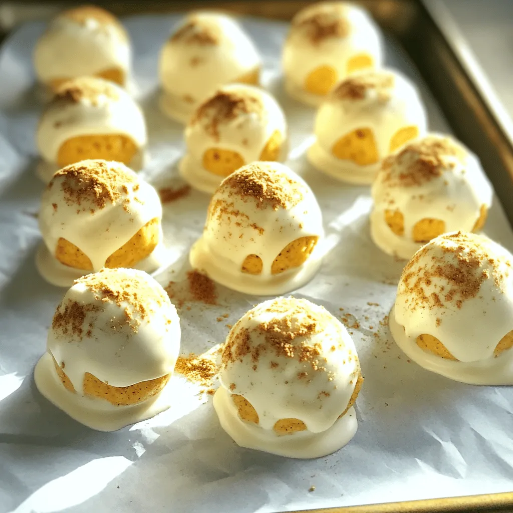 - 1 cup cream cheese, softened - 1/2 cup pumpkin puree - 1/4 cup powdered sugar - 1 teaspoon vanilla extract - 1 teaspoon ground cinnamon - 1/4 teaspoon nutmeg - 1/4 teaspoon ginger powder - 1 cup graham cracker crumbs - 1/2 cup white chocolate chips, melted - Pinch of salt - Extra graham cracker crumbs for rolling To make No-Bake Pumpkin Cheesecake Balls, you need a few key ingredients. Start with cream cheese, which gives a rich and smooth base. Next, add pumpkin puree for that lovely fall flavor and a touch of sweetness with powdered sugar. For flavor, I like to add vanilla extract. It blends well with the pumpkin. Ground spices like cinnamon, nutmeg, and ginger bring warmth and depth to the mix. These spices create that cozy, autumn vibe we all love. When it comes to coating, graham cracker crumbs add a delicious crunch. Melted white chocolate gives a sweet and creamy finish. A pinch of salt balances the flavors perfectly. Lastly, keep some extra graham crumbs on hand for rolling the balls. These ingredients combine to create a tasty treat that's easy to make. They are perfect for gatherings or a sweet snack at home. To start, take a large mixing bowl. Beat the cream cheese until it is smooth. This step is key for a creamy texture. Next, add the pumpkin puree along with the powdered sugar. Pour in the vanilla extract, ground cinnamon, nutmeg, ginger powder, and a pinch of salt. Mix everything well until it is smooth and combined. Now, gradually fold in the graham cracker crumbs. This will help the mixture hold together. You want it thick and easy to shape. Once your mixture is ready, cover the bowl with plastic wrap. Place it in the refrigerator for about 30 minutes. Chilling makes it easier to handle. It helps the mixture firm up, so you can form nice balls. After chilling, it’s time to shape the mixture. Use your hands to scoop out small portions. Roll them into bite-sized balls. Next, melt the white chocolate chips in a bowl. You can use a microwave or a double boiler for this step. Dip each pumpkin cheesecake ball into the melted white chocolate. Let the excess chocolate drip off. Then, roll the chocolate-coated balls in extra graham cracker crumbs. This adds a nice crunch. Finally, place the coated balls on a tray lined with parchment paper. Refrigerate them for another 30 minutes to set. Enjoy your delightful no-bake treat! To make your no-bake pumpkin cheesecake balls perfect, start with softened cream cheese. Soft cream cheese blends well with other ingredients, giving you a smooth mix. If the cream cheese is cold, it won’t mix well and may leave lumps. Chilling the mixture is key. After mixing, cover the bowl and place it in the fridge for about 30 minutes. This makes it easier to roll into balls. If you skip this step, the mixture can be too sticky and hard to shape. Want to boost the flavor? You can add more spice! Try adding an extra pinch of cinnamon or a bit of allspice. These spices enhance the autumn flavor. If you prefer less sugar, consider using alternative sweeteners. Stevia or monk fruit can work well in this recipe. Just remember to adjust the amount based on the sweetness level you like. Presentation is fun and easy! You can serve these cheesecake balls on a platter with fresh fruit. Apples or pears add color and taste. For toppings, consider drizzling caramel sauce or melted chocolate. These add a nice touch and make your treat look fancy. You can also sprinkle extra graham cracker crumbs on top for extra crunch. This makes your balls not just tasty, but beautiful too! {{image_2}} You can make your no-bake pumpkin cheesecake balls even more fun. Try adding chocolate or caramel for a sweet twist. Just melt some chocolate chips and mix them in. You can also drizzle caramel on top for added flavor. Using different nuts or toppings can change the taste too. Chopped pecans or walnuts add a nice crunch. You could even roll the balls in crushed candy or sprinkles for a festive look. If you need to make these treats gluten-free, use gluten-free graham cracker crumbs. Most stores offer these options now. You can also use crushed nuts or oats as a base. For vegan alternatives, swap cream cheese for a plant-based cream cheese. Use maple syrup instead of powdered sugar. This way, everyone can enjoy these tasty bites. You can easily scale this recipe up or down. If you need more, just double the amounts. For fewer treats, cut the recipe in half. Mini versions are great for bite-sized fun. Roll the mixture into smaller balls for a perfect snack. This makes them easy to serve and share at parties. To keep your no-bake pumpkin cheesecake balls fresh, store them in the fridge. Place them in an airtight container. This keeps them moist and safe from other odors. Make sure the lid is tight. You can stack them gently to save space. These pumpkin cheesecake balls stay fresh for about five days in the fridge. After that, they may lose flavor and texture. Watch out for signs of spoilage. If you see mold or a strange smell, throw them away. It's better to be safe than sorry. You can freeze these delicious treats for longer storage. To freeze, place the balls on a tray and put them in the freezer. Once they are solid, transfer them to an airtight container or a freezer bag. They can last up to three months in the freezer. When you want to enjoy them, thaw them in the fridge overnight. This keeps their texture nice and creamy. Yes, you can make these ahead of time. I suggest preparing them and storing them in the fridge. Place the balls in an airtight container. They can stay fresh for about a week. If you want, you can also freeze them for longer storage. Just remember to thaw them in the fridge overnight before serving. If you need a substitute for cream cheese, try using Greek yogurt. It adds a nice tang and is lower in fat. For a vegan option, use cashew cream or a dairy-free cream cheese. These options work well and keep the flavor rich. To make these treats more festive, try adding festive sprinkles on top. You can also dip them in colored chocolate for the holidays. For a pumpkin spice twist, mix in some chopped nuts or dried cranberries. These small changes add a fun touch for celebrations! In this blog post, we explored how to make delicious no-bake pumpkin cheesecake balls. We covered key ingredients like cream cheese, pumpkin puree, and tasty spices. The step-by-step guide showed how to mix, chill, and coat your treats. We also shared tips for the best texture and fun variations to try. Remember, you can make these balls your own with different flavors or diets. Enjoy creating this sweet treat and sharing it with friends or family!