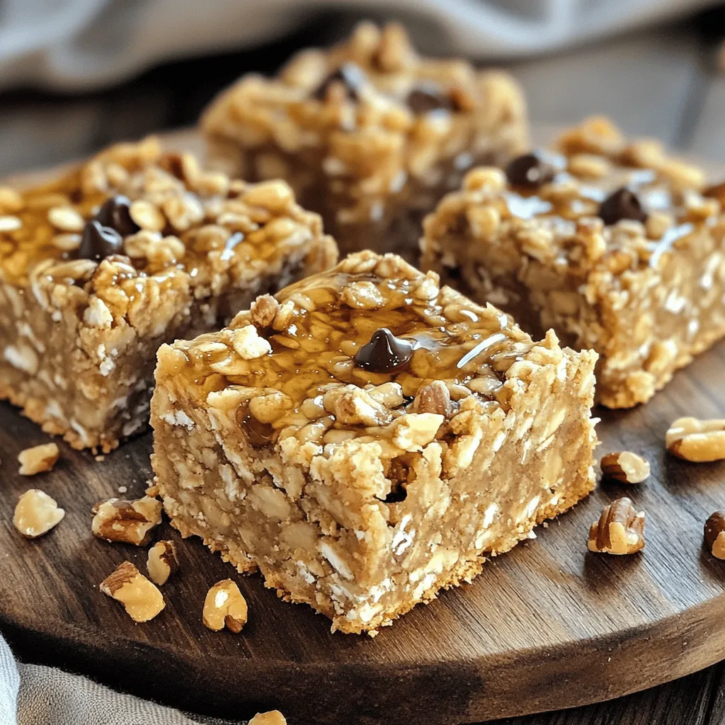- 2 cups rolled oats - 1/2 cup almond butter (or peanut butter) - 1/3 cup honey or maple syrup These main ingredients form the heart of your no-bake oatmeal bars. Rolled oats provide a chewy texture and a good dose of fiber. Almond butter or peanut butter adds protein and a rich flavor. Honey or maple syrup sweetens the bars naturally. You can mix and match these to find your favorite taste. - 1/2 cup chopped nuts (e.g., almonds, walnuts) - 1/4 cup mini chocolate chips (or dried fruits) - 1/2 teaspoon cinnamon (optional) Adding optional ingredients can make your bars even better. Chopped nuts give a nice crunch and extra nutrients. Mini chocolate chips offer a sweet bite, while dried fruits add a chewy texture. A pinch of cinnamon enhances the flavor, giving the bars a warm, cozy taste. You can customize these bars to fit your own likes. First, grab a medium bowl. In it, combine these ingredients: - 2 cups rolled oats - 1/2 cup chopped nuts - 1/4 cup mini chocolate chips - 1/2 teaspoon cinnamon (if you like) Mix them well. This gives the bars a nice crunch and sweet bites. Next, take a small saucepan. On low heat, melt: - 1/2 cup almond butter (or peanut butter) - 1/3 cup honey Stir often. You want it smooth, not boiling. Once melted, take it off the heat. Stir in: - 1 teaspoon vanilla extract - 1/4 teaspoon salt This mix adds sweetness and depth to your bars. Now, pour the wet mixture over the dry mix. Stir until every bit of oat is coated. Line a 9x9 inch baking dish with parchment paper. Leave some paper hanging over the sides. This helps with easy removal. Pour the combined mix into the dish. Press it down firmly to make an even layer. You can use another piece of parchment paper to help with this. Put the dish in the fridge. Let it chill for at least 2 hours. This helps the bars set. Once firm, lift the bars out using the parchment. Cut them into squares or rectangles. Store the bars in an airtight container in the fridge. They stay fresh for up to a week. Enjoy your tasty no-bake oatmeal bars! To get the right texture for your no-bake oatmeal bars, press the mixture firmly. This step helps the bars hold together. If you don’t press hard enough, they may crumble. Use a flat object to push down the mixture evenly. This ensures a solid base for each bar. Also, line your baking dish with parchment paper. It makes it easy to lift the bars out when they are set. The overhang on the sides helps a lot. You can make these bars your own by adding flavors. Consider mixing in dried fruits like raisins or cranberries. Seeds like pumpkin or sunflower can also add a nice crunch. If you want a warm taste, sprinkle in some spices, like nutmeg or ginger. Adjust the sweetness too. If you like it sweeter, add a bit more honey or maple syrup. For less sweetness, cut back on these ingredients. When ready to serve, arrange the bars on a pretty platter. This makes them look nice for guests. Drizzle some extra honey on top just before serving. This adds a touch of sweetness and shine. You can also garnish with chopped nuts for added flavor and crunch. These simple touches will impress anyone who tries them. {{image_2}} You can make these bars vegan by swapping honey for maple syrup. Maple syrup gives a sweet touch without using animal products. For the nut butter, try using almond or cashew butter. These options are plant-based and add great flavor and protein. This way, everyone can enjoy a tasty treat! To keep these bars gluten-free, use certified gluten-free oats. This ensures no gluten sneaks in. For extra crunch, mix in your favorite nuts and seeds. Sunflower seeds and pumpkin seeds are great choices. They add texture and nutrients, making your bars even better. Mixing flavors can make your bars unique. For a chocolatey twist, blend almond butter with dark chocolate. This classic pairing is a crowd-pleaser. You can also try adding fruits like dried cranberries or banana chips. These options will add natural sweetness and keep things fresh. Feel free to get creative with your flavor choices! To keep your no-bake oatmeal bars fresh, store them in an airtight container. This keeps moisture out and helps maintain their yummy taste. I recommend placing the container in the fridge. This way, the bars stay firm and ready to eat. These bars can last for up to a week in the fridge. After that, they may lose their flavor and texture. Signs that the bars have gone bad include a strange smell or a change in color. If you notice these signs, it's best to toss them out. For longer storage, you can freeze the bars. Wrap each bar in plastic wrap and place them in a freezer bag. This method helps keep them fresh for up to three months. When you want to enjoy them, simply take out a bar and let it thaw in the fridge overnight. This helps keep their texture nice and smooth. Quick oats cook faster than rolled oats. They have a finer texture. If you use quick oats, the bars may be softer. Rolled oats give a chewier, heartier bite. For best results, stick with rolled oats in this recipe. Almond butter offers a light, nutty flavor. It’s smooth and creamy. Peanut butter is rich and classic, giving a familiar taste. Both are good for nutrition. Almond butter has more vitamins, while peanut butter has more protein. Choose based on your flavor preference or dietary needs. Yes, you can adjust the sweetness. Use less honey or maple syrup for less sweet bars. You can also add dried fruits for natural sweetness. Taste the mixture before pressing it into the pan to find your perfect level of sweetness. To avoid crumbly bars, press the mixture firmly into the dish. Use parchment paper to help. Make sure the nut butter and sweetener bind well with the oats. If they seem dry, add a bit more nut butter or sweetener. Chilling them properly helps them set too. You learned how to make delicious and healthy oat bars. We covered key ingredients, like rolled oats and nut butters. The steps were easy: mix, combine, press, and set. You can vary textures and flavors to suit your taste. Remember, storing them right keeps them fresh longer. I hope you feel excited to try making these bars at home. You can customize them to fit your needs and cravings. Enjoy your creations and share them with others!
