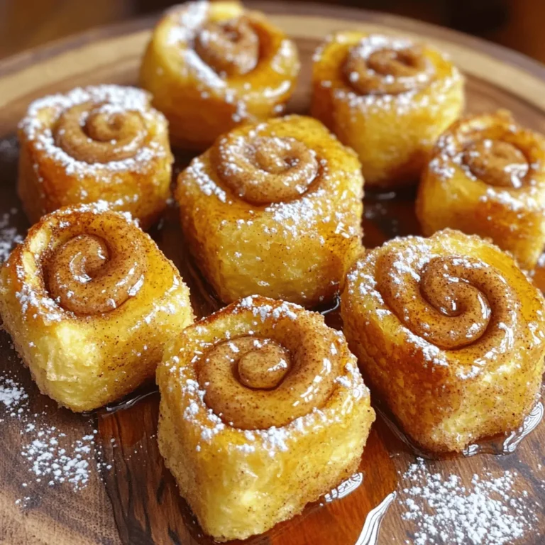To make these tasty bites, you need a few basic ingredients: - 1 can of refrigerated cinnamon rolls (8 rolls) - 3 large eggs - 1/2 cup milk - 1 teaspoon vanilla extract - 1 teaspoon ground cinnamon - 1/4 teaspoon nutmeg - 1 tablespoon sugar - 2 tablespoons butter (for frying) - Maple syrup (for serving) - Powdered sugar (for dusting) These ingredients come together to create a warm, gooey treat that everyone will love. You can add your own twist to these cinnamon roll bites. Consider these options: - Chopped nuts for crunch - Fresh fruit, like berries or bananas - A sprinkle of chocolate chips for sweetness - Cream cheese icing drizzled on top Mixing in these extras makes the dish more fun and personal. If you need to swap out some ingredients, here are a few ideas: - Instead of milk, you can use almond milk or oat milk. - If you do not have eggs, you can use 1/4 cup of applesauce. - For a dairy-free option, use vegan butter instead of regular butter. These substitutes keep your dish just as tasty while fitting your needs. 1. Start by preheating your skillet or griddle over medium heat. 2. Open the can of cinnamon rolls and separate them. Cut each roll into quarters and set them aside. 3. In a mixing bowl, whisk together the eggs, milk, vanilla extract, ground cinnamon, nutmeg, and sugar until well mixed. 4. Dip each quarter of cinnamon roll in the egg mix, making sure they are fully coated. Let any extra drip off. 5. Melt the butter in your preheated skillet. Once it bubbles, place the cinnamon roll bites in the skillet in one layer. You may need to cook in batches. 6. Cook each side for about 2-3 minutes until golden brown and slightly crispy. 7. Take the cooked bites from the skillet and keep them warm while you finish the rest. 8. Once all the bites are cooked, serve them warm. Drizzle with maple syrup and dust with powdered sugar for extra sweetness. Enjoy this delightful treat with family or friends! To make the best Cinnamon Roll French Toast Bites, start with fresh rolls. Use a can of refrigerated cinnamon rolls for ease. Cut them into quarters for bite-sized pieces. Make sure you whisk the egg mixture well. This helps each piece soak up flavor. Don’t rush the frying process. Cook them until they are golden and crispy. Turn them gently to avoid breaking. Add a pinch of salt to the egg mixture. This brings out the sweetness and spice. Try using flavored milk, like almond or oat, for a twist. You can also mix in a little orange zest for a fresh taste. A touch of vanilla bean paste instead of extract can elevate the flavor. For a spicy kick, add a bit more nutmeg or even a dash of cayenne. Serve these bites warm for the best experience. Drizzle with maple syrup right before serving. A light dusting of powdered sugar adds a nice touch. You can pair them with fresh fruit like strawberries or bananas. For a fun twist, serve with whipped cream. Make a dipping station with syrup and fruit for guests to enjoy. {{image_2}} You can mix flavors for fun twists! Try adding chocolate chips to the cinnamon rolls. You can also use flavored syrups, like caramel or hazelnut. Another idea is to sprinkle in some nuts, like pecans or walnuts, for crunch. You might like to use pumpkin spice instead of cinnamon in the egg mix, too. Each change makes a new taste that everyone will enjoy. Want to make these bites gluten-free? Use gluten-free cinnamon rolls. They taste just as good! For a dairy-free option, swap regular milk for almond or oat milk. You can use plant-based butter for frying. This way, everyone can enjoy the treat, no matter their dietary needs. Serve these bites in fun ways! You can stack them high on a plate. Drizzle different syrups on top for a tasty look. Add fresh fruit like strawberries or bananas for color. For a fun touch, use toothpicks to make them easy to grab. This makes them great for brunch or parties. To store leftover Cinnamon Roll French Toast Bites, let them cool first. Then, place them in an airtight container. This keeps them fresh and tasty for up to three days. Make sure to layer them with parchment paper to avoid sticking. When you want to enjoy your leftovers, reheat them in a skillet. Heat the skillet over medium heat and add a little butter. Place the bites on the skillet and cook for about 2-3 minutes on each side. This method gives them a nice crispy texture again. You can freeze these bites for later. Place cooled bites in a freezer-safe bag or container. They stay good for about one month. To thaw, just move them to the fridge overnight. Then, reheat as mentioned above. Enjoy your sweet treat anytime! Yes, you can use homemade cinnamon rolls. Just make sure they are similar in size. Homemade rolls will add a fresh touch. They might also change the cooking time. Keep an eye on them as they cook. You can prep the bites earlier in the day. Cut the cinnamon rolls and mix the egg mixture. Store both separately in the fridge. When you are ready, dip and cook them. This saves time for busy mornings or brunches. These bites go well with maple syrup. You can also add fresh berries or whipped cream. For a twist, try serving with flavored yogurt. A sprinkle of nuts can add some crunch too. Look for a golden brown color on both sides. The bites should feel firm but soft inside. You can also use a toothpick to check. If it comes out clean, they are ready to serve. Cinnamon Roll French Toast Bites combine warm cinnamon flavor with soft bread. We discussed key ingredients and how to customize them to your taste. The step-by-step instructions ensure a smooth cooking process. I shared tips for perfect bites and fun variations to suit your needs. Storage info even helps keep leftovers fresh. In summary, these bites are easy, tasty, and are sure to impress. Enjoy experimenting with different flavors and enjoy every bite!