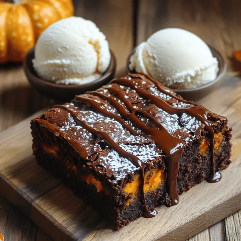 The ingredients for fudgy pumpkin brownies are simple and easy to find. Here’s what you need: - 1 cup pumpkin puree (canned or fresh) - 1/2 cup unsweetened cocoa powder - 1/2 cup all-purpose flour - 1 cup granulated sugar - 1/4 cup brown sugar, packed - 1/2 cup unsalted butter, melted - 2 large eggs - 1 teaspoon vanilla extract - 1/2 teaspoon baking powder - 1/2 teaspoon pumpkin pie spice (or a mix of cinnamon, nutmeg, and ginger) - 1/4 teaspoon salt - 1/2 cup chocolate chips (optional, for extra fudginess) Each ingredient plays a key role in creating rich and delicious brownies. Pumpkin puree adds moisture and a lovely flavor. It makes the brownies soft and fudgy. Cocoa powder gives the brownies a deep chocolate taste. It pairs well with pumpkin. All-purpose flour helps bind everything together. It gives structure to each brownie. Granulated sugar and brown sugar provide sweetness and enhance the chewy texture. Unsalted butter adds richness. It also helps the brownies bake evenly. Eggs help the batter rise. They create a nice, fluffy texture. Vanilla extract gives a warm flavor that complements the chocolate. Baking powder acts as a leavening agent. It makes the brownies light and airy. Pumpkin pie spice brings in warmth. It adds a hint of spice to the brownies. Salt balances the sweetness. It enhances all the flavors in the recipe. Chocolate chips are optional but highly recommended. They add extra fudginess and richness. Gather these items to make your fudgy pumpkin brownies. Enjoy the process of baking and the delightful aroma that fills your kitchen! 1. Preheat your oven and prepare the baking pan. Start by setting your oven to 350°F (175°C). This is the perfect temp for fudgy brownies. Next, get a 9x9-inch baking pan. Grease it lightly and line it with parchment paper. Let some paper hang over the sides. This makes it easy to lift out the brownies later. 2. Mixing wet ingredients together. In a large mixing bowl, combine the melted butter, granulated sugar, and brown sugar. Whisk them together until you see a smooth mixture. This step is key for a fudgy texture. 3. Combining dry ingredients. In another bowl, sift together the cocoa powder, flour, baking powder, pumpkin pie spice, and salt. The sifting helps the dry ingredients mix well and keeps the brownies light. 4. Folding dry into wet ingredients. Gradually fold the dry mix into the bowl with the wet ingredients. Mix until just combined. Be careful not to overmix, or your brownies may turn out cakey. If you love chocolate, gently fold in the chocolate chips at this stage. 5. Pouring batter into the baking pan. Pour the brownie batter into your prepared pan. Use a spatula to spread it evenly. This helps the brownies bake evenly. 6. Baking and checking for doneness. Place the pan in the preheated oven. Bake for 25 to 30 minutes. To check if they are done, insert a toothpick into the center. It should come out with a few moist crumbs. This means your fudgy brownies are ready! Follow these steps closely, and you’ll have delicious fudgy pumpkin brownies in no time! To keep your brownies fudgy, don’t overbake them. Bake until a toothpick shows a few moist crumbs. Use a 9x9-inch pan for even baking. A darker pan may cook faster than a lighter one. Avoid overmixing your batter. Mix just until the dry and wet ingredients blend. This keeps the brownies dense and fudgy. If you see streaks of flour, stop mixing. Always choose high-quality chocolate. A rich chocolate adds depth to your brownies. I recommend using semi-sweet or dark chocolate chips. Ensure your pumpkin puree is fresh. Canned puree works well, but homemade gives a brighter flavor. Look for pure pumpkin, not pumpkin pie filling. Use room temperature eggs for better mixing. Cold eggs can cause lumps in the batter. Take them out of the fridge about 30 minutes before mixing. {{image_2}} You can change the flavor of your fudgy pumpkin brownies easily. Here are some fun ideas: - Adding nuts or different types of chocolate chips: Nuts like walnuts or pecans add crunch. You can also try dark chocolate or white chocolate chips for a twist. - Incorporating spices like cinnamon or cloves: If you love spice, add more cinnamon or a pinch of cloves. This will boost the warm flavors. - Swapping for gluten-free flour options: Use gluten-free flour blends to make these brownies safe for gluten-free eaters. They will still taste great! How you serve your brownies can change the experience. Here are some tasty ideas: - Pairing with ice cream or whipped cream: A scoop of vanilla ice cream or a dollop of whipped cream on top makes it extra special. The cold cream contrasts with the warm brownie. - Adding a chocolate ganache drizzle: A simple chocolate ganache drizzle adds glam. Just melt chocolate with cream and pour it over the brownies. - Serving warm vs. cooled: Warm brownies are soft and gooey. If you wait for them to cool, they will be more set and easier to cut. Store your fudgy pumpkin brownies at room temperature. Place them in an airtight container. This keeps them fresh for up to three days. If you want them to last longer, keep them in a cool, dry place. Avoid exposing them to heat or sunlight. For long-term storage, you can freeze the brownies. Wrap each brownie in plastic wrap and then place them in a freezer bag. They stay good for up to three months. When you want to eat them, just remove them from the freezer. Let them thaw at room temperature for about an hour. You can also reheat them in the oven at 350°F for about 10 minutes. This makes them warm and gooey again, just like fresh out of the oven. How can I tell when my brownies are done? You can check if your brownies are done by inserting a toothpick into the center. If it comes out with a few moist crumbs, your brownies are ready. If it has wet batter, bake them a little longer. Can I use fresh pumpkin instead of canned? Yes, you can use fresh pumpkin. Just make sure to cook and puree it well. It should be smooth and not too watery. Canned pumpkin works well too, for a quick option. What can I substitute for eggs in this recipe? You can replace each egg with 1/4 cup unsweetened applesauce or 1/4 cup mashed banana. These options keep the brownies moist and add a bit of natural sweetness. Why are my brownies cakey instead of fudgy? Cakey brownies can happen if you overmix the batter or add too much flour. Be gentle when folding in the dry ingredients, and measure your flour carefully. What should I do if my brownies are too sweet? If your brownies are too sweet, try adding a pinch of salt or serving them with a side of unsweetened whipped cream. This can help balance the sweetness. Can I make these brownies dairy-free? Yes, you can make these brownies dairy-free. Use a dairy-free butter substitute or coconut oil instead of unsalted butter. For chocolate chips, choose dairy-free options. This blog covered all you need to bake the perfect pumpkin brownies. You learned about key ingredients like pumpkin puree and cocoa powder. I explained step-by-step how to prepare and bake your brownies. You also picked up tips for making them fudgy and flavorful. With different variations and serving ideas, you can make this treat your own. Store them properly for the best taste. Enjoy your baking adventure and savor each delicious bite!