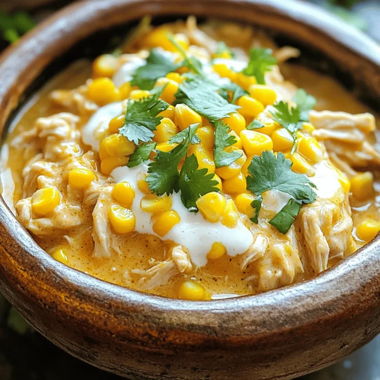 To make Slow Cooker Street Corn Chicken, you need the following: - 2 lbs boneless, skinless chicken thighs - 1 cup frozen corn kernels - 1 cup cream cheese - 1 cup shredded cheddar cheese - 1/2 cup sour cream - 1/4 cup mayonnaise - 2 tablespoons lime juice - 1 tablespoon chili powder - 1 teaspoon garlic powder - 1 teaspoon onion powder - 1/2 teaspoon smoked paprika - Salt and pepper, to taste Each ingredient plays a key role in crafting that creamy, tangy flavor you’ll love. The chicken thighs provide a tender base, while the corn adds sweetness. The cream cheese and sour cream create a rich sauce that wraps around every bite. To take your dish to the next level, consider these optional ingredients: - Fresh cilantro, chopped (for garnish) - Jalapeños, diced (for heat) - Lime zest (for extra zing) Adding fresh cilantro gives a fresh taste and bright color. If you like heat, jalapeños can spice things up. Lime zest enhances the citrus flavor and adds depth. Choosing the best ingredients makes a big difference: - Chicken: Look for thighs that are pink and moist. Avoid any that look dull or have dark spots. - Corn: Frozen corn should be bright yellow and not clumped together. This ensures freshness. - Dairy: Choose cream cheese and sour cream with a good expiration date. This guarantees creaminess in your dish. Always check the labels for quality. Fresh ingredients lead to a tastier meal, and they help you feel good about what you eat. To start, grab your slow cooker. Place the boneless, skinless chicken thighs at the bottom. This will be the base of our dish. Season the chicken with salt, pepper, chili powder, garlic powder, onion powder, and smoked paprika. This mix adds great flavor. Make sure you cover the chicken well with the spices. Next, add the frozen corn kernels right on top of the chicken. The corn adds sweetness and texture. Now, let’s make the creamy mixture. In a bowl, mix the cream cheese, sour cream, mayonnaise, and lime juice. Stir it well until everything blends smoothly. Pour this creamy mix over the corn and chicken. Spread it evenly with a spatula for better cooking. Cover the slow cooker with its lid. Cook on low for 6-8 hours or high for 3-4 hours. The chicken should be fully cooked and tender when done. After cooking, use two forks to shred the chicken right in the pot. Stir it into the creamy corn mix. This makes the dish rich and flavorful. Finally, add shredded cheddar cheese. Let it melt in for a delicious finish. Taste the dish and adjust the seasoning as needed. Garnish with fresh cilantro before serving. For the best flavor, use fresh spices. Fresh chili powder adds a kick. Mix it well with garlic and onion powder for depth. The smoked paprika gives a warm, rich taste. Don’t skip the lime juice; it brightens the dish and balances the creaminess. I love adding a sprinkle of fresh cilantro at the end. It lifts the flavors and adds a fresh twist. You can control the heat in this dish. If you like it mild, use less chili powder. For more heat, add jalapeños or extra chili powder. You can also serve hot sauce on the side for those who want more spice. Always taste as you go. Adjust the heat to fit your family's needs. Shredding the chicken is easy if you follow a few steps. After cooking, let the chicken rest for a few minutes. Use two forks to pull apart the chicken right in the slow cooker. This keeps all the flavors together. Make sure to mix it well with the creamy corn sauce. This creates a delicious blend of textures and flavors. {{image_2}} To kick up the heat, you can add jalapeños. Dice up a few fresh jalapeños and toss them in before cooking. This adds a nice, spicy kick to the dish. If you like it hotter, add more jalapeños. For less heat, remove the seeds before adding. If you want a meatless version, swap chicken for hearty veggies. You can use mushrooms or cauliflower as great substitutes. These ingredients soak up the flavors well. Add extra corn or black beans for protein. You can also use a plant-based cream cheese and sour cream. Need to make swaps? No problem! You can use Greek yogurt instead of sour cream. This keeps the creaminess while adding protein. If you have dairy issues, use almond or coconut cream. For a low-carb option, skip the corn and use zucchini. Just adjust the cooking time for different ingredients. After enjoying your Slow Cooker Street Corn Chicken, store leftovers in an airtight container. This keeps the taste fresh. Let the dish cool down before sealing it up. It can last in the fridge for up to four days. Make sure to label the container with the date, so you know when it’s best to eat. When it’s time to enjoy your leftovers, reheat them gently. You can use the microwave or a stovetop. If using a microwave, place it in a safe dish and cover it with a paper towel. Heat in short bursts, stirring in between. This helps keep the creamy texture. If using a stovetop, warm it on low heat. Stir often to avoid sticking and ensure even warming. To freeze your Slow Cooker Street Corn Chicken, let it cool completely first. Transfer it to a freezer-safe container. Seal it tightly to prevent freezer burn. It can last for up to three months in the freezer. When you’re ready to eat it, thaw it in the fridge overnight. Then, reheat it using the methods above for the best flavor. Yes, you can use chicken breasts. They will cook well in this dish. Chicken breasts may be a bit drier than thighs. To keep them juicy, watch the cooking time closely. You want them tender and moist. This dish stays good for about three to four days in the fridge. Store it in an airtight container to keep it fresh. Before eating, check for any off smells or changes in color. Yes, you can prep this dish a day ahead. Simply layer the ingredients in your slow cooker. Cover and store in the fridge. When you’re ready, just cook it as directed. This saves time on busy days. There are many tasty sides to serve with this dish. Try these options: - Rice or quinoa for extra carbs - Tortillas for a fun wrap - A fresh salad for crunch - Grilled veggies for a healthy touch In this post, we explored a simple recipe for Slow Cooker Street Corn Chicken. We covered required and optional ingredients, plus tips for selecting fresh items. You learned about cooking steps for great texture and ways to adjust flavors to your taste. Remember, you can make this dish spicy or adapt it for a vegetarian option. Storing leftovers properly ensures nothing goes to waste. With these tips, you're ready to impress with your cooking. Enjoy every bite!
