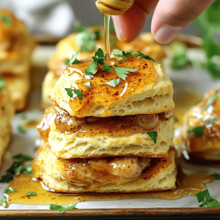 - 2 cups all-purpose flour - 1 tablespoon baking powder - 1 teaspoon salt - ½ teaspoon baking soda - ½ cup unsalted butter, cold and cubed - ¾ cup buttermilk - 1 lb boneless, skinless chicken thighs - 1 teaspoon garlic powder - 1 teaspoon paprika - 1 teaspoon black pepper - ½ cup hot honey (store-bought or homemade) - Fresh parsley, chopped for garnish To create the best hot honey chicken biscuits, we start with a solid base. The flour, baking powder, and baking soda are key for fluffy biscuits. The cold butter adds flakiness, while buttermilk gives a rich flavor. Chicken thighs, seasoned with garlic powder, paprika, and black pepper, provide depth. Hot honey is the star, bringing sweet heat, and fresh parsley adds a bright finish. - Mixing bowls - Baking sheets - Skillets - Cutting tools You’ll need a few kitchen tools for this dish. Mixing bowls help combine dry and wet ingredients. Baking sheets ensure even cooking of the biscuits. A skillet is perfect for frying chicken, while cutting tools help shape biscuits. Having these tools ready makes cooking smooth and fun. - Homemade hot honey: mix honey with chili flakes or cayenne - Additional herbs: try thyme or chives for garnishing Feel free to customize your hot honey chicken biscuits. Making your hot honey adds a personal touch. Adding herbs like thyme or chives can enhance the flavor. Mix and match to find what you love! How to mix the dry ingredients Start by taking a large mixing bowl. Add 2 cups of all-purpose flour, 1 tablespoon of baking powder, 1 teaspoon of salt, and ½ teaspoon of baking soda. Whisk these ingredients together until they blend well. Incorporating butter and buttermilk Next, take ½ cup of cold, cubed unsalted butter. Add it to the flour mix. Use your fingers or a pastry cutter to mix until the mixture looks like coarse crumbs. Now, make a well in the center of the mixture. Pour in ¾ cup of buttermilk. Gently mix until just combined. Avoid overmixing, as this can make the biscuits tough. Techniques for kneading and cutting the dough Turn the dough out onto a lightly floured surface. Gently knead it a few times, just enough to bring it together. Pat the dough into a rectangle that is about 1 inch thick. Use a round cutter to cut out your biscuits. Place them on a baking sheet lined with parchment paper. Baking temperature and timing for perfect biscuits Preheat your oven to 450°F (230°C). Bake the biscuits for 12 to 15 minutes. They should turn golden brown. Once done, remove them from the oven and set them aside. Tips for seasoning and cooking chicken thighs effectively Take 1 pound of boneless, skinless chicken thighs. Season them with 1 teaspoon each of garlic powder, paprika, and black pepper. This adds great flavor. Ensuring the chicken is juicy and golden In a skillet over medium heat, add a drizzle of oil. Cook the chicken thighs for about 6 to 7 minutes on each side. You want them to be cooked through and golden brown. This method keeps the chicken juicy. Now you have perfectly cooked chicken and warm biscuits, ready to be paired together with hot honey! To get the best biscuit texture, start with cold butter. Cut it into small cubes. Use your fingers to mix it into the flour. You want it to look like coarse crumbs. This keeps the biscuits flaky and light. Avoid overmixing the dough. When you add buttermilk, stir gently. Mix just until combined. If you mix too much, your biscuits will be tough. Remember, less is more for fluffier biscuits! When cooking chicken, use boneless, skinless thighs. They stay juicy and cook evenly. Start by seasoning with garlic powder, paprika, and black pepper. This adds great flavor. Heat oil in a skillet over medium heat. Cook the chicken for about 6-7 minutes on each side. Look for a golden brown color. This shows it's cooked through and full of flavor. Hot honey makes this dish special. You can adjust sweetness by adding more or less honey. If you like heat, mix in a pinch of cayenne pepper. This extra kick will make your taste buds dance! Don't just use hot honey for these biscuits. Try drizzling it on pizza, fried chicken, or even cheese boards. It adds a sweet and spicy twist to many dishes. {{image_2}} You can spice up your hot honey chicken biscuits easily. To add heat, use cayenne pepper or hot sauce. Start with a pinch of cayenne in the hot honey. Taste it and add more if you want. If you're a fan of heat, try adding hot sauce directly to the chicken. This gives each bite a kick that balances the sweetness of the honey. To create sweet versions of this dish, you can swap out the hot honey. Try maple syrup or agave nectar for a different flavor. Infuse the honey with flavors like ginger or cinnamon for extra depth. These options add a unique twist while keeping the dish fun and tasty. If you need gluten-free biscuits, use almond flour or coconut flour. These options work well and keep the biscuits light. For a healthier choice, add oats or whole wheat flour. These alternatives give you a nutritious boost while keeping the taste you love. You can also try vegan butter to make the biscuits dairy-free. Each option allows you to enjoy hot honey chicken biscuits while fitting your dietary needs. To keep your hot honey chicken biscuits fresh, store them in an airtight container. Place the biscuits and chicken in separate layers. This helps avoid sogginess. Make sure they cool to room temperature first. Store them in the fridge for up to three days. If you want to keep them longer, freezing is a great option. To warm up your leftovers, use an oven for the best results. Preheat it to 350°F (175°C). Place the biscuits and chicken on a baking sheet. Heat them for about 10 minutes. This will help them regain their crispness. For a quicker option, you can use the microwave. Just cover them with a damp paper towel. Heat for about 30 seconds, checking to avoid overheating. To freeze biscuits and chicken, make sure they are cool. Wrap the biscuits in plastic wrap. Place them in a freezer-safe bag. For the chicken, wrap it in foil or put it in a container. They can stay in the freezer for up to three months. When ready to use, thaw them in the fridge overnight before reheating. This keeps them tasting fresh and delicious. Hot honey is a sweet and spicy blend of honey and chili peppers. It adds a kick to dishes. For hot honey chicken biscuits, it provides a great contrast to the savory chicken. You can use store-bought hot honey or make it at home by warming honey with chili flakes. This mix enhances flavors and makes every bite exciting. Yes, you can make the biscuits ahead of time. Prepare the biscuit dough and cut out the shapes. Place them on a baking sheet and freeze them. Once frozen, transfer them to a bag. You can bake them fresh later. Just add a few extra minutes to the baking time. This method keeps your biscuits soft and fluffy. You can serve hot honey chicken biscuits with various sides. Some great options include: - Crispy coleslaw - Roasted vegetables - Sweet potato fries Pairing with a beverage is also fun. Consider sweet tea or a light beer. These choices balance the flavors of the dish. Enjoying these sides makes your meal even better. Hot honey chicken biscuits combine flavor, texture, and fun. This recipe features fluffy biscuits and juicy chicken. You learned essential ingredients, techniques, and storage tips. You can customize with extra herbs or extra heat. Remember to use the right equipment and avoid overmixing for the best results. These biscuits are perfect for any meal or a fun snack. With hot honey, you can take this dish to new heights. Enjoy making it your own and share it with friends or family!