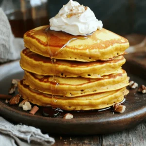 To make fluffy pumpkin spice pancakes, you need these items: - 1 cup all-purpose flour - 1 tablespoon baking powder - 1/2 teaspoon baking soda - 1/2 teaspoon salt - 1 teaspoon ground cinnamon - 1/2 teaspoon ground nutmeg - 1/4 teaspoon ground ginger - 1 cup pumpkin puree (not pumpkin pie filling) - 1/4 cup brown sugar - 1 large egg - 1 cup milk (or almond milk for a dairy-free option) - 2 tablespoons melted butter (or coconut oil for a dairy-free option) Each ingredient plays a role in creating soft, fluffy pancakes. The flour gives structure, while baking powder and baking soda help them rise. Pumpkin puree adds moisture and flavor, making them delightfully rich. When serving your pancakes, consider these tasty toppings: - Maple syrup - Whipped cream - Chopped nuts - Chocolate chips These toppings can enhance the flavor and texture of your pancakes. A drizzle of maple syrup adds sweetness, while whipped cream makes it feel special. Nuts or chocolate chips provide a fun crunch. You can easily adjust this recipe for different diets: - Use almond milk or oat milk for a dairy-free option. - Swap butter for coconut oil if you prefer a dairy-free fat. - For a gluten-free option, use a gluten-free flour blend. These substitutions allow everyone to enjoy fluffy pumpkin spice pancakes. Just keep in mind that texture may change slightly with different ingredients. Start with a large mixing bowl. Add 1 cup of all-purpose flour. Next, put in 1 tablespoon of baking powder. Then, add 1/2 teaspoon of baking soda and 1/2 teaspoon of salt. Now sprinkle in 1 teaspoon of ground cinnamon, 1/2 teaspoon of ground nutmeg, and 1/4 teaspoon of ground ginger. Use a whisk to mix everything well. This step is key for a fluffy texture. In another bowl, combine 1 cup of pumpkin puree with 1/4 cup of brown sugar. Crack in 1 large egg and pour in 1 cup of milk. You can use almond milk if you prefer. Finally, add 2 tablespoons of melted butter. Mix until smooth and creamy. This mixture brings in the pumpkin flavor and moisture. Now it’s time to cook! Preheat a non-stick skillet over medium heat. If needed, lightly grease it with butter or oil. Pour 1/4 cup of pancake batter onto the skillet for each pancake. Watch closely as bubbles form on the surface. This takes about 2-3 minutes. Flip the pancake and cook for another 2-3 minutes until golden brown. Keep the pancakes warm in a low oven while you finish the rest. Enjoy your fluffy pumpkin spice pancakes! To get the best texture, start with the right mix. Use all-purpose flour for fluffiness. When mixing, stir gently. Overmixing makes the pancakes tough. You want small lumps in the batter. This keeps them light and airy. Let the batter sit for a few minutes. This helps the baking powder work better. One big mistake is using pumpkin pie filling. Always use pure pumpkin puree. Another error is cooking on heat that's too high. This can burn the outside while leaving the inside raw. Flip the pancakes once bubbles form on the surface. If you wait too long, they might dry out. To keep pancakes warm, place them in a low oven. Set it to about 200°F (93°C). Stack the pancakes on a plate. Cover them with foil to keep in heat. This way, they stay warm and soft until you serve them. You can also warm them in the microwave. Just heat for a few seconds on low power. {{image_2}} Want to make your pancakes even sweeter? Add chocolate chips! Just sprinkle about half a cup of chocolate chips into the batter. This will give your pancakes a rich, sweet flavor. The chocolate melts as the pancakes cook. You get a yummy surprise with each bite. Serve these with maple syrup for a delightful treat. You can easily make these pancakes vegan. Replace the egg with one tablespoon of ground flaxseed mixed with three tablespoons of water. Let it sit for a few minutes to thicken. Use almond milk instead of regular milk. Swap out the butter for coconut oil or a plant-based blend. These changes keep the flavor while making it plant-based. If you need gluten-free pancakes, use a gluten-free flour blend. This works well in place of all-purpose flour. Make sure your baking powder is also gluten-free. The rest of the recipe stays the same. These pancakes still taste fluffy and delicious. Enjoy them without worry about gluten! To store leftover pancakes, let them cool first. Place them in a single layer on a plate. Cover the plate with plastic wrap or foil. You can also stack pancakes with parchment paper between them. This keeps them from sticking together. Store the plate in the fridge if you plan to eat them soon. They should last for about 2-3 days in the fridge. When you want to reheat pancakes, use a microwave or skillet. For the microwave, place a pancake on a plate. Heat it for about 20-30 seconds. Check it to see if it’s warm enough. If not, heat it a bit more. For the skillet, warm it over low heat. Place the pancake in the skillet for a minute on each side. This keeps the pancake fluffy and tasty. Freezing pancakes is a great way to save them. First, cool the pancakes completely. Then, layer them with parchment paper in a freezer-safe bag. Remove as much air as possible before sealing the bag. You can freeze them for up to 2 months. When you want to eat them, thaw them in the fridge overnight. Reheat them using the tips mentioned above. Enjoy your delicious pancakes any day! To make pancakes fluffier, use fresh baking powder. Make sure your batter is not too smooth. Stir gently until just combined. This keeps air pockets in the batter. Also, let the batter rest for a few minutes. This helps the baking powder work better. No, do not use pumpkin pie filling. It has added sugar and spices that change the taste. Stick to pure pumpkin puree for the best flavor. This keeps your pancakes true to the recipe. You can use almond milk, oat milk, or coconut milk. These options work well in this recipe. They give the pancakes a nice texture. Just replace regular milk with your choice. In this post, we explored how to make delicious fluffy pumpkin spice pancakes. We discussed essential ingredients, optional toppings, and substitutions for diet needs. You learned step-by-step instructions, tips for perfect texture, and common mistakes to avoid. We also shared fun variations and storage tips. These pancakes bring warmth and joy to any breakfast. Experiment and enjoy this seasonal treat!